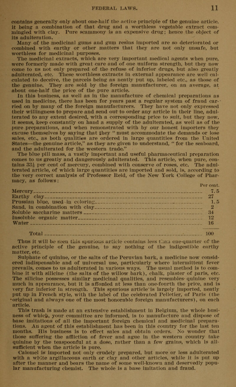 contains generally only about one-half the active principle of the genuine article, it being a combination of that drug and a worthless vegetable extract com- mingled with clay. Pure scammony is an expensive drug; hence the object of its adulteration. Many of the medicinal gums and gum resins imported are so deteriorated or combined with earthy or other matters that they are not only unsafe, but worthless for medicinal purposes. The medicinal extracts, which are very important medical agents when pure, were formerly made with great care and of one uniform strength, but they now come to us not only prepared of tlie refuse of inferior drugs, but also greatly adulterated, etc. These worthless extracts in external appearance are well cal- culated to deceive, the parcels being as neatly put up, labeled etc., as those of the genuine. They are sold by the foreign manufacturer, on an average, at about one-half the price of the pure article. In this business, as well as in the manufacture of chemical preparations as used in medicine, there has been for years past a regular system of fraud car-- ried on by many of the foreign manufacturers. They have not only expressed their willingness to prepare and send out to order any article in their line, adul- terated to any extent desired, with a corresponding price to suit, but they now, it seems, keep constantly on hand a supply of tlie adulterated, as well as of the pure preparations, and when remonstrated with by our honest importers they excuse themselves by saying that they  must accommodate the demands or lose sales, etc., as both qualities are ordered in large quantities from the United States—the genuine article, as they are given to understand,  for the seaboard, and the adulterated for the western trade. The blue pill mass, a vastly important and useful pharmaceutical preparation comes to us greatly and dangerously adulterated. This article, when pure, con- tains 33^ per cent of mercury, combined with conserve of roses, etc. The adul- terated article, of which large quantities are imported and sold, is, according to the very correct analysis of Professor Keid, of the New York College of Phar- macy, as follows: Per cent. Mercury . 7. 5 Earthy clay 27 Prussian blue, used in cclorin;:; 1.5 Sand, in combination with clay ^ 2 Soluble saccharine matters 34 Insoluble organic matter 12 Water 16 Total • 100 Thus it will be sc^eu this spurious article contains less lliaii cne-quarter of the active principle of the genuine, to say nothing of the indigestible earthy matter, etc. Sulphate of quinine, or the salts of the Peruvian bark, a medicine now consid- ered indispensable and of universal use, particularly where intermittent fever prevails, comes to us adulterated in various ways. The usual method is to com- bine it with silicine (the salts of the willow bark), chalk, plaster of paris, etc. The silicine possesses similar medicinal qualities, and resembles- quinine very much in appearance, but it is afforded at less than one-fourth the price, and is very far inferior in strength. This spurious article is largely imported, neatly put up in French style, with the label of the celebrated Pelletier, of Paris (the •original and always one of the most honorable foreign manufacturers), on each article. This trash is made at an extensive establishment in Belgium, the whole busi- ness of whicU, your committee are informed, is to manufacture and dispose of base imitations of all the important foreign chemical and medicinal prepara- tions. Ah agent of this establishment has been in this country for the last ten months. His business is to effect sales and obtain orders. No wonder that those suffering the affliction of fever and ague in the western country take quinine by the teaspoonful at a dose, rather than a few grains, which is all- sufficient when the article is pure. Calomel is imported not only crudely prepared, but more or less adulterated with a white argillaceous earth or clay and other articles, while it is put up after the manner and bears the name of some well-known and deservedly popu- lar manufacturing chemist. The whole is a base imitation and fraud.