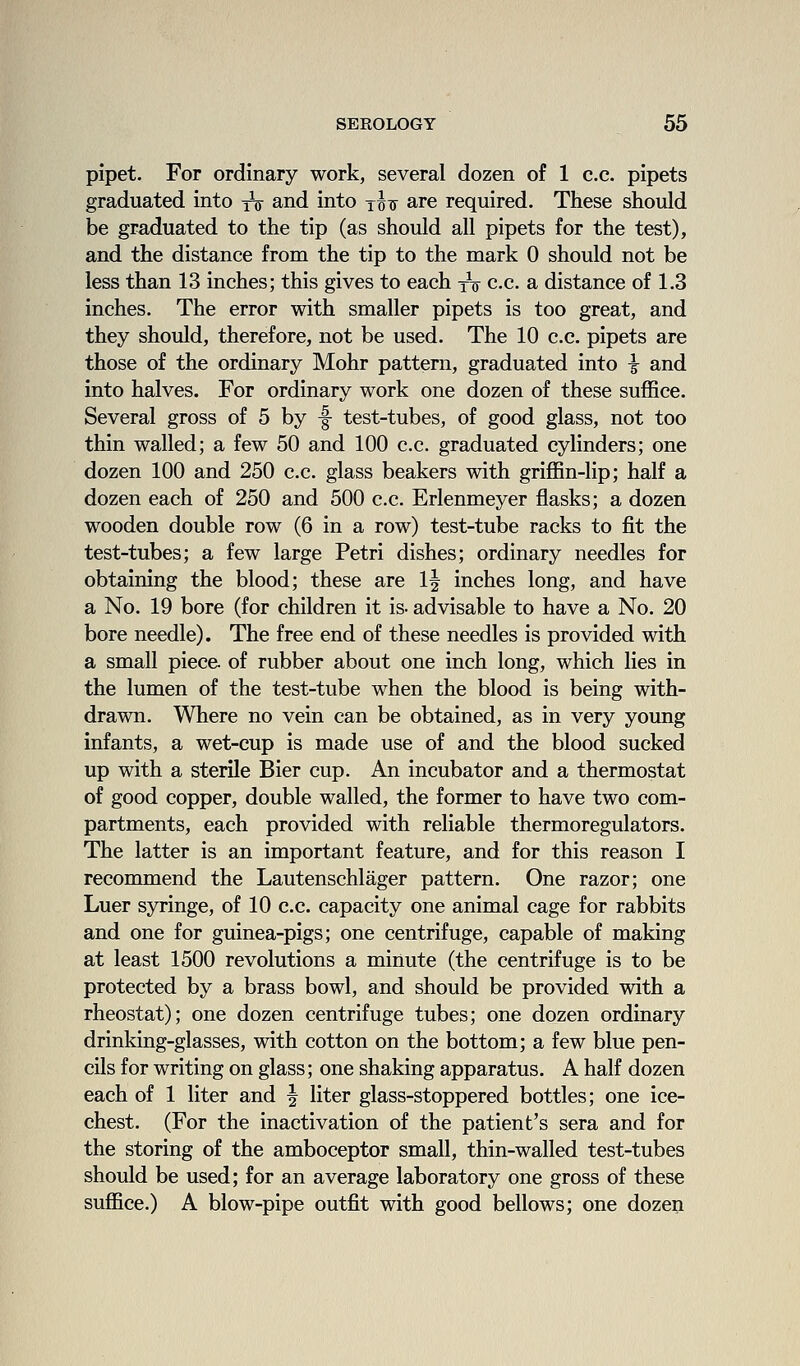 pipet. For ordinary work, several dozen of 1 c.c. pipets graduated into tV and into j^s are required. These should be graduated to the tip (as should all pipets for the test), and the distance from the tip to the mark 0 should not be less than 13 inches; this gives to each tV c.c. a distance of 1.3 inches. The error with smaller pipets is too great, and they should, therefore, not be used. The 10 c.c. pipets are those of the ordinary Mohr pattern, graduated into i and into halves. For ordinary work one dozen of these suffice. Several gross of 5 by -| test-tubes, of good glass, not too thin walled; a few 50 and 100 c.c. graduated cylinders; one dozen 100 and 250 c.c. glass beakers with griffin-lip; half a dozen each of 250 and 500 c.c. Erlenmeyer flasks; a dozen wooden double row (6 in a row) test-tube racks to fit the test-tubes; a few large Petri dishes; ordinary needles for obtaining the blood; these are 1| inches long, and have a No. 19 bore (for children it is- advisable to have a No. 20 bore needle). The free end of these needles is provided with a small piece, of rubber about one inch long, which lies in the lumen of the test-tube when the blood is being with- drawn. Where no vein can be obtained, as in very young infants, a wet-cup is made use of and the blood sucked up with a sterile Bier cup. An incubator and a thermostat of good copper, double walled, the former to have two com- partments, each provided with reliable thermoregulators. The latter is an important feature, and for this reason I recommend the Lautenschlager pattern. One razor; one Luer syringe, of 10 c.c. capacity one animal cage for rabbits and one for guinea-pigs; one centrifuge, capable of making at least 1500 revolutions a minute (the centrifuge is to be protected by a brass bowl, and should be provided with a rheostat); one dozen centrifuge tubes; one dozen ordinary drinking-glasses, with cotton on the bottom; a few blue pen- cils for writing on glass; one shaking apparatus. A half dozen each of 1 liter and ^ liter glass-stoppered bottles; one ice- chest. (For the inactivation of the patient's sera and for the storing of the amboceptor small, thin-walled test-tubes should be used; for an average laboratory one gross of these suffice.) A blow-pipe outfit with good bellows; one dozen