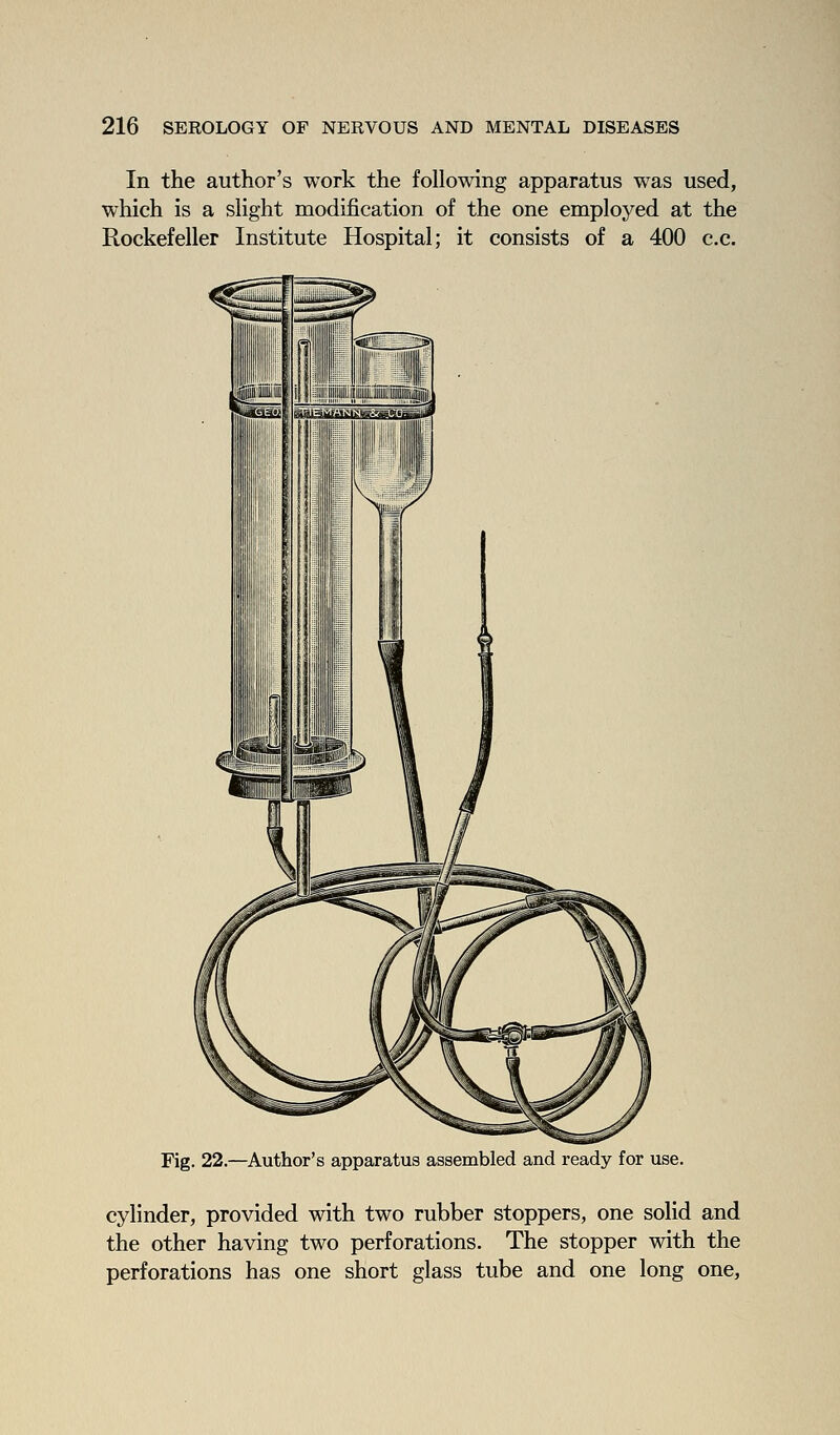 In the author's work the following apparatus was used, wliich is a slight modification of the one employed at the Rockefeller Institute Hospital; it consists of a 400 c.c. Fig. 22.—Author's apparatus assembled and ready for use. cylinder, provided with two rubber stoppers, one solid and the other having two perforations. The stopper with the perforations has one short glass tube and one long one.
