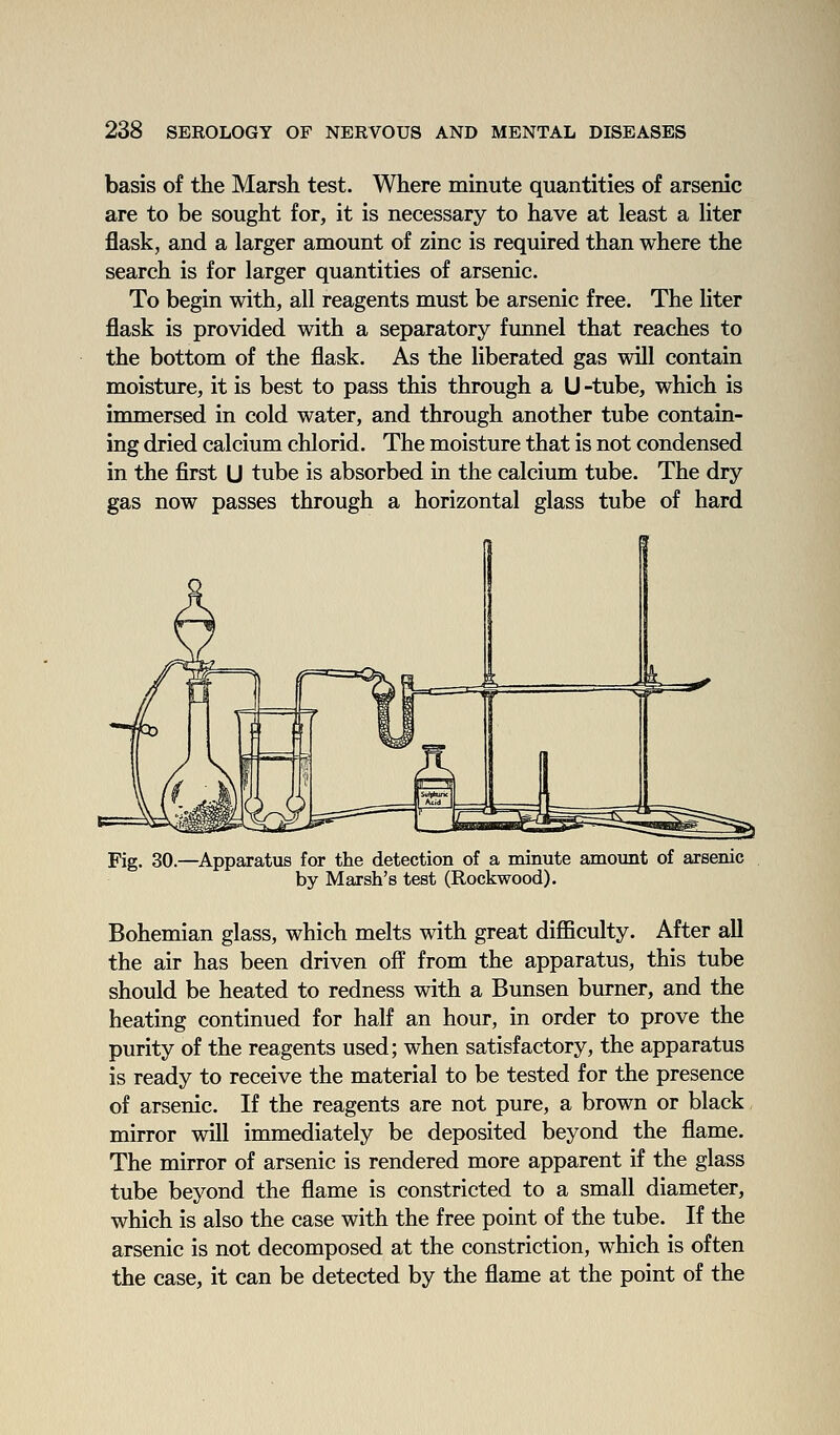 basis of the Marsh test. Where minute quantities of arsenic are to be sought for, it is necessary to have at least a Uter flask, and a larger amount of zinc is required than where the search is for larger quantities of arsenic. To begin with, all reagents must be arsenic free. The liter flask is provided with a separatory funnel that reaches to the bottom of the flask. As the liberated gas will contain moisture, it is best to pass this through a U -tube, which is immersed in cold water, and through another tube contain- ing dried calcium chlorid. The moisture that is not condensed in the first U tube is absorbed in the calcium tube. The dry gas now passes through a horizontal glass tube of hard Fig. 30.—Apparatus for the detection of a minute amount of arsenic by Marsh's test (Rockwood). Bohemian glass, which melts with great difficulty. After all the air has been driven off from the apparatus, this tube should be heated to redness with a Bunsen burner, and the heating continued for half an hour, in order to prove the purity of the reagents used; when satisfactory, the apparatus is ready to receive the material to be tested for the presence of arsenic. If the reagents are not pure, a brown or black mirror will immediately be deposited beyond the flame. The mirror of arsenic is rendered more apparent if the glass tube beyond the flame is constricted to a small diameter, which is also the case with the free point of the tube. If the arsenic is not decomposed at the constriction, which is often the case, it can be detected by the flame at the point of the