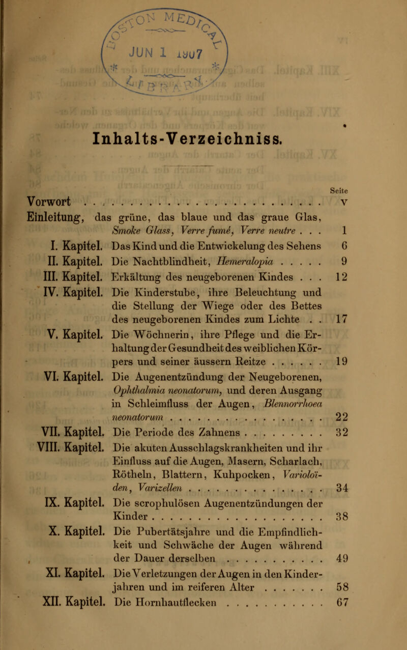 Inhalts -Verz ei chni ss. Seite Vorwort v Einleitung, das grüne, das blaue und das graue Glas, Smoke Glass, Verre fume, Verre neutre ... 1 I.Kapitel. Das Kind und die Entwicklung des Sehens 6 IL Kapitel. Die Nachtblindheit, Hemeralopia 9 III. Kapitel. Erkältung des neugeborenen Kindes ... 12 IV. Kapitel. Die Kinderstube, ihre Beleuchtung und die Stellung der Wiege oder des Bettes des neugeborenen Kindes zum Lichte . . 17 V. Kapitel. Die Wöchnerin, ihre Pflege und die Er- haltung der Gesundheit des weiblichen Kör- pers und seiner äussern Reitze 19 VI. Kapitel. Die Augenentzündung der Neugeborenen, Ophthalmia neonatorum, und deren Ausgang in Schleimfluss der Augen, Blennorrhoea neonatorum 22 VII. Kapitel. Die Periode des Zahnens 32 VIII. Kapitel. Die akuten Ausschlagskrankheiten und ihr Einfluss auf die Augen, Masern, Scharlach, Röthein, Blattern, Kuhpocken, Variolöi- den, Varizellen 34 IX. Kapitel. Die scrophulösen Augenentzündungen der Kinder 38 X. Kapitel. Die Pubertätsjahre und die Empfindlich- keit und Schwäche der Augen während der Dauer derselben 49 XI. Kapitel. Die Verletzungen der Augen in den Kinder- jahren und im reiferen Alter 58 XII. Kapitel. Die Hornhautflecken 67