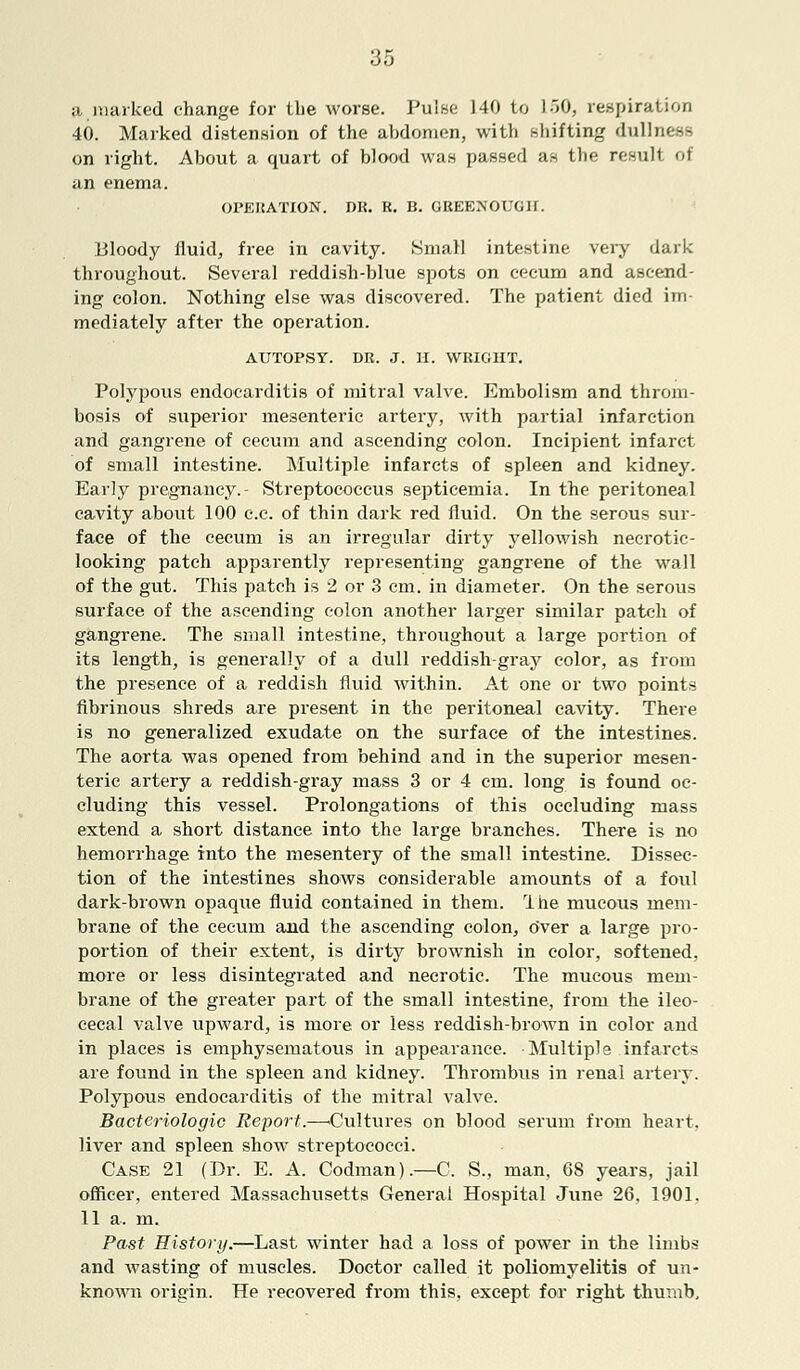 a marked change for the worse. Pulse 140 to 150, respiration 40. Marked distension of the abdomen, with shifting dullness on right. About a quart of blood was passed as the result of an enema. OPERATION. DR. K. B. GREENOUGH. Bloody fluid, free in cavity. Small intestine very dark throughout. Several reddish-blue spots on cecum and ascend- ing colon. Nothing else was discovered. The patient died im- mediately after the operation. AUTOPSY. DR. J. H. WRIGHT. Polypous endocarditis of mitral valve. Embolism and throm- bosis of superior mesenteric artery, with partial infarction and gangrene of cecum and ascending colon. Incipient infarct of small intestine. Multiple infarcts of spleen and kidney. Early pregnancy.- Streptococcus septicemia. In the peritoneal cavity about 100 e.c. of thin dark red fluid. On the serous sur- face of the cecum is an irregular dirty yellowish necrotic- looking patch apparently representing gangrene of the wall of the gut. This patch is 2 or 3 cm. in diameter. On the serous surface of the ascending colon another larger similar patch of gangrene. The small intestine, throughout a large portion of its length, is generally of a dull reddish-gray color, as from the presence of a reddish fluid within. At one or two points fibrinous shreds are present in the peritoneal cavity. There is no generalized exudate on the surface of the intestines. The aorta was opened from behind and in the superior mesen- teric artery a reddish-gray mass 3 or 4 cm. long is found oc- cluding this vessel. Prolongations of this occluding mass extend a short distance into the large branches. There is no hemorrhage into the mesentery of the small intestine. Dissec- tion of the intestines shows considerable amounts of a foul dark-brown opaque fluid contained in them. I he mucous mem- brane of the cecum and the ascending colon, Over a large pro- portion of their extent, is dirty brownish in color, softened, more or less disintegrated and necrotic. The mucous mem- brane of the greater part of the small intestine, from the ileo- cecal valve upward, is more or less reddish-brown in color and in places is emphysematous in appearance. Multiple infarcts are found in the spleen and kidney. Thrombus in renal artery. Polypous endocarditis of the mitral valve. Bacteriologic Report.—.Cultures on blood serum from heart. liver and spleen show streptococci. Case 21 (Dr. E. A. Codman).—C. S., man, 68 years, jail officer, entered Massachusetts General Hospital June 26, 1901. 11 a. m. Past History.—Last winter had a loss of power in the limbs and wasting of muscles. Doctor called it poliomyelitis of un- known origin. He recovered from this, except for right thumb.