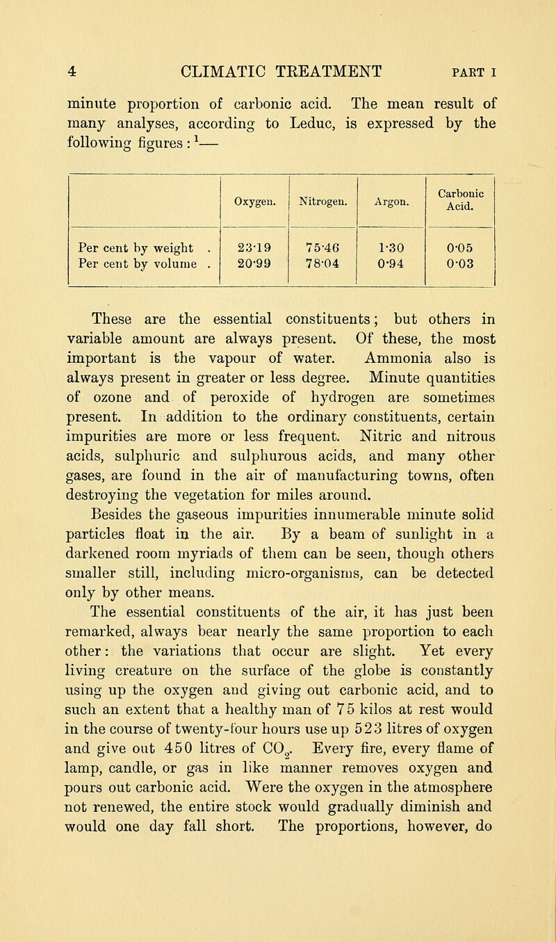 minute proportion of carbonic acid. The mean result of many analyses, according to Leduc, is expressed by the following figures : ^— Oxygeu. Nitrogen. Argon. Carbonic Acid. Per cent by weight . Per cent by volume . 2;3-19 20-99 75-46 78-04 1-30 0-94 0-05 0-03 These are the essential constituents; but others in variable amount are always present. Of these, the most important is the vapour of water. Ammonia also is always present in greater or less degree. Minute quantities of ozone and of peroxide of hydrogen are sometimes present. In addition to the ordinary constituents, certain impurities are more or less frequent. Nitric and nitrous acids, sulphuric and sulphurous acids, and many other gases, are found in the air of manufacturing towns, often destroying the vegetation for miles around. Besides the gaseous impurities innumerable minute solid particles float in the air. By a beam of sunlight in a darkened room myriads of them can be seen, though others smaller still, including micro-organisms, can be detected only by other means. The essential constituents of the air, it has just been remarked, always bear nearly the same proportion to each other: the variations that occur are slight. Yet every living creature on the surface of the globe is constantly using up the oxygen and giving out carbonic acid, and to such an extent that a healthy man of 7 5 kilos at rest would in the course of twenty-four hours use up 523 litres of oxygen and give out 450 litres of CO^. Every fire, every flame of lamp, candle, or gas in like manner removes oxygen and pours out carbonic acid. Were the oxygen in the atmosphere not renewed, the entire stock would gradually diminish and would one day fall short. The proportions, however, do