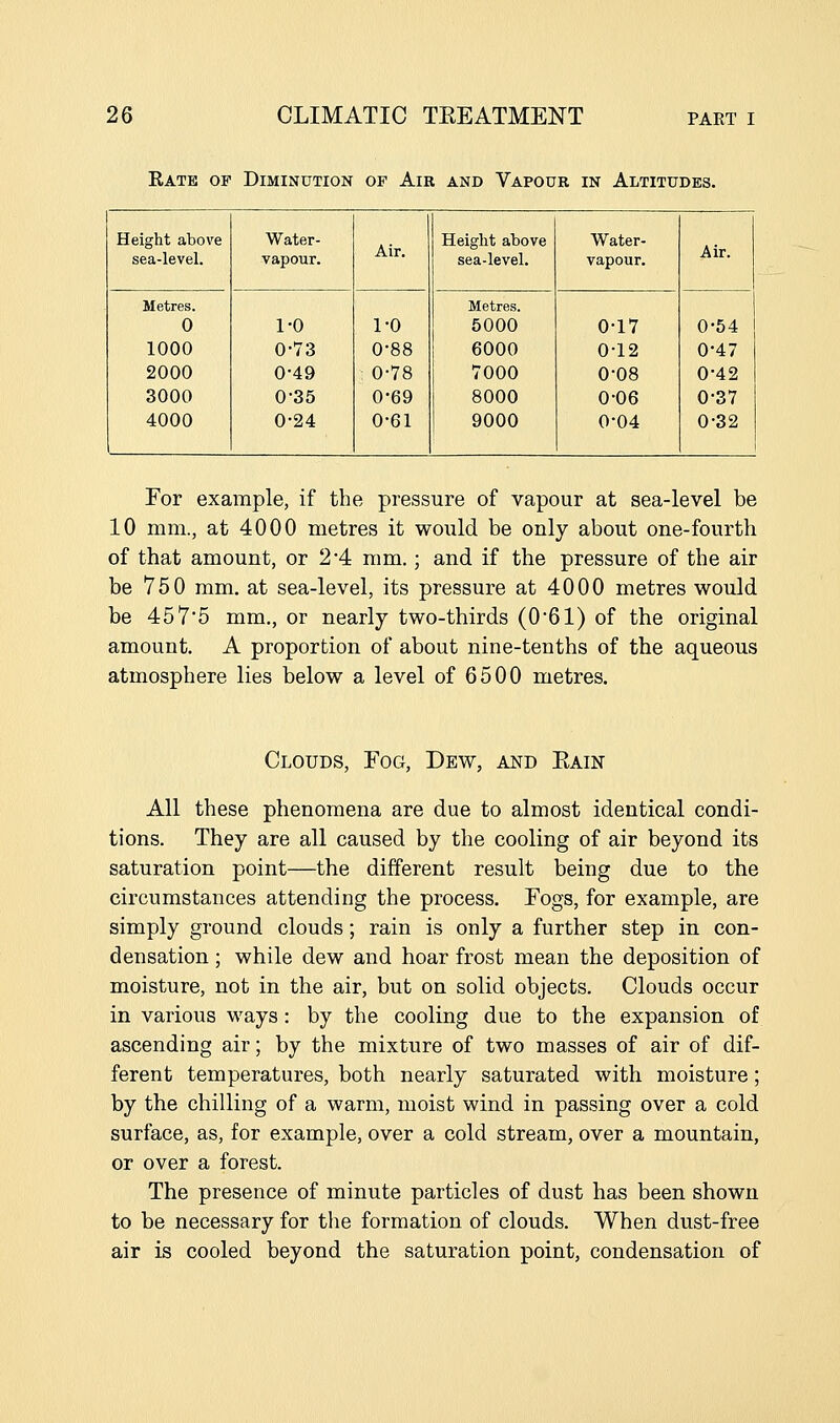 Rate of Diminution of Air and Vapour in Altitudes. Height above sea-level. Water- vapour. Air. Height above sea-level. Water- vapour. Air. Metres. Metres. 0 1-0 1-0 5000 0-17 0-54 1000 0-73 0-88 6000 0-12 0-47 2000 0-49 0-78 1 7000 0-08 0-42 3000 0-35 0-69 8000 0-06 0-37 4000 0-24 0-61 9000 0-04 0-32 For example, if the pressure of vapour at sea-level be 10 mm., at 4000 metres it would be only about one-fourth of that amount, or 2*4 mm.; and if the pressure of the air be 750 mm. at sea-level, its pressure at 4000 metres would be 457*5 mm., or nearly two-thirds (0*61) of the original amount. A proportion of about nine-tenths of the aqueous atmosphere lies below a level of 6500 metres. Clouds, Fog, Dew, and Eain All these phenomena are due to almost identical condi- tions. They are all caused by the cooling of air beyond its saturation point—the different result being due to the circumstances attending the process. Fogs, for example, are simply ground clouds; rain is only a further step in con- densation ; while dew and hoar frost mean the deposition of moisture, not in the air, but on solid objects. Clouds occur in various ways: by the cooling due to the expansion of ascending air; by the mixture of two masses of air of dif- ferent temperatures, both nearly saturated with moisture; by the chilling of a warm, moist wind in passing over a cold surface, as, for example, over a cold stream, over a mountain, or over a forest. The presence of minute particles of dust has been shown to be necessary for tlie formation of clouds. When dust-free air is cooled beyond the saturation point, condensation of