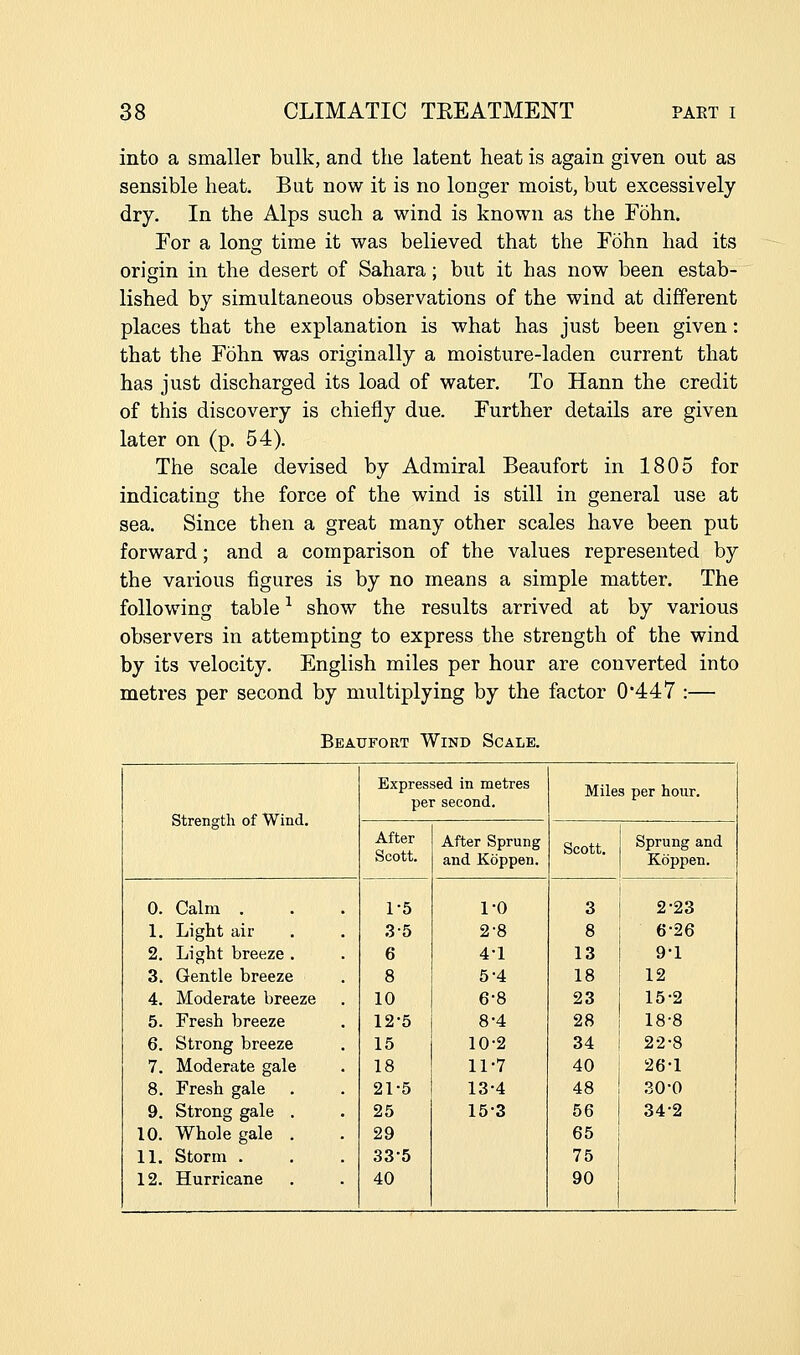 into a smaller bulk, and the latent heat is again given out as sensible heat. But now it is no longer moist, but excessively dry. In the Alps such a wind is known as the Fohn. For a lonsf time it was believed that the Eohn had its origin in the desert of Sahara; but it has now been estab- lished by simultaneous observations of the wind at different places that the explanation is what has just been given: that the Fohn was originally a moisture-laden current that has just discharged its load of water. To Hann the credit of this discovery is chiefly due. Further details are given later on (p. 54). The scale devised by Admiral Beaufort in 1805 for indicating the force of the wind is still in general use at sea. Since then a great many other scales have been put forward; and a comparison of the values represented by the various figures is by no means a simple matter. The following table ^ show the results arrived at by various observers in attempting to express the strength of the wind by its velocity. English miles per hour are converted into metres per second by multiplying by the factor 0'447 :— Beaufort Wind Scale. Strength of Wind. Expressed in metres per second. Miles per hour. After Scott. After Sprung and Koppen. Scott. Sprung and Kdppen. 0. Calm . 1-5 ro 3 2-23 1. Light air 3-5 2-8 8 6-26 2. Light breeze . 6 4-1 13 9-1 3. Gentle breeze 8 5-4 18 12 4. Moderate breeze 10 6-8 23 15-2 5. Fresh breeze 12-5 8-4 28 18-8 6. Strong breeze 15 10-2 34 22-8 7. Moderate gale 18 11-7 40 26-1 8. Fresh gale . 21-5 13-4 48 30-0 9. Strong gale . 25 15-3 56 34-2 10. Whole gale . 29 65 11. Storm . 33-5 75 12. Hurricane 40 90