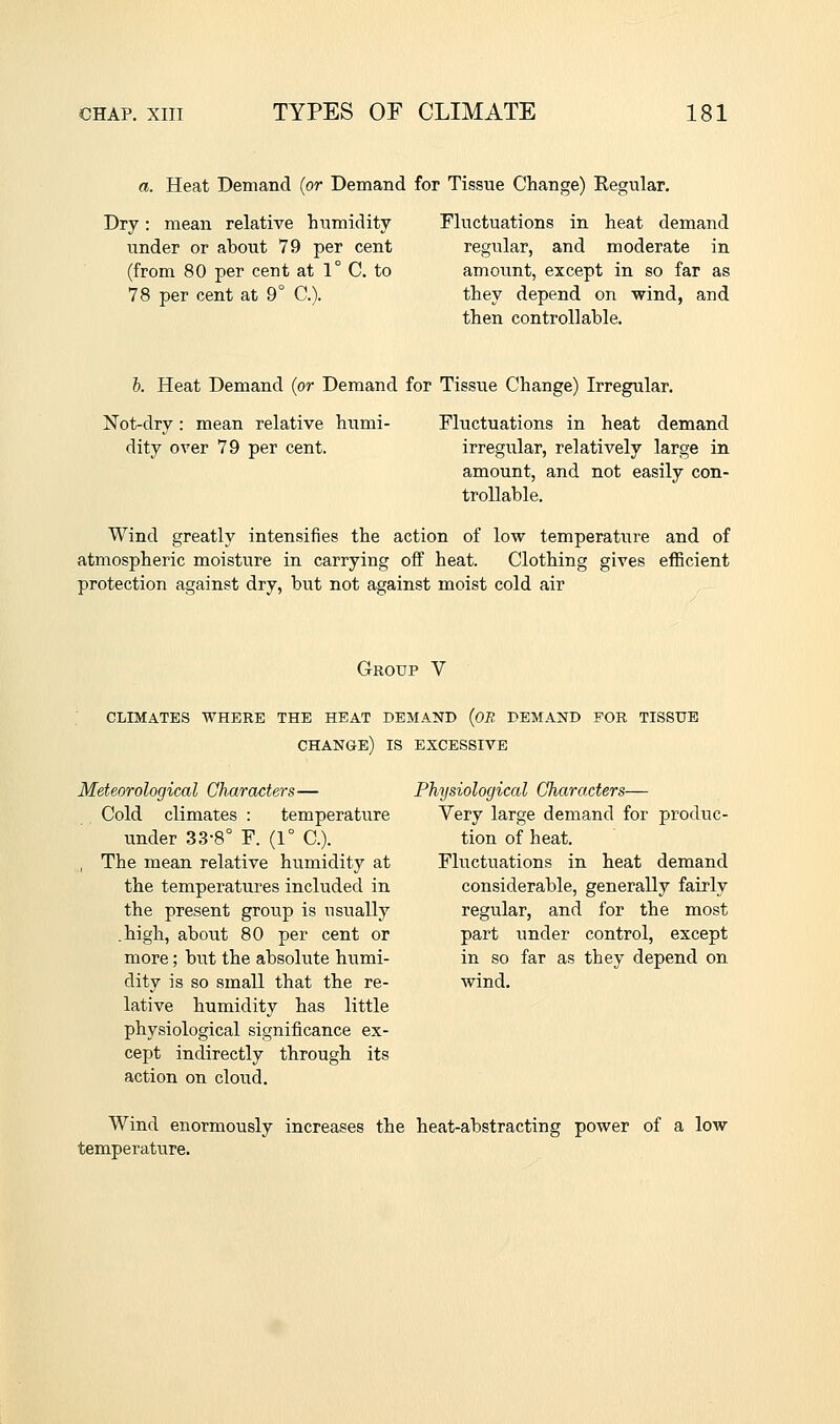 a. Heat Demand {or Demand for Tissue Change) Eegular. Dry: mean relative humidity under or about 79 per cent (from 80 per cent at 1° C. to 78 per cent at 9° C). Fhictuations in heat demand regular, and moderate in amount, except in so far as they depend on wind, and then controllable. h. Heat Demand {or Demand for Tissue Change) Irregular. Not-dry : mean relative humi- dity over 79 per cent. Fluctuations in heat demand irregular, relatively large in amount, and not easily con- trollable. Wind greatly intensifies the action of low temperature and of atmospheric moisture in carrying off heat. Clothing gives efficient protection against dry, but not against moist cold air Group V climates where the heat demand {or demand for tissue change) is excessive Meteorological Characters— Cold climates : temperature under 33-8° F. (1° C). , The mean relative humidity at the temperatures included in the present group is usually .high, about 80 per cent or more; but the absolute humi- dity is so small that the re- lative humidity has little physiological significance ex- cept indirectly through its action on cloud. Physiological Characters— Very large demand for produc- tion of heat. Fluctuations in heat demand considerable, generally fairly regular, and for the most part under control, except in so far as they depend on wind. Wind enormously increases the heat-abstracting power of a low temperature.