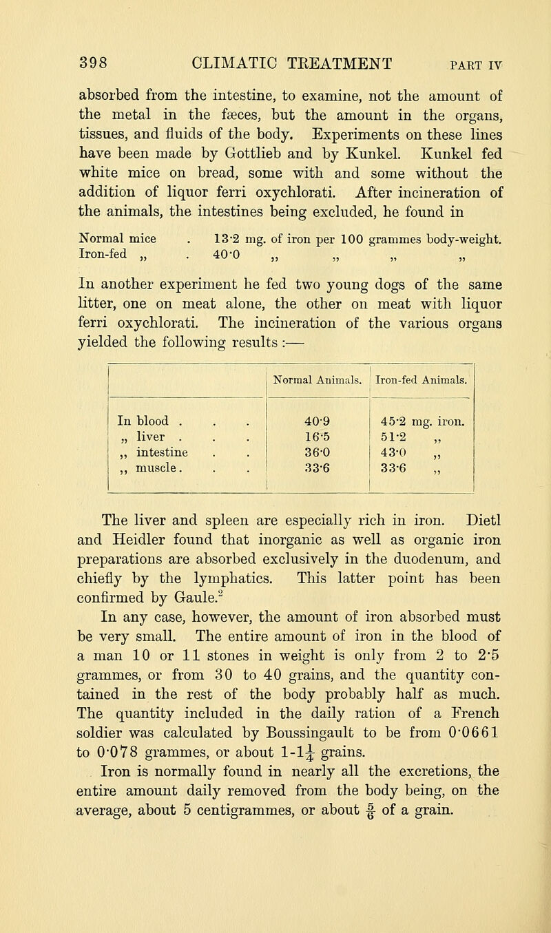 absorbed from the intestine, to examine, not the amount of the metal in the fseces, but the amount in the organs, tissues, and fluids of the body. Experiments on these Hues have been made by Gottlieb and by Kunkel. Kunkel fed white mice on bread, some with and some without the addition of liquor ferri oxychlorati. After incineration of the animals, the intestines being excluded, he found in Normal mice . 13-2 mg. of iron per 100 grammes body-weight. Iron-fed „ .40-0 In another experiment he fed two young dogs of the same litter, one on meat alone, the other on meat with liquor ferri oxychlorati. The incineration of the various organs yielded the following results :— Normal Animals. | Iron-fed Animals. In blood . „ liver . ,, intestine ,, muscle. 40-9 16-5 36-0 33-6 45-2 mg. iron. 51-2 43-0 „ 33-6 The liver and spleen are especially rich in iron. Dietl and Heidler found that inorganic as well as oiganic iron preparations are absorbed exclusively in the duodenum, and chiefly by the lymphatics. This latter point has been confirmed by Gaule.^ In any case, however, the amount of iron absorbed must be very small. The entire amount of iron in the blood of a man 10 or 11 stones in weight is only from 2 to 2*5 grammes, or from 30 to 40 grains, and the quantity con- tained in the rest of the body probably half as much. The quantity included in the daily ration of a French soldier was calculated by Boussingault to be from 0'0661 to 0078 grammes, or about I-I3: grains. Iron is normally found in nearly all the excretions, the entire amount daily removed from the body being, on the average, about 5 centigrammes, or about |^ of a grain.