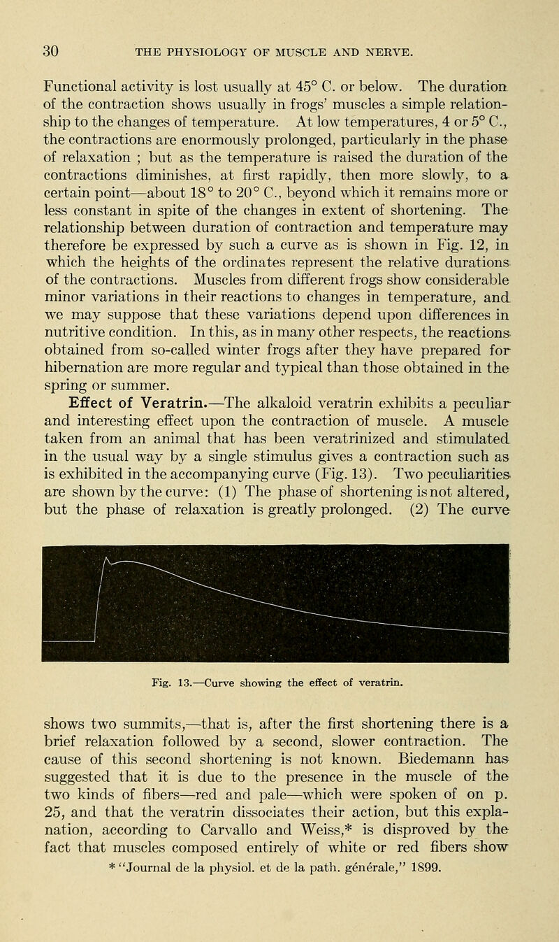 Functional activity is lost usually at 45° C. or below. The duration of the contraction shows usually in frogs' muscles a simple relation- ship to the changes of temperature. At low temperatures, 4 or 5° C, the contractions are enormously prolonged, particularly in the phase of relaxation ; but as the temperature is raised the duration of the contractions diminishes, at first rapidly, then more slowly, to a. certain point—about 18° to 20° C, beyond which it remains more or less constant in spite of the changes in extent of shortening. The relationship between duration of contraction and temperature may therefore be expressed by such a curve as is shown in Fig. 12, in which the heights of the ordinates represent the relative durations of the contractions. Muscles from different frogs show considerable minor variations in their reactions to changes in temperature, and. we may suppose that these variations depend upon differences in nutritive condition. In this, as in many other respects, the reactions- obtained from so-called winter frogs after they have prepared for hibernation are more regular and typical than those obtained in the spring or summer. Effect of Veratrin.—The alkaloid veratrin exhibits a peculiar and interesting effect upon the contraction of muscle. A muscle taken from an animal that has been veratrinized and stimulated in the usual way by a single stimulus gives a contraction such as is exhibited in the accompanying curve (Fig. 13). Two peculiarities, are shown by the curve: (1) The phase of shortening is not altered, but the phase of relaxation is greatly prolonged. (2) The curve Fig. 13.—Curve showing the effect of veratrin, shows two summits,—that is, after the first shortening there is a brief relaxation followed by a second, slower contraction. The cause of this second shortening is not known. Biedemann has suggested that it is due to the presence in the muscle of the two kinds of fibers—red and pale—which were spoken of on p. 25, and that the veratrin dissociates their action, but this expla- nation, according to Carvallo and Weiss,* is disproved by the fact that muscles composed entirely of white or red fibers show * Journal de la physiol. et de la path, generale, 1899.