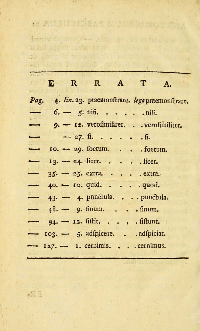 E R R A. Pag. 4. //«.23. ptaemonftrare. /«gepraemonflrare. — 6. — 5. nifi. . . , . . nifi. •— 9. — i£. verofimilirer. . .verofimiliter* — — 27. fi. . . . , . ,fi. ^ 10. — 29. foetum. . . foetum. — 13. — 24. licci:. • . . .licet» — 35- — 25- exrra.. , . . . extra. — 40. -—12. quid. . . . . quod. ^ 43. — 4. pnndlula. . . .pundlula. 48. — 9. finum. . . * finum. — 94. — 12. fillit. . . , . fiftunt. — 103« — 5« adfpicere. . . adfpiciat. -~» 127. — I. cernimis. , . . cernimus.