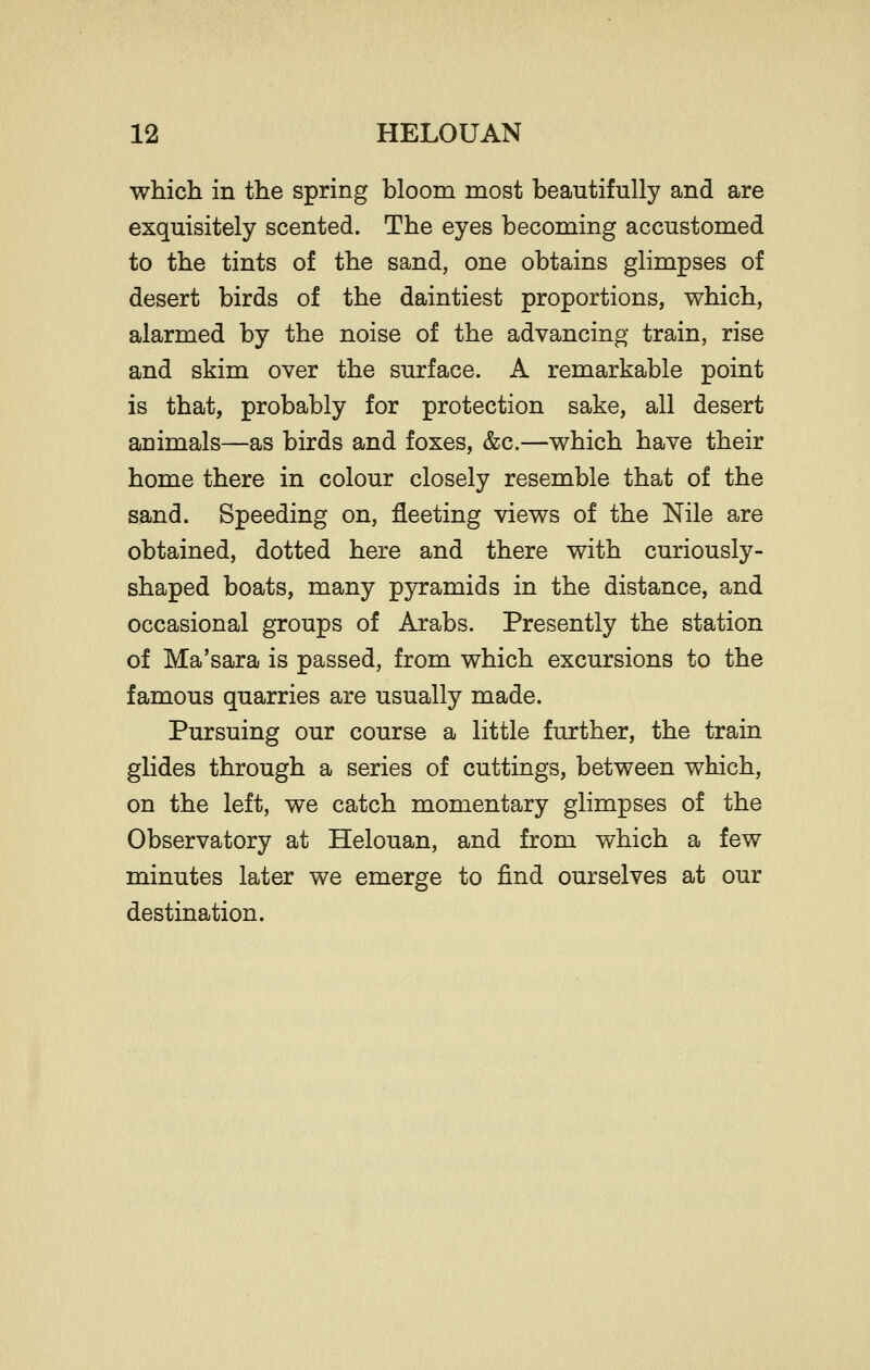 which in the spring bloom most beautifully and are exquisitely scented. The eyes becoming accustomed to the tints of the sand, one obtains glimpses of desert birds of the daintiest proportions, which, alarmed by the noise of the advancing train, rise and skim over the surface. A remarkable point is that, probably for protection sake, all desert animals—as birds and foxes, &c.—which have their home there in colour closely resemble that of the sand. Speeding on, fleeting views of the Nile are obtained, dotted here and there with curiously- shaped boats, many pyramids in the distance, and occasional groups of Arabs. Presently the station of Ma'sara is passed, from which excursions to the famous quarries are usually made. Pursuing our course a little further, the train gHdes through a series of cuttings, between which, on the left, we catch momentary glimpses of the Observatory at Helouan, and from which a few minutes later we emerge to find ourselves at our destination.