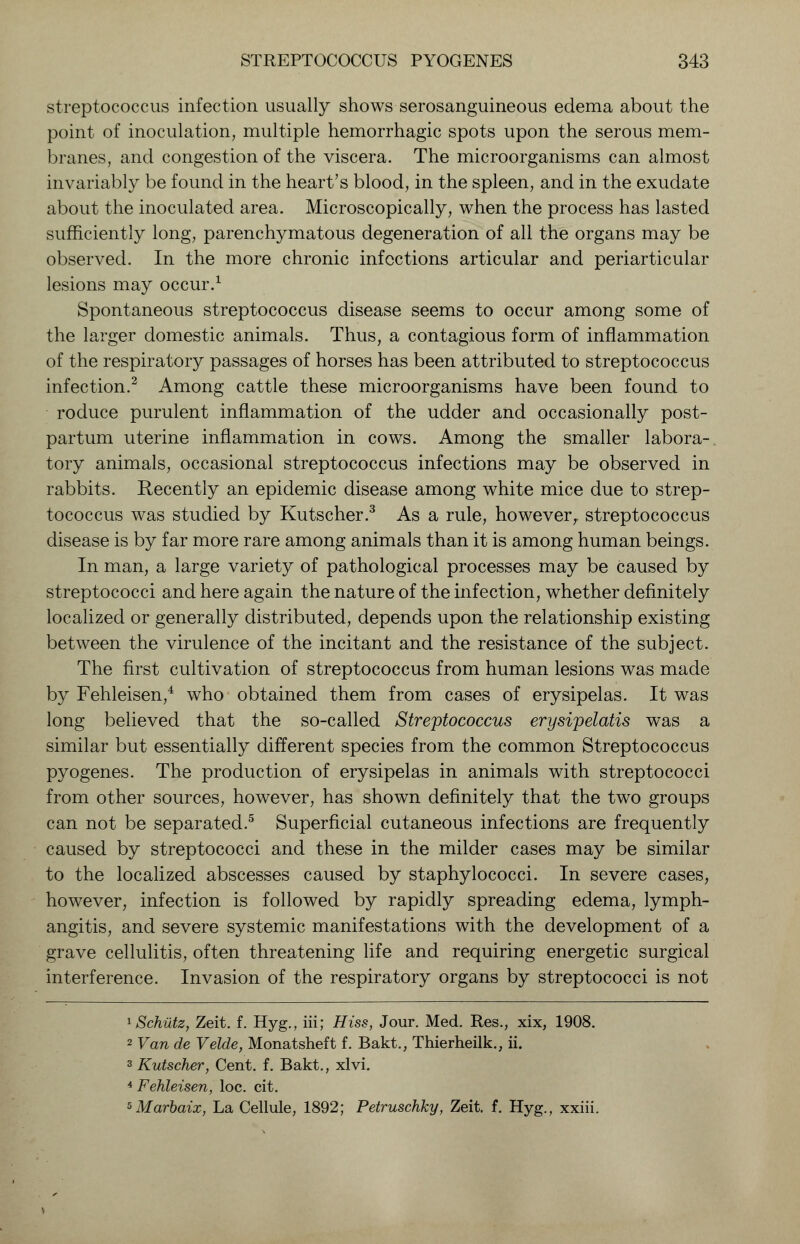 streptococcus infection usually shows serosanguineous edema about the point of inoculation, multiple hemorrhagic spots upon the serous mem- branes, and congestion of the viscera. The microorganisms can almost invariably be found in the heart's blood, in the spleen, and in the exudate about the inoculated area. Microscopically, when the process has lasted sufficiently long, parenchymatous degeneration of all the organs may be observed. In the more chronic infections articular and periarticular lesions may occur.1 Spontaneous streptococcus disease seems to occur among some of the larger domestic animals. Thus, a contagious form of inflammation of the respiratory passages of horses has been attributed to streptococcus infection.2 Among cattle these microorganisms have been found to roduce purulent inflammation of the udder and occasionally post- partum uterine inflammation in cows. Among the smaller labora- tory animals, occasional streptococcus infections may be observed in rabbits. Recently an epidemic disease among white mice due to strep- tococcus was studied by Kutscher.3 As a rule, however,, streptococcus disease is by far more rare among animals than it is among human beings. In man, a large variety of pathological processes may be caused by streptococci and here again the nature of the infection, whether definitely localized or generally distributed, depends upon the relationship existing between the virulence of the incitant and the resistance of the subject. The first cultivation of streptococcus from human lesions was made by Fehleisen,4 who obtained them from cases of erysipelas. It was long believed that the so-called Streptococcus erysipelatis was a similar but essentially different species from the common Streptococcus pyogenes. The production of erysipelas in animals with streptococci from other sources, however, has shown definitely that the two groups can not be separated.5 Superficial cutaneous infections are frequently caused by streptococci and these in the milder cases may be similar to the localized abscesses caused by staphylococci. In severe cases, however, infection is followed by rapidly spreading edema, lymph- angitis, and severe systemic manifestations with the development of a grave cellulitis, often threatening life and requiring energetic surgical interference. Invasion of the respiratory organs by streptococci is not 1 Schiitz, Zeit. f. Hyg., iii; Hiss, Jour. Med. Res., xix, 1908. 2 Van de Velde, Monatsheft f. Bakt., Thierheilk., ii. 3 Kutscher, Cent. f. Bakt., xlvi. 4 Fehleisen, loc. cit. 5Marbaix, La Cellule, 1892; Petruschky, Zeit. f. Hyg., xxiii.