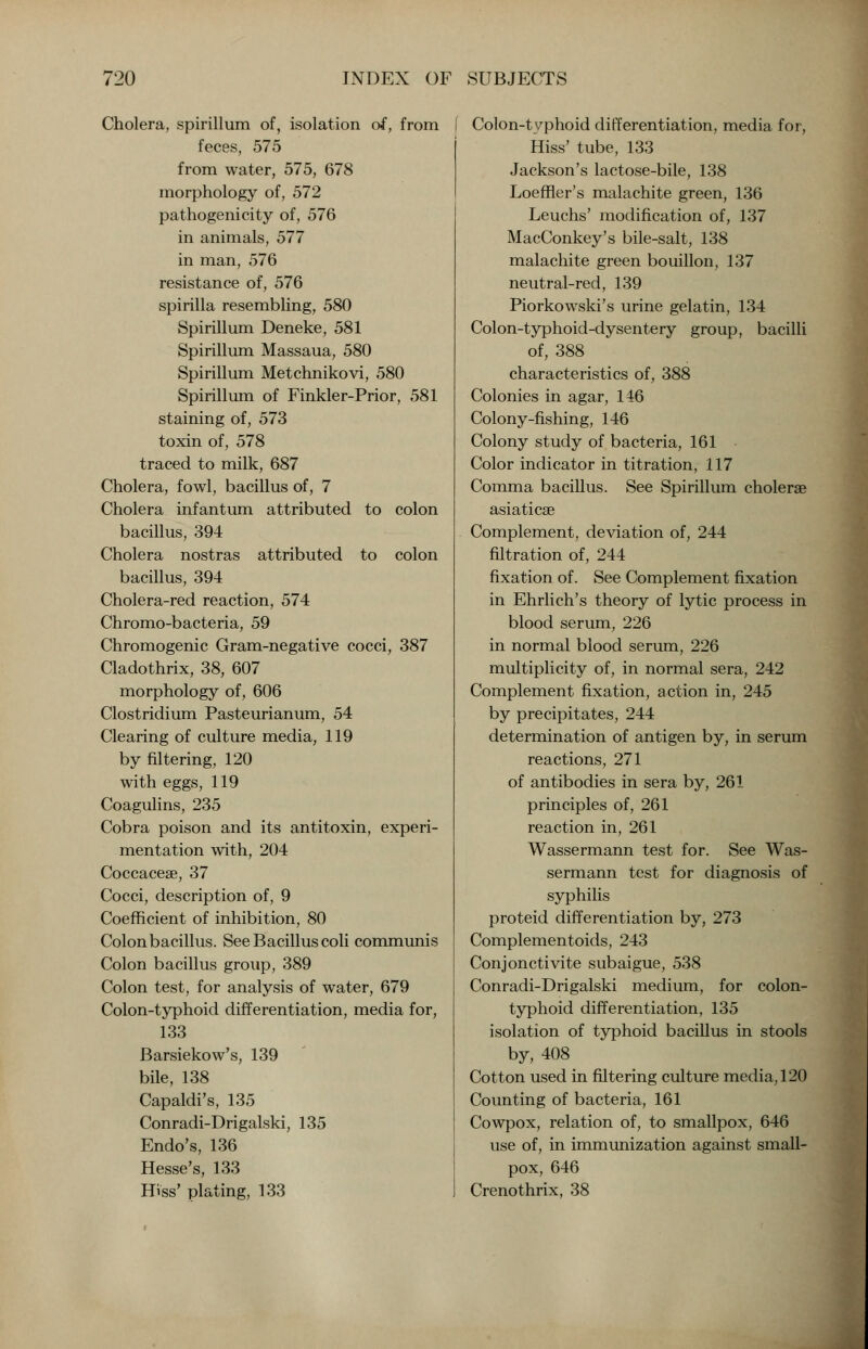 Cholera, spirillum of, isolation of, from feces, 575 from water, 575, 678 morphology of, 572 pathogenicity of, 576 in animals, 577 in man, 576 resistance of, 576 spirilla resembling, 580 Spirillum Deneke, 581 Spirillum Massaua, 580 Spirillum Metchnikovi, 580 Spirillum of Finkler-Prior, 581 staining of, 573 toxin of, 578 traced to milk, 687 Cholera, fowl, bacillus of, 7 Cholera infantum attributed to colon bacillus, 394 Cholera nostras attributed to colon bacillus, 394 Cholera-red reaction, 574 Chromo-bacteria, 59 Chromogenic Gram-negative cocci, 387 Cladothrix, 38, 607 morphology of, 606 Clostridium Pasteurianum, 54 Clearing of culture media, 119 by filtering, 120 with eggs, 119 Coagulins, 235 Cobra poison and its antitoxin, experi- mentation with, 204 Coccaceae, 37 Cocci, description of, 9 Coefficient of inhibition, 80 Colon bacillus. See Bacillus coli communis Colon bacillus group, 389 Colon test, for analysis of water, 679 Colon-typhoid differentiation, media for, 133 Barsiekow's, 139 bile, 138 Capaldi's, 135 Conradi-Drigalski, 135 Endo's, 136 Hesse's, 133 Hiss' plating, 133 Colon-typhoid differentiation, media for, Hiss' tube, 133 Jackson's lactose-bile, 138 Loeffler's malachite green, 136 Leuchs' modification of, 137 MacConkey's bile-salt, 138 malachite green bouillon, 137 neutral-red, 139 Piorkowski's urine gelatin, 134 Colon-typhoid-dysentery group, bacilli of, 388 characteristics of, 388 Colonies in agar, 146 Colony-fishing, 146 Colony study of bacteria, 161 Color indicator in titration, 117 Comma bacillus. See Spirillum cholerae asiaticse Complement, deviation of, 244 filtration of, 244 fixation of. See Complement fixation in Ehrlich's theory of lytic process in blood serum, 226 in normal blood serum, 226 multiplicity of, in normal sera, 242 Complement fixation, action in, 245 by precipitates, 244 determination of antigen by, in serum reactions, 271 of antibodies in sera by, 261 principles of, 261 reaction in, 261 Wassermann test for. See Was- sermann test for diagnosis of syphilis proteid differentiation by, 273 Complementoids, 243 Conjonctivite subaigue, 538 Conradi-Drigalski medium, for colon- typhoid differentiation, 135 isolation of typhoid bacillus in stools by, 408 Cotton used in filtering culture media, 120 Counting of bacteria, 161 Cowpox, relation of, to smallpox, 646 use of, in immunization against small- pox, 646 Crenothrix, 38