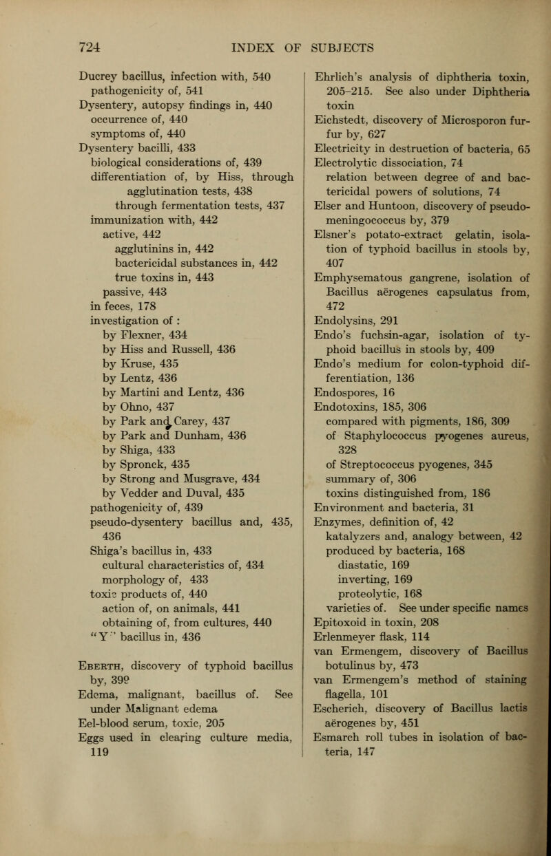 Ducrey bacillus, infection with, 540 pathogenicity of, 541 Dysentery, autopsy findings in, 440 occurrence of, 440 symptoms of, 440 Dysentery bacilli, 433 biological considerations of, 439 differentiation of, by Hiss, through agglutination tests, 438 through fermentation tests, 437 immunization with, 442 active, 442 agglutinins in, 442 bactericidal substances in, 442 true toxins in, 443 passive, 443 in feces, 178 investigation of : by Flexner, 434 by Hiss and Russell, 436 by Kruse, 435 by Lentz, 436 by Martini and Lentz, 436 by Ohno, 437 by Park and Carey, 437 by Park and Dunham, 436 by Shiga, 433 by Spronck, 435 by Strong and Musgrave, 434 by Vedder and Duval, 435 pathogenicity of, 439 pseudo-dysentery bacillus and, 435, 436 Shiga's bacillus in, 433 cultural characteristics of, 434 morphology of, 433 toxi? products of, 440 action of, on animals, 441 obtaining of, from cultures, 440 Y bacillus in, 436 Eberth, discovery of typhoid bacillus by, 399 Edema, malignant, bacillus of. See under Malignant edema Eel-blood serum, toxic, 205 Eggs used in clearing culture media, 119 Ehrlich's analysis of diphtheria toxin, 205-215. See also under Diphtheria toxin Eichstedt, discovery of Microsporon fur- fur by, 627 Electricity in destruction of bacteria, 65 Electrolytic dissociation, 74 relation between degree of and bac- tericidal powers of solutions, 74 Elser and Huntoon, discovery of pseudo- meningococcus by, 379 Eisner's potato-extract gelatin, isola- tion of typhoid bacillus in stools by, 407 Emphysematous gangrene, isolation of Bacillus aerogenes capsulatus from, 472 Endolysins, 291 Endo's fuchsin-agar, isolation of ty- phoid bacillus in stools by, 409 Endo's medium for colon-typhoid dif- ferentiation, 136 Endospores, 16 Endotoxins, 185, 306 compared with pigments, 186, 309 of Staphylococcus pyogenes aureus, 328 of Streptococcus pyogenes, 345 summary of, 306 toxins distinguished from, 186 Environment and bacteria, 31 Enzymes, definition of, 42 katalyzers and, analogy between, 42 produced by bacteria, 168 diastatic, 169 inverting, 169 proteolytic, 168 varieties of. See under specific names Epitoxoid in toxin, 208 Erlenmeyer flask, 114 van Ermengem, discovery of Bacillus botulinus by, 473 van Ermengem's method of staining flagella, 101 Escherich, discovery of Bacillus lactis aerogenes by, 451 Esmarch roll tubes in isolation of bac- teria, 147