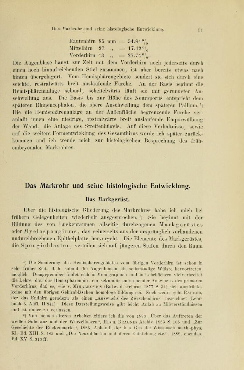 Eautenliirn 85 mm = 54.84^0 Mittelhirn 27 „ = 17.42^7^, Vorderhirn 43 „ -= 27.74 ^/^j. Die Augenblase hängt zur Zeit mit dem Vorderhirn noch jederseits durch einen hoch hinaufreichenden Stiel zusammen, ist aber bereits etwas nach hinten ttbergelagert. Vom Hemisphärengebiete sondert sie sich durch eine seichte, rostralwärts breit auslaufende Furche. An der Basis beginnt die Hemisphärenaulage schmal, scheitelwärts läuft sie mit gerundeter An- schwellung aus. Die Basis bis zur Höhe des Xeuroporus entspricht dem späteren Rhinencepbalon, die obere Anschwellung dem späteren Pallium.^) Die die Hemisphärenanlage an der Außenfläche begrenzende Furche ver- anlaßt innen eine niedrige, rostralwärts breit auslaufende Emporwölbung der Wand, die Anlage des Streifenhügels. Auf diese Verhältnisse, soAvie auf die weitere Formentwicklung des Gesamthirns Averde ich später zurück- kommen und ich wende mich zur histologischen Besprechung des früh- embryonalen Markrohres. Das Markrohr und seine histologische Entwicklung. Das Markgertist. Über die histologische Gliederung des Markrohres habe ich mich bei frühern Gelegenheiten wiederholt ausgesprochen. -) Sie beginnt mit der Bildung des von Lückenräumen allseitig durchzogeneu Markgerüstes oder M Y e 10 s p 0 n g i u m s, das seinerseits aus der ursprünglich vorhandeueu undurchbrocheneu Epithelplatte hervorgeht. Die Elemente des Markgerüstes, die Spongioblasten, verteilen sich auf jüngeren Stufen durch den Raum ^) Die Sonderung des Hemisphärengebietes vom übrigen Vorderhirn ist schon in sehr fi-üher Zeit, d. h. sobald die Augenblasen als selbständige Wülste hervortreten, möglich. Demgegenüber findet sich in Monographien und in Lehrbüchern vielverbreitet die Lehre, daß das Hemisphärenhirn ein sekundär entstehender Auswuchs des primären Vorderhirns, daß es, wie v. Mihalkovics (Entw. d. Gehirns IST S. 34) sich ausdrückt, keine mit den übrigen Gehirnbläschen homologe Bildung sei. IS^och weiter geht Eaüber, der das Endhirn geradezu als einen ,.Auswuchs des Zwischeuhirus- bezeichnet (Lehr- buch 6. Aufl. II 941). Diese Darstellungsweise gibt leicht Anlaß zu Mißverständnissen und ist daher zu verlassen. -) Von meinen älteren Arbeiten zitiere ich die von 1SS3 „Über das Auftreten der weißen Substanz und der Wurzelfasern, His u. Beauxes Archiv 1SS3 8. 165 und ..Zur Geschichte des Rückenmarks, 18S6, Abhandl. der k. s. Ges. der Wissensch. math.-phys. Kl. Bd. XIII S. 4S5 und „Die Neuroblasten und deren Entstehung etc., 18S9, ebeudas. Bd. XV S. 313 ff.