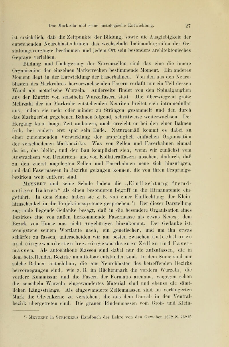 ist ersichtlich, daß die Zeitpunkte der Bildung-, sowie die Ausgiebigkeit der entstehenden Neuroblastenbruten das wechselnde Ineinandergreifen der Ge- staltungsvorgänge bestimmen und jedem Ort sein besonders architektonisches Gepräge verleihen, Bildung und ümlagerung der Nervenzellen sind das eine die innere Organisation der einzelnen Markstrecken bestimmende Moment. Ein anderes Moment liegt in der Entwicklung der Faserbahnen. Von den aus den Xeuro- blasten des Markrohres hervorwachsenden Fasern verläßt nur ein Teil dessen Wand als motorische Wurzeln. Anderseits findet von den Spinalganglien aus der Eintritt von sensibeln Wurzelfasern statt. Die überwiegend große Mehrzahl der im Markrohr entstehenden Neuriten breitet sich intramedullär aus, indem sie mehr oder minder zu Strängen gesammelt und den durch das Markgerüst gegebenen Bahnen folgend, schrittweise weiterwachsen. Der Hergang kann lange Zeit andauern, auch erreicht er bei den einen Bahnen früh, bei andern erst spät sein Ende. Naturgemäß kommt es dabei zu einer zunehmenden Verwicklung der ursprünglich einfachen Organisation der verschiedenen Markbezirke. Was von Zellen und Faserbahnen einmal da ist, das bleibt, und der Bau kompliziert sich, wenn wir zunächst vom Auswachsen von Dendriten- und von Kollateralfasern absehen, dadurch, daß zu den zuerst angelegten Zellen und Faserbahnen neue sicli hinzufügen, und daß Fasermassen in Bezirke gelangen können, die von ihren Ursprungs- bezirken weit entfernt sind. Meyneet und seine Schule haben die „Einflechtung fremd- artiger Bahnen als einen besonderen Begriff in die Hirnanatomie ein- geführt. In dem Sinne haben sie z. B. von einer Einflechtung der Klein- hirnschenkel in die Projektionssysteme gesprochen, ^) Der dieser Darstellung zugrunde liegende Gedanke besagt, daß in die besondere Organisation eines Bezirkes eine von außen herkommende Fasermasse als etwas Neues, dem Bezirk von Hause aus nicht Angehöriges hinzukommt. Der Gedanke ist, wenigstens seinem Wortlaute nach, ein genetischer, und um ihn etwas schärfer zu fassen, unterscheiden wir am besten zwischen autochthoneu und eingewanderten bez. eingewachsenen Zellen und Faser- massen. Als autochthone Massen sind dabei nur die aufzufassen, die in dem betreffenden Bezirke unmittelbar entstanden sind. In dem Sinne sind nur solche Bahnen autochthon, die aus Neuroblasten des betreffenden Bezirks hervorgegangen sind, wie z. B. im Rückenmark die vordem Wurzeln, die vordere Kommissur und die Fasern der Formatio arcuata, wogegen schon die sensibeln Wurzeln eingewandertes Material sind und ebenso die sämt- lichen Längsstränge. Als eingewanderte Zellemuassen sind im verlängerten Mark die Oliveukerne zu verstehen, die aus dem Dorsal- in den Ventral- bezirk tibergetreten sind. Die grauen Rindenmassen vom Groß- und Klein- ^) Meyxert in Strickers Handbuch der Lehre von den Geweben 1ST2 S. T52ff.