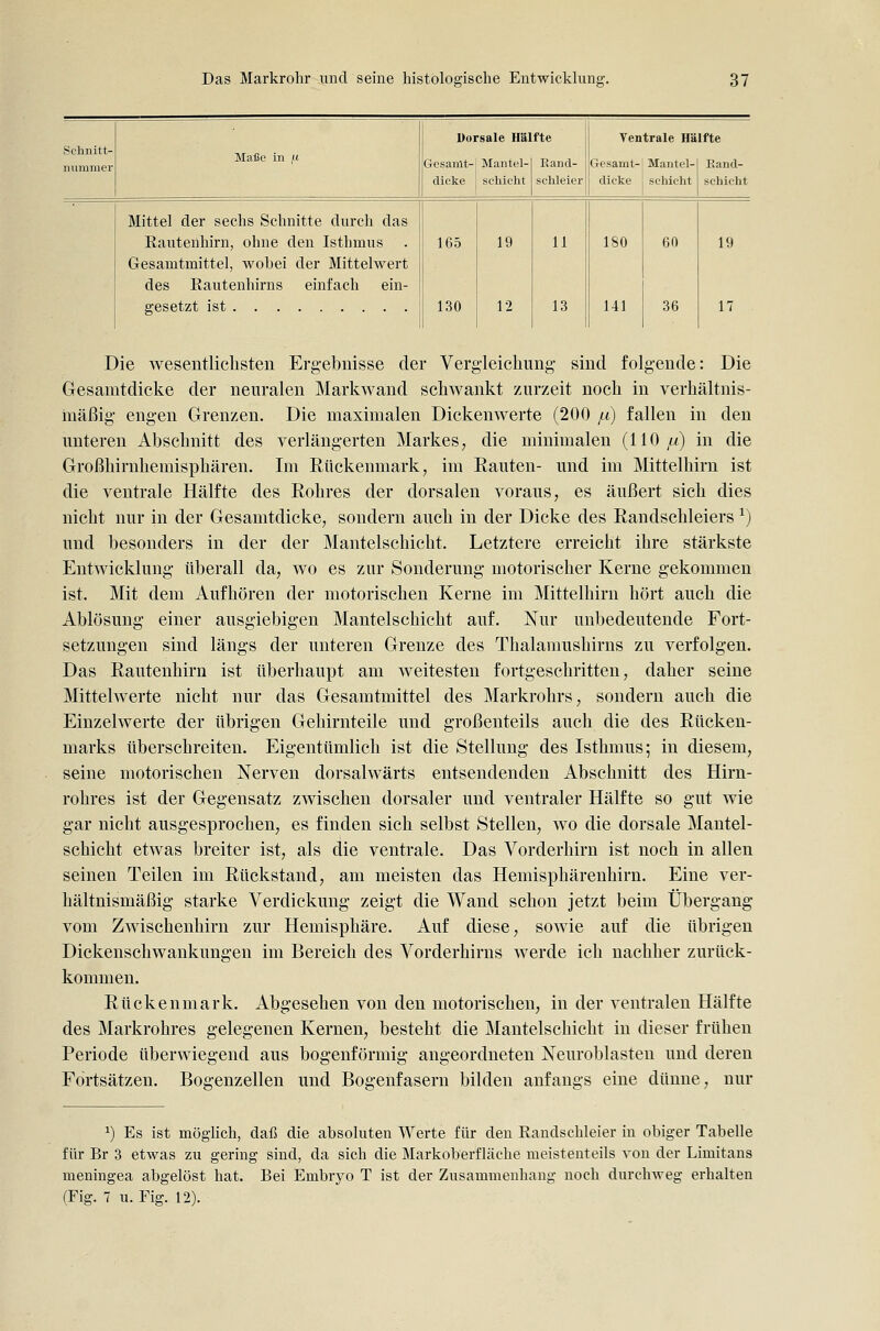 Mittel der sechs Schnitte durch das Kautenhirn, ohne den Isthmus Gesamtmittel, wobei der Mittelwert des Kautenhirns einfach ein- gesetzt ist 165 130 19 12 11 13 [80 141 60 36 19 17 Die wesentlichsten Ergebnisse der Vergleicliung sind folgende: Die Gesamtdicke der neuralen Markwand schwankt zurzeit noch in verhältnis- mäßig engen Grenzen. Die maximalen Dickenwerte (200 fi) fallen in den unteren Abschnitt des verlängerten Markes, die minimalen (110 /i) in die Großhirnhemisphären. Im Rückenmark, im Rauten- und im Mittelhirn ist die ventrale Hälfte des Rohres der dorsalen voraus, es äußert sich dies nicht nur in der Gesamtdicke, sondern auch in der Dicke des Randschleiers ^) und besonders in der der Mantelschicht. Letztere erreicht ihre stärkste Entwicklung tiberall da, wo es zur Sonderung motorischer Kerne gekommen ist. Mit dem Aufhören der motorischen Kerne im Mittelhirn hört auch die Ablösung einer ausgiebigen Mantelschicht auf. Nur unbedeutende Fort- setzungen sind längs der unteren Grenze des Thalamushirns zu verfolgen. Das Rautenhirn ist überhaupt am weitesten fortgeschritten, daher seine Mittelwerte nicht nur das Gesamtmittel des Markrohrs, sondern auch die Einzelwerte der übrigen Gehirnteile und großenteils auch die des Rücken- marks überschreiten. Eigentümlich ist die Stellung des Isthmus; in diesem, seine motorischen Nerven dorsalwärts entsendenden Abschnitt des Hirn- rohres ist der Gegensatz zwischen dorsaler und ventraler Hälfte so gut wie gar nicht ausgesprochen, es finden sich selbst Stellen, wo die dorsale Mantel- schicht etwas breiter ist, als die ventrale. Das Vorderhirn ist noch in allen seinen Teilen im Rückstand, am meisten das Hemisphärenhirn. Eine ver- hältnismäßig starke Verdickung zeigt die Wand schon jetzt beim Übergang vom Zwischenhirn zur Hemisphäre. Auf diese, sowie auf die übrigen Dickenschwankungen im Bereich des Vorderhirns werde ich nachher zurück- kommen. Rückenmark. Abgesehen von den motorischen, in der ventralen Hälfte des Markrohres gelegenen Kernen, besteht die Mantelschicht in dieser frühen Periode überwiegend aus bogenförmig angeordneten Neuroblasten und deren Fortsätzen. Bogenzellen und Bogenfasern bilden anfangs eine dünne, nur ^) Es ist möglich, daß die absoluten Werte für den Randschleier in obiger Tabelle für Br 3 etwas zu gering sind, da sich die Markoberfläche meistenteils von der Limitans meningea abgelöst hat. Bei Embryo T ist der Zusammenhang noch durchweg erhalten (Fig. 7 u. Fig. 12).