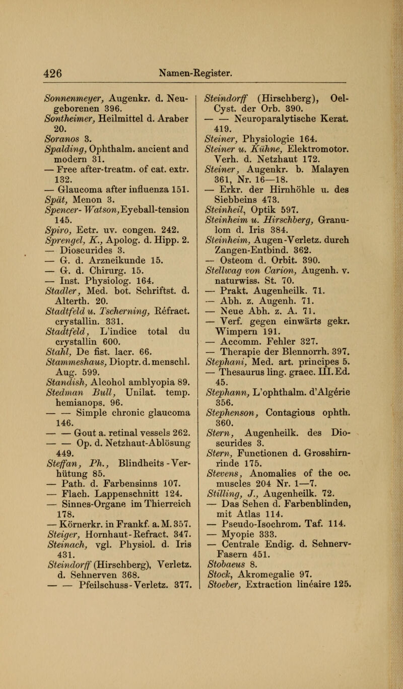 Sonnenmeyer, Augenkr. d. Neu- geborenen 396. Sontheimer, Heilmittel d. Araber 20. Soranos 3. Spalding, Ophthalm. ancient and modern 31. — Free after-treatm. of cat. extr. 132. — Glaucoma after influenza 151. Spät, Menon 3. Spencer- TFa^so^Eyeball-tension 145. Spiro, Ectr. uv. congen. 242. Sprengel, K., Apolog. d. Hipp. 2. — Dioscurides 3. — Gl. d. Arzneikunde 15. — G. d. Chirurg. 15. — Inst. Physiolog. 164. Stadler, Med. bot. Schrittst, d. Alterth. 20. Stadtfeld u. Tscherning, Refract. cry stallin. 331. Stadtfeld, L'indice total du crystallin 600. Stahl, De fist. lacr. 66. Stammeshaus, Dioptr. d. menschl. Aug. 599. Standish, Alcohol amblyopia 89. Stedman Bull, Unilat. temp. hemianops. 96. Simple chronic glaucoma 146. Gout a. retinal vessels 262. Op. d. Netzhaut-Ablösung 449. Steffan, Ph., Blindheits - Ver- hütung 85. — Path. d. Farbensinns 107. — Flach. Lappenschnitt 124. — Sinnes-Organe imThierreich 178. — Körnerkr. in Frankf. a. M. 357. Steiger, Hornhaut-Refract. 347. Steinach, vgl. Physiol. d. Iris 431. Steindorff (Hirschberg), Verletz. d. Sehnerven 368. Pfeilschuss-Verletz. 377. Steindorff (Hirschberg), Oel- Cyst. der Orb. 390. — — Neuroparalytische Kerat. 419. Steiner, Physiologie 164. Steiner u. Kühne, Elektromotor. Verh. d. Netzhaut 172. Steiner, Augenkr. b. Malayen 361, Nr. 16—18. — Erkr. der Hirnhöhle u. des Siebbeins 473. Steinheil, Optik 597. Steinheim u. Hirschberg, Granu- lom d. Iris 384. Steinheim, Augen-Verletz, durch Zangen-Entbind. 362. — Osteom d. Orbit. 390. Stellwag von Carion, Augenh. v. naturwiss. St. 70. — Prakt. Augenheilk. 71. — Abh. z. Augenh. 71. — Neue Abh. z. A. 71. — Verf. gegen einwärts gekr. Wimpern 191. — Accomm. Fehler 327. — Therapie der Blennorrh. 397. Stephani, Med. art. principes 5. — Thesaurus ling. graec. HI. Ed. 45. Stephann, L'ophthalm. d'Alg6rie 356. Stephenson, Contagious ophth. 360. Stern, Augenheilk. des Dio- scurides 3. Stern, Functionen d. Grosshirn- rinde 175. Stevens, Anomalies of the oc. muscles 204 Nr. 1—7. Stilling, J., Augenheilk. 72. — Das Sehen d. Farbenblinden, mit Atlas 114. — Pseudo-Isochrom. Taf. 114. — Myopie 333. — Centrale Endig, d. Sehnerv- Fasern 451. Stobaeus 8. Stock, Akromegalie 97. Stoeber, Extraction lineaire 125.