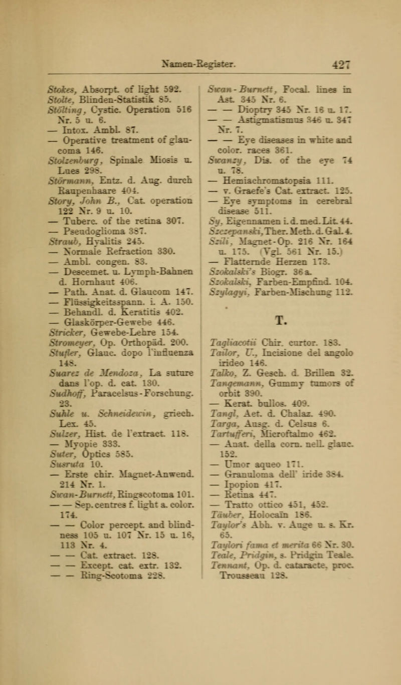 Stokes, Absorpt of h>ht 592. . Blinden-Statistik \ Stoäing. Cystic. Operation 516 Nr. 5 u. 6. — Intox. AmbL II — Operative treatment of glau- coma 146. Stolzenburg, Spinale Miosis m. Lues - Störmann, Entz. d. Aug. durch Raupenhaare i Cat. Operation 22 Hr. 9 n. 10. — Tuberc. of the retina 307. — Pseudoglioma 381 Straub, Hyalins 245. — Normale Refraction 330. — Ambl. con_ — Descemet, u. Lymph-Bahnen d. Hornhaut i — Path. Anat. d. Glaucom 147. — Flüssigkeitsspann. L A. 150. — BehandL d. Keratitis -- . — Glaskörper-Gewebe 44 Stricker, Gewebe-Lehre 154. Stromeyer, Op. Orthopäd. . Stufier. Glaac. dopo linflnftia Suarez de Mendoza, La suture dans Top. d. cat. 130. Sudhoff'. Paracelsus - Forschung. 23. Suhle u. Schneideirin, griech. Lex. 45. lextract. HS. — Myopie 333. Suter, Optica BS >äa 10. — Erste chir. Magnet-Anwend. . I N- Stcan-Burnett. Ringscotoma löl. >ep.cencr - .. color. 174. — — Color percept. and blind- neas 105 n. 107 Nr. 15 u. 16. 113 Nr. 4. Cat. extract. ISA Except. cat. extr. INaa, flimln—■ 121 Siran - Burnett, FocaL linea in As: --' N Dioptry M a. 17. — — Astigmatismus ^46 u. 347 Nr Eye diseases in white and r. races 361. Swanzy. Dia. of the ej u. n — Hemiachromatopsia 111. — ■ -.- — Eye Symptoms in cerebral disease 511. £ennamen i. d. med. Lit. 44. a ndri, Ther. Meth. d. GaL 4. _-et-Op. 216 Nr. 164 ■L 11 — Flatternde Herzen 11 _t. 36 a. SzokaJski. Farben-Empfind. 104. i.-/ Fj.r:-^-M:i-:_-z_ 11. Tagliacotii Chir. curtor. I - Taüor, U., Incisione del angolo iri Talko. Z. Gcsck d. Brillen 32. Tangemann. Gummv tumors of orbit 390. — Kerat. bull Tarn: Targa, Ausg. d. Celsna 6. ■.feri, Microftalmo 462. rlla com. nelL glaac. — Umtm aa«m jjiuloma delT iride — Ipopion — Retina :tico 451. II . ■r. Holocain 18«. Taylors Abh. v. An^e u. s. Kr. I Tmyktri fama et merita 66 Nr. 30. Teale. Pridgin, s. Pridgin Teale. Tennant. Op. (L cataracte. proc. Trousseau 128.