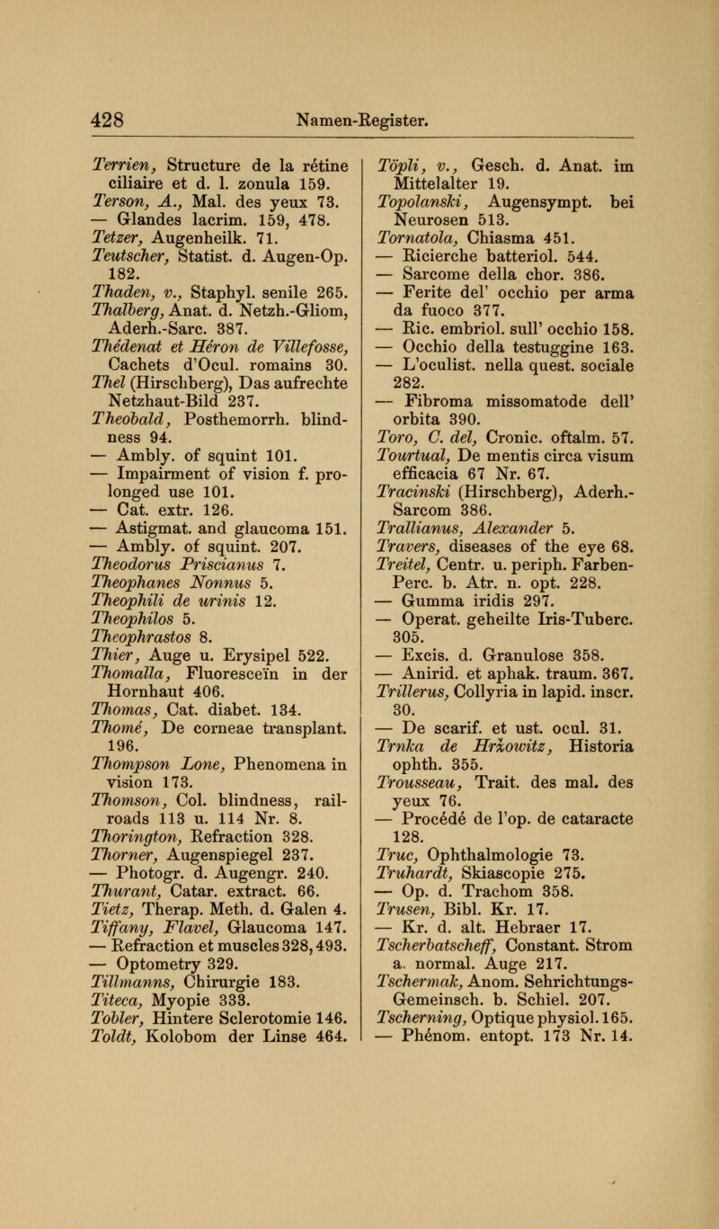 Terrien, Structure de la retine ciliaire et d. 1. zonula 159. Terson, A., Mal. des yeux 73. — Glandes lacrim. 159, 478. Tetzer, Augenheilk. 71. Teutscher, Statist, d. Augen-Op. 182. Thaden, v., Staphyl. senile 265. Thalberg, Anat. d. Netzh.-Gliom, Aderh.-Sarc. 387. Thedenat et Heron de Villefosse, Cachets d'Ocul. romains 30. Thel (Hirschberg), Das aufrechte Netzhaut-Bild 237. Theobald, Posthemorrh. blind- ness 94. — Ambly. of squint 101. — Impairment of vision f. pro- longed use 101. — Cat. extr. 126. — Astigmat. and glaucoma 151. — Ambly. of squint. 207. Theodorus Priscianus 7. Theophanes Nonnus 5. Theophili de urinis 12. Theophilos 5. Theophrastos 8. Thier, Auge u. Erysipel 522. Thomdlla, Fluorescein in der Hornhaut 406. Thomas, Cat. diabet. 134. Thome, De corneae transplant. 196. Thompson Lone, Phenomena in Vision 173. Thomson, Col. blindness, rail- roads 113 u. 114 Nr. 8. Thorington, Refraction 328. Thorner, Augenspiegel 237. — Photogr. d. Augengr. 240. Thurant, Catar. extract. 66. Tietz, Therap. Meth. d. Galen 4. Tiffany, Flavel, Glaucoma 147. — Refraction et muscles328,493. — Optometry 329. Tillmanns, Chirurgie 183. Titeca, Myopie 333. Tobler, Hintere Sclerotomie 146. Toldt, Kolobom der Linse 464. Töpli, v., Gesch. d. Anat. im Mittelalter 19. Topolanski, Augensympt. bei Neurosen 513. Tornatola, Chiasma 451. — Ricierche batteriol. 544. — Sarcome della chor. 386. — Ferite del' occhio per arma da fuoco 377. — Ric. embriol. sull' occhio 158. — Occhio della testuggine 163. — L'oculist. nella quest. sociale 282. — Fibroma missomatode dell' orbita 390. Toro, C. del, Cronic. oftalm. 57. Tourtual, De mentis circa visum efficacia 67 Nr. 67. Tracinski (Hirschberg), Aderh.- Sarcom 386. Trallianus, Alexander 5. Travers, diseases of the eye 68. Treitel, Centr. u. periph. Farben- Perc. b. Atr. n. opt. 228. — Gumma iridis 297. — Operat. geheilte Iris-Tuberc. 305. — Excis. d. Granulöse 358. — Anirid. et aphak. träum. 367. Trillerus, Collyria in lapid. inscr. 30. — De scarif. et ust. ocul. 31. Trnka de Hrxowitz, Historia ophth. 355. Trousseau, Trait. des mal. des yeux 76. — Procede de Top. de cataracte 128. Truc, Ophthalmologie 73. Truhardt, Skiascopie 275. — Op. d. Trachom 358. Trusen, Bibl. Kr. 17. — Kr. d. alt. Hebräer 17. Tscherbatscheff, Constant. Strom a. normal. Auge 217. Tschermak, Anom. Sehrichtungs- Gemeinsch. b. Schiel. 207. Tscherning, Optique physiol. 165. — Phenom. entopt. 173 Nr. 14.