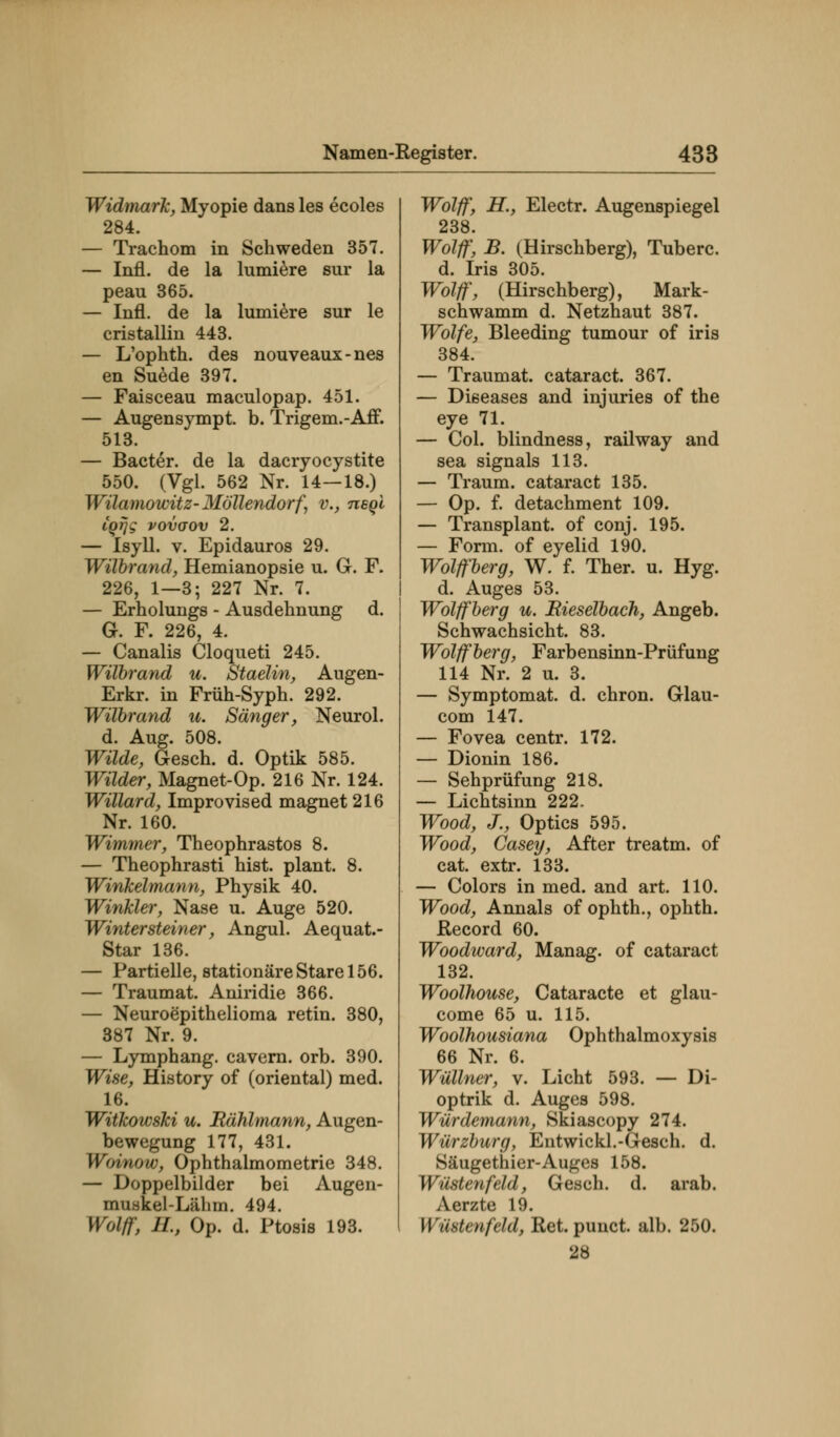 Widmark, Myopie dans les ecoles 284. — Trachom in Schweden 357. — Infi, de la lumiere sur la peau 365. — Infi, de la lumiere sur le cristallin 443. — L'ophth. des nouveaux-nes en Suede 397. — Faisceau maculopap. 451. — Augensympt. b. Trigem.-Aff. 513. — Bacter. de la dacryocystite 550. (Vgl. 562 Nr. 14—18.) Wilamowitz-Möllendorf, v., neql iQTJg vovaov 2. — Isyll. v. Epidauros 29. Wilbrand, Hemianopsie u. G. F. 226, 1—3; 227 Nr. 7. — Erholungs - Ausdehnung d. G. F. 226, 4. — Canalis Cloqueti 245. Wilbrand u. Staelin, Augen- Erkr. in Früh-Syph. 292. Wilbrand u. Sänger, Neurol. d. Aug. 508. Wilde, Gesch. d. Optik 585. Wilder, Magnet-Op. 216 Nr. 124. Willard, Improvised magnet216 Nr. 160. Wimmer, Theophrastos 8. — Theophrasti hist. plant. 8. Winkelmann, Physik 40. Winkler, Nase u. Auge 520. Wintersteiner, Angul. Aequat.- Star 136. — Partielle, stationäre Stare 156. — Traumat. Aniridie 366. — Neuroepithelioma retin. 380, 387 Nr. 9. — Lymphang. cavern. orb. 390. Wise, History of (oriental) med. 16. Witkoivski u. Rählmann, Augen- bewegung 177, 431. Woinow, Ophthalmometrie 348. — Doppelbilder bei Augen- mu.skel-Lillun. 494. Wolff, IL, Op. d. Ptosis 193. Wolff, H., Electr. Augenspiegel 238. Wolff, B. (Hirschberg), Tuberc. d. Iris 305. Wolff, (Hirschberg), Mark- schwamm d. Netzhaut 387. Wolfe, Bleeding tumour of iris 384. — Traumat. cataract. 367. — Diseases and injuries of the eye 71. — Col. blindness, railway and sea signals 113. — Traum, cataract 135. — Op. f. detachment 109. — Transplant. of conj. 195. — Form, of eyelid 190. Wolffberg, W. f. Ther. u. Hyg. d. Auges 53. Wolffberg u. JRieselbach, Angeb. Schwachsicht. 83. Wolffberg, Farbensinn-Prüfung 114 Nr. 2 u. 3. — Symptomat. d. chron. Glau- com 147. — Fovea centr. 172. — Dionin 186. — Sehprüfung 218. — Lichtsinn 222. Wood, J., Optics 595. Wood, Casey, After treatm. of cat. extr. 133. — Colors in med. and art. 110. Wood, Annais of ophth., ophth. Record 60. Woodward, Manag, of cataract 132. Woolhouse, Cataracte et glau- come 65 u. 115. Woolhousiana Ophthalmoxysis 66 Nr. 6. Wüllner, v. Licht 593. — Di- optrik d. Auges 598. Würdemann, Skiascopy 274. Würzburg, Entwickl.-Gesch. d. Säugethier-Auges 158. Wüstenfeld, Gesch. d. arab. Aerzte 19. Wüstenfeld, Ret. puuct. alb. 250.
