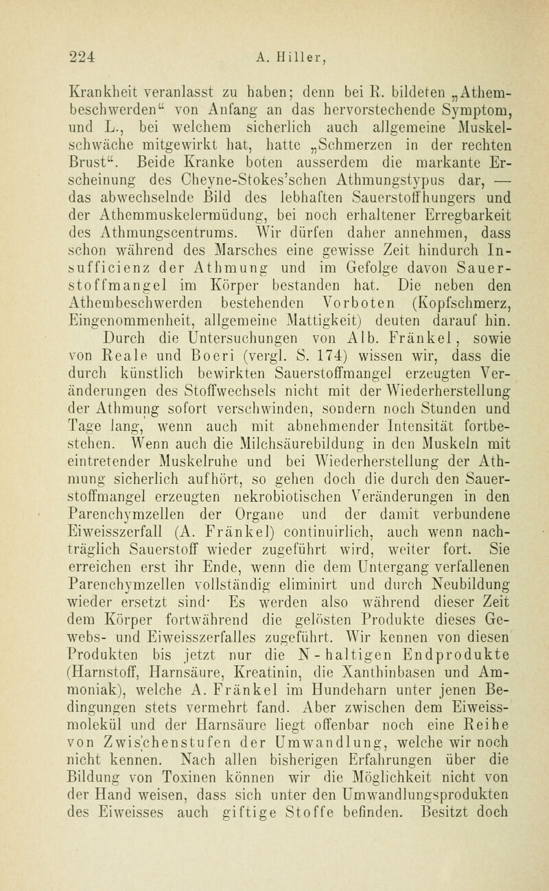 Krankheit veranlasst zu haben; denn bei R. bildeten „Athem- beschwerden von Anfang an das hervorstechende Symptom, und L., bei welchem sicherlich auch allgemeine Muskel- schwäche mitgewirkt hat, hatte „Schmerzen in der rechten Brust. Beide Kranke boten ausserdem die markante Er- scheinung des Cheyne-Stokes'schen Athmungstypus dar, — das abwechselnde Bild des lebhaften Sauerstofi'hungers und der Athemmuskelermüdung, bei noch erhaltener Erregbarkeit des Athmungscentrums. Wir dürfen daher annehmen, dass schon während des Marsches eine gewisse Zeit hindurch In- sufficienz der Athmung und im Gefolge davon Sauer- stoffmangel im Körper bestanden hat. Die neben den Athembesch werden bestehenden Vorboten (Kopfschmerz, Eingenommenheit, allgemeine Mattigkeit) deuten darauf hin. Durch die Untersuchungen von Alb. Fränkel, sowie von Reale und Boeri (vergl. S. 174) wissen wir, dass die durch künstlich bewirkten Sauerstoffmangel erzeugten Ver- änderungen des Stoffwechsels nicht mit der Wiederherstellung der Athmung sofort verschwinden, sondern noch Stunden und Tage lang, wenn auch mit abnehmender Intensität fortbe- stehen. Wenn auch die Milchsäurebildung in den Muskeln mit eintretender Muskelruhe und bei Wiederherstellung der xAth- mung sicherlich aufhört, so gehen doch die durch den Sauer- stoffmangel erzeugten nekrobiotischen Veränderungen in den Parenchymzellen der Organe und der damit verbundene Eiweisszerfall (A. Fränkel) continuirlich, auch wenn nach- träglich Sauerstoff wieder zugeführt wird, weiter fort. Sie erreichen erst ihr Ende, wenn die dem Untergang verfallenen Parenchymzellen vollständig eliminirt und durch Neubildung wieder ersetzt sind* Es werden also während dieser Zeit dem Körper fortwährend die gelösten Produkte dieses Ge- webs- und Eiweisszerfalles zugeführt. Wir kennen von diesen Produkten bis jetzt nur die N-haltigen Endprodukte (Harnstoff, Harnsäure, Kreatinin, die Xanthinbasen und Am- moniak), welche A. Fränkel im Hundeharn unter jenen Be- dingungen stets vermehrt fand. Aber zwischen dem Eiweiss- molekül und der Harnsäure liegt offenbar noch eine Reihe von Zwischenstufen der Umwandlung, welche wir noch nicht kennen. Nach allen bisherigen Erfahrungen über die Bildung von Toxinen können wir die Möglichkeit nicht von der Hand weisen, dass sich unter den Umwandlungsprodukten des Eiweisses auch giftige Stoffe befinden. Besitzt doch