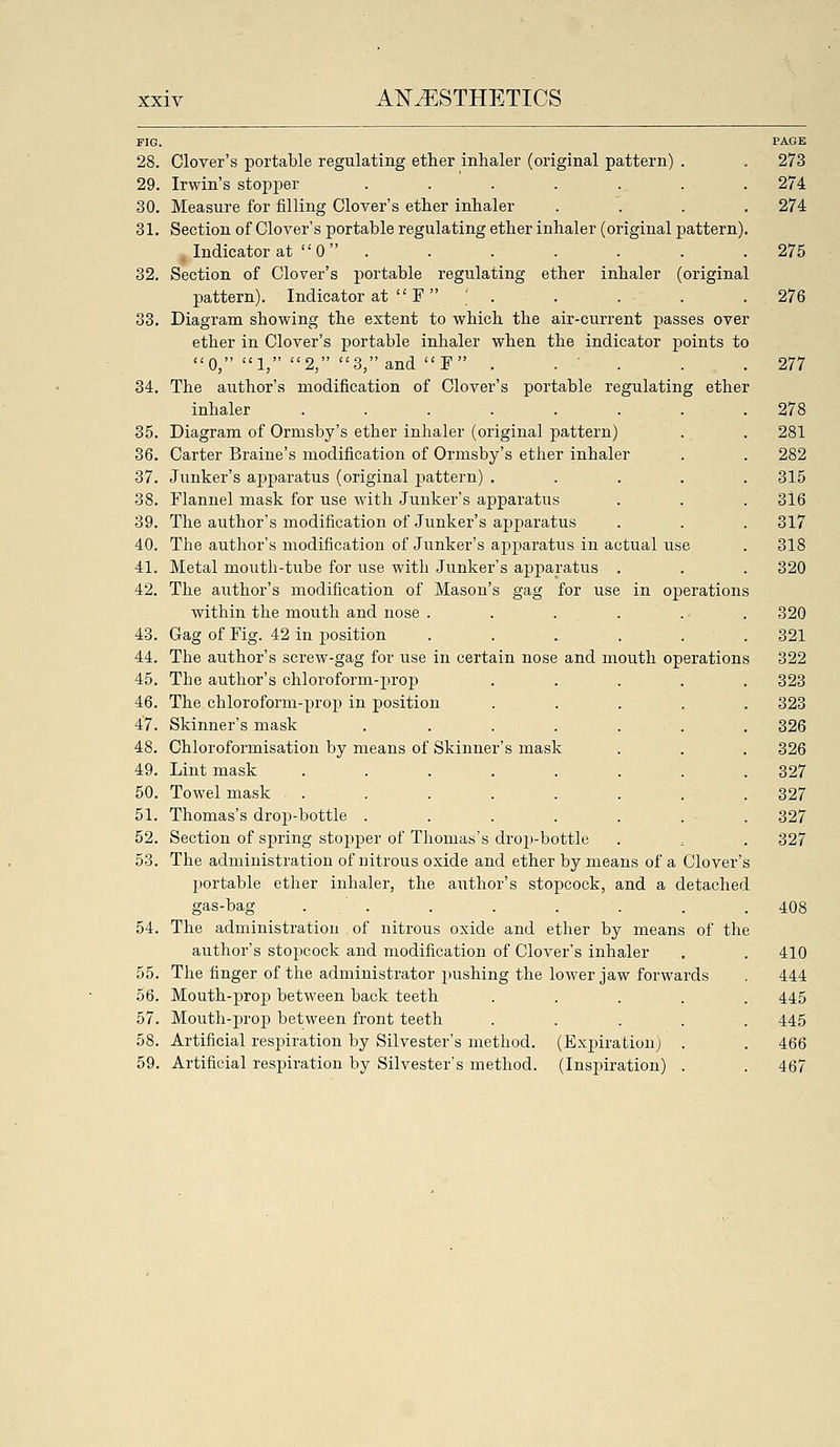 FIG. 28. 29. 30. 31. 32. 33. 34. 35. 36. 37. 38. 39. 40. 41. 42. 43. 44. 45. 46. 47. 48. 49. 50. 51. 52. 53. 54. 55. 56. 57. 58. 59. Clover's portable regulating ether inhaler (original pattern) . Irwin's stopper ...... Measure for filling Clover's ether inhaler Section of Clover's portable regulating ether inhaler (original pattern Indicator at 0  . Section of Clover's portable regulating ether inhaler (original pattern). Indicator at  F  ' . Diagram showing the extent to which the air-current passes over ether in Clover's portable inhaler when the indicator points to 0, 1, 2, 3, and F . . . The author's modification of Clover's portable regulating ether inhaler ....... Diagram of Ormsby's ether inhaler (original pattern) Carter Braine's modification of Ormsby's ether inhaler Junker's ajjparatus (original pattern) .... Flannel mask for use with Junker's apparatus The author's modification of Junker's apparatus The author's modification of Junker's apparatus in actual use Metal mouth-tube for use with Junker's apparatus . gag for use in operations and mouth operations The author's modification of Mason's within the mouth and nose . Gag of Fig. 42 in position The author's screw-gag for use in certain nose The author's chloroform-prop The chloroform-prop in position Skinner's mask Chloroformisation by means of Skinner's masl Lint mask Towel mask Thomas's drop-bottle . Section of spring stopper of Thomas's drop-bottle The administration of nitrous oxide and ether by means of a Clover's portable ether inhaler, the author's stopcock, and a detached gas-bag . . The administration of nitrous oxide and ether by means of the author's stopcock and modification of Clover's inhaler The finger of the administrator pushing the lower jaw forward Mouth-prop between back teeth .... Mouth-j^rop between front teeth .... Artificial respiration by Silvester's method. (Expiration) . Artificial respiration by Silvester's method. (Inspiration) . PAGE 273 274 274 275 276 277 278 281 282 315 316 317 318 320 320 321 322 323 323 326 326 327 327 327 327 408 410 444 445 445 466 467
