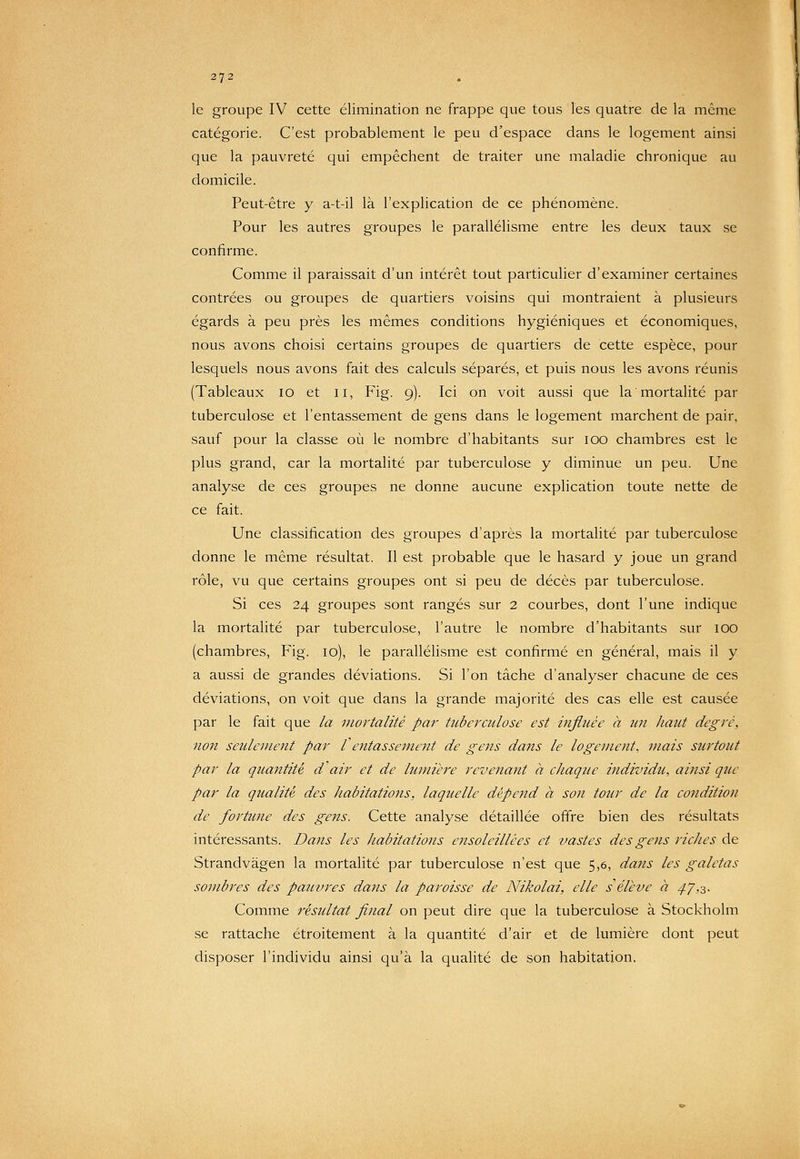 le groupe IV cette élimination ne frappe que tous les quatre de la même catégorie. C'est probablement le peu d'espace dans le logement ainsi que la pauvreté qui empêchent de traiter une maladie chronique au domicile. Peut-être y a-t-il là l'explication de ce phénomène. Pour les autres groupes le parallélisme entre les deux taux se confirme. Comme il paraissait d'un intérêt tout particulier d'examiner certaines contrées ou groupes de quartiers voisins qui montraient à plusieurs égards à peu près les mêmes conditions hygiéniques et économiques, nous avons choisi certains groupes de quartiers de cette espèce, pour lesquels nous avons fait des calculs séparés, et puis nous les avons réunis (Tableaux 10 et 11, Fig. 9). Ici on voit aussi que la mortalité par tuberculose et l'entassement de gens dans le logement marchent de pair, sauf pour la classe où le nombre d'habitants sur 100 chambres est le plus grand, car la mortalité par tuberculose y diminue un peu. Une analyse de ces groupes ne donne aucune explication toute nette de ce fait. Une classification des groupes d'après la mortalité par tuberculose donne le même résultat. Il est probable que le hasard y joue un grand rôle, vu que certains groupes ont si peu de décès par tuberculose. Si ces 24 groupes sont rangés sur 2 courbes, dont l'une indique la mortalité par tuberculose, l'autre le nombre d'habitants sur lOO (chambres, Fig. 10), le parallélisme est confirmé en général, mais il y a aussi de grandes déviations. Si l'on tâche d'analyser chacune de ces déviations, on voit que dans la grande majorité des cas elle est causée par le fait que la mortalité par tuberculose est nifluée à un haut degré, non seulement par f entassement de gens dans le logement, mais surtout par la quantité d'air et de lumière revenant à chaque individu, ainsi que par la qualité des habitations, laquelle dépend à son tour de la condition de fortune des gens. Cette analyse détaillée offre bien des résultats intéressants. Dans les habitations ensoleillées et vastes des gens riches de Strandvàgen la mortalité par tuberculose n'est que 5,6, dans les galetas sombres des pauvres dans la paroisse de Nikolai, elle s'élève à ^7,3. Comme réstdtat final on peut dire que la tuberculose à Stockholm se rattache étroitement à la quantité d'air et de lumière dont peut disposer l'individu ainsi qu'à la qualité de son habitation.