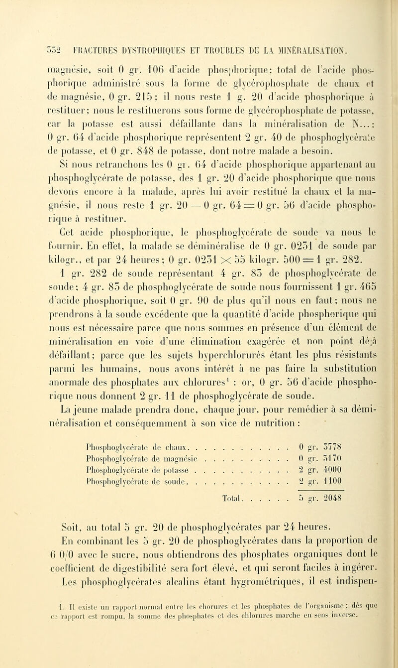 magnésie, soit 0 gr. 106 d'acide phosj)borique; total de Tacide phos- phorique administré sous la forme de glycérophosphate de chaux et de magnésie, 0 gr. 215; il nous reste 1 g. 20 d'acide phosphorique à restituer; nous le restituerons sous forme de glycérophosphate de potasse, car la potasse est aussi défaillante dans la minéralisation de N...: 0 gr. 64 d'acide phosphorique représentent 2 gr. 40 de phosphoglycéraie de potasse, et 0 gr. 848 de potasse, dont notre malade a besoin. Si nous retranchons les 0 gr. 64 d'acide phosphorique appartenant au phosphoglycérate de potasse, des 1 gr. 20 d'acide phosphorique que nous devons encore à la malade, après lui avoir restitué la chaux et la ma- gnésie, il nous reste 1 gr. 20 — 0 gr. 64 = 0gr. 56 d'acide phospho- rique à restituer. Cet acide phosphorique, le phosphoglycérate de soude va nous le fournir. En effet, la malade se déminéralise de 0 gr. 0231 de soude par kilogr., et par 24 heures; 0 gr. 0251 X 55 Idlogr. 500^1 gr. 282. 1 gr. 282 de soude représentant 4 gr. 85 de phosphoglycérate de soude; 4 gr. 85 de phosphoglycérate de soude nous fournissent 1 gr. 465 d'acide phosphorique, soit 0 gr. 90 de plus qu'il nous en faut; nous ne prendrons à la soude excédente que la quantité d'acide phosphorique qui nous est nécessaire parce que no;is sommes en présence d'un élément de minéralisation en voie d'une élimination exagérée et non point dé;à défaillant; parce que les sujets hyperchlorurés étant les plus résistants parmi les humains, nous avons intérêt à ne pas faire la substitution anormale des phosphates aux chlorures* : or, 0 gr. 56 d'acide phospho- rique nous donnent 2 gr. 11 de phosphoglycérate de soude. La jeune malade prendra donc, chaque jour, pour remédier à sa démi- néralisation et conséquemment à son vice de nutrition : Phosphoglycérate de chaux 0 gi'- 5778 Phosphoglycérate de magnésie 0 gr. 5170 Phosphoglycérate de potasse 2 gr. 4000 Phosphoglycérate de soude 2 gr. 1100 Total 5 gr. 2048 Soit, au total 5 gr. 20 de phosphoglycérates par 24 heures. En combinant les 5 gr. 20 de phosphoglycérates dans la proportion de 6 0/0 avec le sucre, nous obtiendrons des phosphates organiques dont le coefficient de digestibilité sera fort élevé, et qui seront faciles à ingérer. Les phosphoglycérates alcalins étant hygrométriques, il est indispen- •1. Il existe un ra|j])orl normal eiilrc les chorures cl les phosphates de l'organisme; dès que ce rapport est rornini, la somme des phosphates et des cldoriires marche en sens inverse.