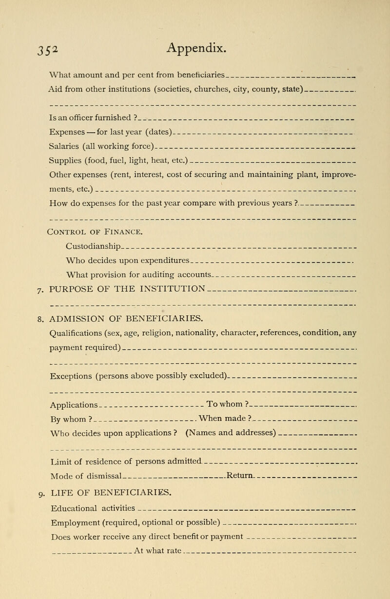 What amount and per cent from beneficiaries L Aid from other institutions (societies, churches, city, county, state). Is an officer furnished ? Expenses — for last year (dates) Salaries (all working force) Supplies (food, fuel, light, heat, etc.) Other expenses (rent, interest, cost of securing and maintaining plant, improve- ments, etc.) How do expenses for the past year compare with previous years ? Control of Finance. Custodianship Who decides upon expenditures What provision for auditing accounts- 7. PURPOSE OF THE INSTITUTION.. 8. ADMISSION OF BENEFICIARIES. Qualifications (sex, age, religion, nationality, character, references, condition, any payment required) Exceptions (persons above possibly excluded). Applications To whom ? By whom ? When made ? Who decides upon applications ? (Names and addresses) Limit of residence of persons admitted Mode of dismissal Return. LIFE OF BENEFICIARIES. Educational activities Employment (required, optional or possible) Does worker receive any direct benefit or payment _ _ At what rate