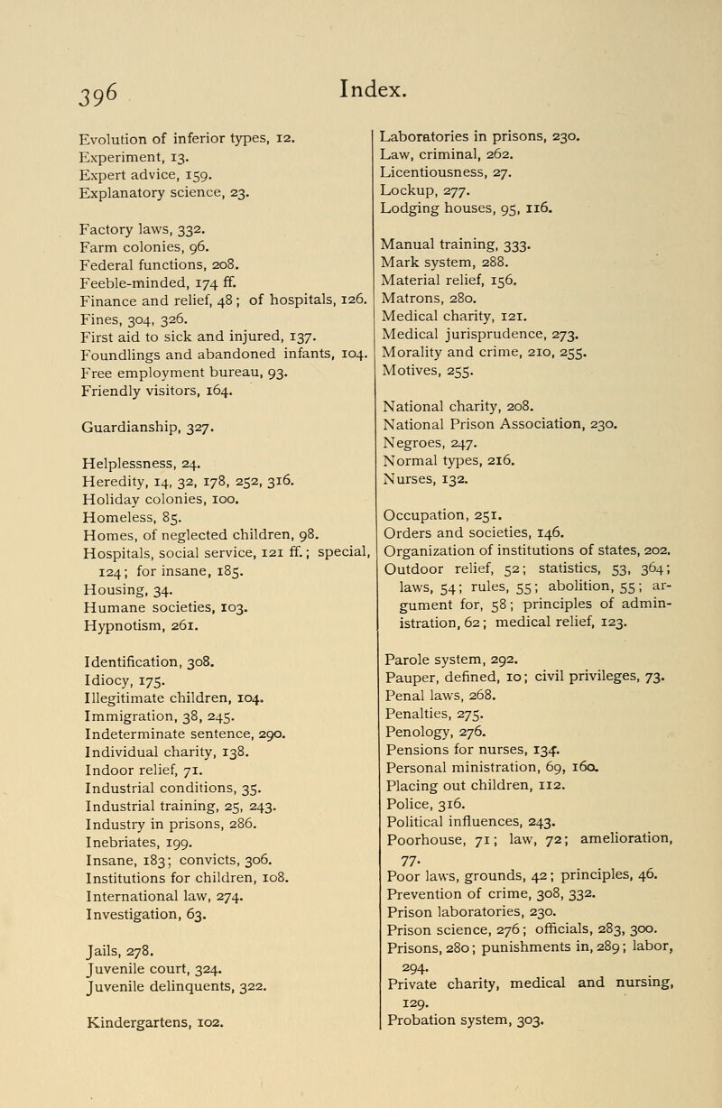 39^ Evolution of inferior t)q5es, 12. Experiment, 13. Expert advice, 159. Explanatory science, 23. Factory laws, 332. Farm colonies, 96. Federal functions, 208. Feeble-minded, 174 ff. Finance and relief, 48; of hospitals, 126. Fines, 304, 326. First aid to sick and injured, 137. Foundlings and abandoned infants, 104. Free employment bureau, 93. Friendly visitors, 164. Guardianship, 327. Helplessness, 24. Heredity, 14, 32, 178, 252, 316. Holiday colonies, 100. Homeless, 85. Homes, of neglected children, 98, Hospitals, social service, 121 ff.; special, 124; for insane, 185. Housing, 34. Humane societies, 103. Hypnotism, 261. Identification, 308. Idiocy, 175. Illegitimate children, 104. Immigration, 38, 245. Indeterminate sentence, 290. Individual charity, 138. Indoor relief, 71. Industrial conditions, 35. Industrial training, 25, 243. Industry in prisons, 286. Inebriates, 199. Insane, 183; convicts, 306, Institutions for children, 108, International law, 274. Investigation, 63. Jails, 278. Juvenile court, 324. Juvenile delinquents, 322. Kindergartens, 102. Laboratories in prisons, 230. Law, criminal, 262. Licentiousness, 27. Lockup, 277, Lodging houses, 95, 116. Manual training, 333. Mark system, 288. Material relief, 156, Matrons, 280. Medical charity, 121. Medical jurisprudence, 273. Morality and crime, 210, 255. Motives, 255. National charity, 208. National Prison Association, 230. Negroes, 247. Normal types, 216. Nurses, 132. Occupation, 251. Orders and societies, 146. Organization of institutions of states, 202. Outdoor relief, 52; statistics, 53, 364; laws, 54; rules, 55; abolition, 55; ar- gument for, 58; principles of admin- istration, 62 ; medical relief, 123. Parole system, 292. Pauper, defined, 10; civil privileges, 73. Penal laws, 268. Penalties, 275. Penology, 276. Pensions for nurses, 134. Personal ministration, 69, 160. Placing out children, 112. Police, 316. Political influences, 243. Poorhouse, 71; law, 72; amelioration, 77- Poor laws, grounds, 42; principles, 46. Prevention of crime, 308, 332. Prison laboratories, 230. Prison science, 276; officials, 283, 300. Prisons, 280; punishments in, 289; labor, 294. Private charity, medical and nursing, 129. Probation system, 303.