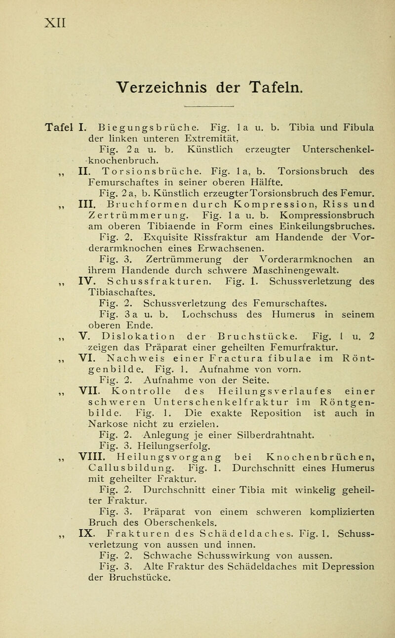 Verzeichnis der Tafeln. Tafel I. Biegungsbrüche. Fig. lau. b. Tibia und Fibula der linken unteren Extremität, Fig. 2 a u. b. Künstlich erzeugter Unterschenkel- knochenbruch. ,, II. Torsionsbrüche. Fig. 1 a, b. Torsionsbruch des Femurschaftes in seiner oberen Hälfte. Fig. 2 a, b. Künstlich erzeugter Torsionsbruch des Femur. ,, III. Bruchformen durch Kompression, Riss und Zertrümmerung. Fig. 1 a u. b. Kompressionsbruch am oberen Tibiaende in Form eines Einkeilungsbruches. Fig. 2. Exquisite Rissfraktur am Handende der Vor- derarmknochen eines Erwachsenen. Fig. 3. Zertrümmerung der Vorderarmknochen an ihrem Handende durch schwere Maschinengewalt. ,, IV. Schussfrakturen. Fig. 1. Schussverletzung des Tibiaschaftes. Fig. 2. Schussverletzung des Femurschaftes. Fig. 3 a u. b. Lochschuss des Humerus in seinem oberen Ende. ,, V. Dislokation der Bruchstücke. Fig. I u. 2 zeigen das Präparat einer geheilten Femurfraktur. ,, VI. Nachweis einer Fractura fibulae im Rönt- genbilde. Fig. 1. Aufnahme von vorn. Fig. 2. Aufnahme von der Seite. ,, VII. Kontrolle des Heilungs verlauf es einer schweren Unterschenkelfraktur im Röntgen- bilde. Fig. 1. Die exakte Reposition ist auch in Narkose nicht zu erzielen. Fig. 2. Anlegung je einer Silberdrahtnaht. Fig. 3. Heilungserfolg. ,, VIII. H eilungs Vorgang bei Knochenbrüchen, Callusbildung. Fig. 1. Durchschnitt eines Humerus mit geheilter Fraktur. Fig. 2. Durchschnitt einer Tibia mit winkelig geheil- ter Fraktur. Fig. 3. Präparat von einem schweren komplizierten Bruch des Oberschenkels. ,, IX. Frakturen des Schädeldaches. Fig. 1. Schuss- verletzung von aussen und innen. Fig. 2. Schwache Schusswirkung von aussen. Fig. 3. Alte Fraktur des Schädeldaches mit Depression der Bruchstücke.