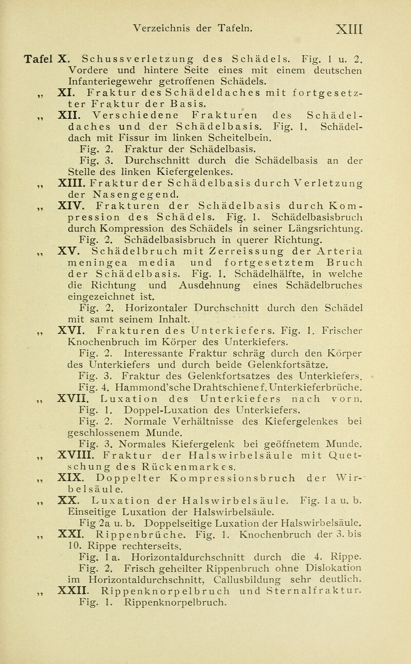 Tafel X. Schussverletzung des Schädels. Fig. 1 u. 2. Vordere und hintere Seite eines mit einem deutschen Infanteriegewehr getroffenen Schädels. ,, XI. Fraktur d es Schä deld ach e s mit fortgesetz- ter Fraktur der Basis. ,, XII. Verschiedene Frakturen des Schädel- daches und der Schädelbasis. Fig. 1. Schädel- dach mit Fissur im linken Scheitelbein. Fig. 2. Fraktur der Schädelbasis. Fig. 3. Durchschnitt durch die Schädelbasis an der Stelle des linken Kiefergelenkes. ,, XIII. Fraktur der S ch äd elbasis durch Verletzung der Nasengegend. ,, XIV. Frakturen der Schädelbasis durch Kom- pression des Schädels. Fig. 1. Schädelbasisbruch durch Kompression des Schädels in seiner Längsrichtung. Fig. 2. Schädelbasisbruch in querer Richtung. ,, XV. Schädelbruch mit Zerreissung der Arteria meningea media und fortgesetztem Bruch der Schädelbasis. Fig. 1. Schädelhälfte, in welche die Riclitung und Ausdehnung eines Schädelbruches eingezeichnet ist. Fig. 2. Horizontaler Durchschnitt durch den Schädel mit samt seinem Inhalt. ,, XVI. Frakturen des Unterkiefers. Fig. 1. Frischer Knochenbruch im Körper des Unterkiefers. Fig. 2. Interessante Fraktur schräg durch den Körper des Unterkiefers und durch beide Gelenkfortsätze. Fig. 3. Fraktur des Gelenkfortsatzes des Unterkiefers. Fig. 4. Hammond'sche Drahtschiene f. Unterkieferbrüche. ,, XVII. Luxation des Unterkiefers nach vorn. Fig. 1. Doppel-Luxation des Unterkiefers. Fig. 2. Normale Verhältnisse des Kiefergelenkes bei geschlossenem Munde. Fig. 3. Normales Kiefergelenk bei geöffnetem Munde. ,, XVIII. Fraktur der Hals wirbelsäul e mit Quet- schung des Rückenmarkes. ,, XIX. Doppelter Kompressionsbruch der Wir-' b e 1 säul e. ,, XX. Luxation d er H aiswirb eis äul e. Fig. 1 a u. b. Einseitige Luxation der Halswirbelsäule. Fig 2a u. b. Doppelseitige Luxation der Halswirbelsäule. ,, XXI. Rippenbrüche. Fig. 1. Knochenbruch der 3. bis 10. Rippe rechterseits. Fig. 1 a. Horizontaldurchschnitt durch die 4. Rippe. Fig. 2. Frisch geheilter Rippenbruch ohne Dislokation im Horizontaldurchschnitt, Callusbildung sehr deutlich. ,, XXII. Rippenknorp elbruch und Sternalf raktur. Fig. 1. Rippenknorpelbruch.