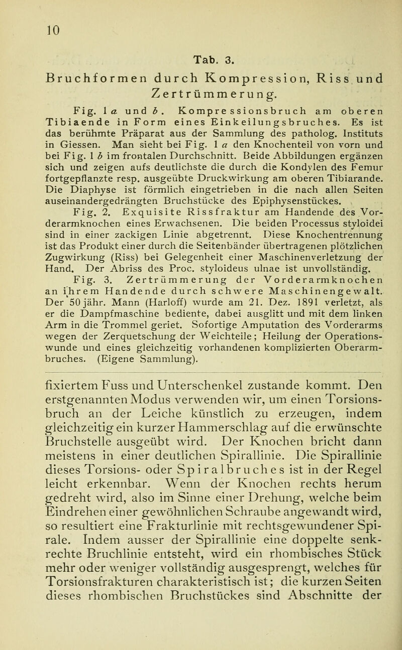 10 Tab. 3. Bruchformen durch Kompression, Riss und Zertrümmerung. Fig. \a und b. Kompressionsbruch am oberen Tibiaende in Form eines Einkeilungsbruches. Es ist das berühmte Präparat aus der Sammlung des patholog. Instituts in Giessen. Man sieht bei Fig. \ a den Knochenteil von vorn und bei Fig. 1 b im frontalen Durchschnitt. Beide Abbildungen ergänzen sich und zeigen aufs deutlichste die durch die Kondylen des Femur fortgepflanzte resp. ausgeübte Druckwirkung am oberen Tibiarande. Die Diaphyse ist förmlich eingetrieben in die nach allen Seiten auseinandergedrängten Bruchstücke des Epiphysenstückes. Fig. 2. Exquisite Rissfraktur am Handende des Vor- derarmknochen eines Erwachsenen. Die beiden Processus styloidei sind in einer zackigen Linie abgetrennt. Diese Knochentrennung ist das Produkt einer durch die Seitenbänder übertragenen plötzlichen Zugwirkung (Riss) bei Gelegenheit einer Maschinenverletzung der Hand. Der Abriss des Proc. styloideus ulnae ist unvollständig. Fig. 3. Zertrümmerung der Vorderarmkn ochen an Ihrem Handende durch schwere Maschinengewalt. Der 50 jähr. Mann (Harloff) wurde am 21. Dez. 1891 verletzt, als er die Dampfmaschine bediente, dabei ausglitt und mit dem linken Arm in die Trommel geriet. Sofortige Amputation des Vorderarms wegen der Zerquetschung der Weichteile; Heilung der Operations- wunde und eines gleichzeitig vorhandenen komplizierten Oberarm- bruches. (Eigene Sammlung). fixiertem Fuss und Unterschenkel zustande kommt. Den erstgenannten Modus verwenden wir, um einen Torsions- bruch an der Leiche künstlich zu erzeugen, indem gleichzeitig ein kurzer Hammerschlag auf die erwünschte Bruchstelle ausgeübt wird. Der Knochen bricht dann meistens in einer deutlichen Spirallinie. Die Spirallinie dieses Torsions- oder S p i r a 1 b r u ch e s ist in der Regel leicht erkennbar. Wenn der Knochen rechts herum gedreht wird, also im Sinne einer Drehung, welche beim Eindrehen einer gewöhnlichen Schraube angewandt wird, so resultiert eine Frakturlinie mit rechtsgewundener Spi- rale. Indem ausser der Spirallinie eine doppelte senk- rechte Bruchlinie entsteht, wird ein rhombisches Stück mehr oder weniger vollständig ausgesprengt, welches für Torsionsfrakturen charakteristisch ist; die kurzen Seiten dieses rhombischen Bruchstückes sind Abschnitte der