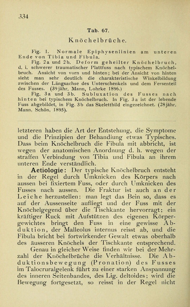 Tab. 67. Knöch elbrüche. Fig. 1. Normale Epiphysenlinien am unteren Ende von Tibia und Fibula. Fig. 2a und 2b. Deform geheilter Knöchelbruch, d. i. schwerer traumatischer Plattfuss nach typischem Knöchel- bruch. Ansicht von vorn und hinten; bei der Ansicht von hinten sieht man sehr deutlich die charakteristische Winkelbildung zwischen der Längsachse des Unterschenkels und dem Fersenteil des Fusses. (39jähr. Mann, Lohrke 1896.) Fig. 3a und 3b. Subluxation des Fusses nach hinten bei typischem Knöchelbruch. In Fig. 3a ist der lebende Fuss abgebildet, in Fig. 3 b das Skelettbild eingezeichnet. (28jähr. Mann, Schön, 1895). letzteren haben die Art der Entstehung, die Symptome und die Prinzipien der Behandlung etwas Typisches. Dass beim Knöchelbruch die Fibula mit abbricht, ist wegen der anatomischen Anordnung d. h. wegen der straffen Verbindung von Tibia und Fibula an ihrem unteren Ende verständlich. Aetiologie: Der typische Knöchelbruch entsteht in der Regel durch Umknicken des Körpers nach aussen bei fixiertem Fuss, oder durch Umknicken des Fusses nach aussen. Die Fraktur ist auch an der Leiche herzustellen: man legt das Bein so, dass es auf der Aussenseite aufliegt und der Fuss mit der Knöchelgegend über die Tischkante hervorragt; ein kräftiger Ruck mit Aufstützen des eigenen Körper- gewichtes bringt den Fuss in eine gewisse Ab- duktion, der Malleolus internus reisst ab, und die Fibula bricht bei fortwirkender Gewalt etwas oberhalb des äusseren Knöchels der Tischkante entsprechend. Genau in gleicher Weise finden wir bei der Mehr- zahl der Knöchelbrüche die Verhältnisse. Die Ab- duktionsbewegung (Pronation) des Fusses im Talocruralgelenk führt zu einer starken Anspannung des inneren Seitenbandes, des Lig. deltoides; wird die Bewegung fortgesetzt, so reisst in der Regel nicht