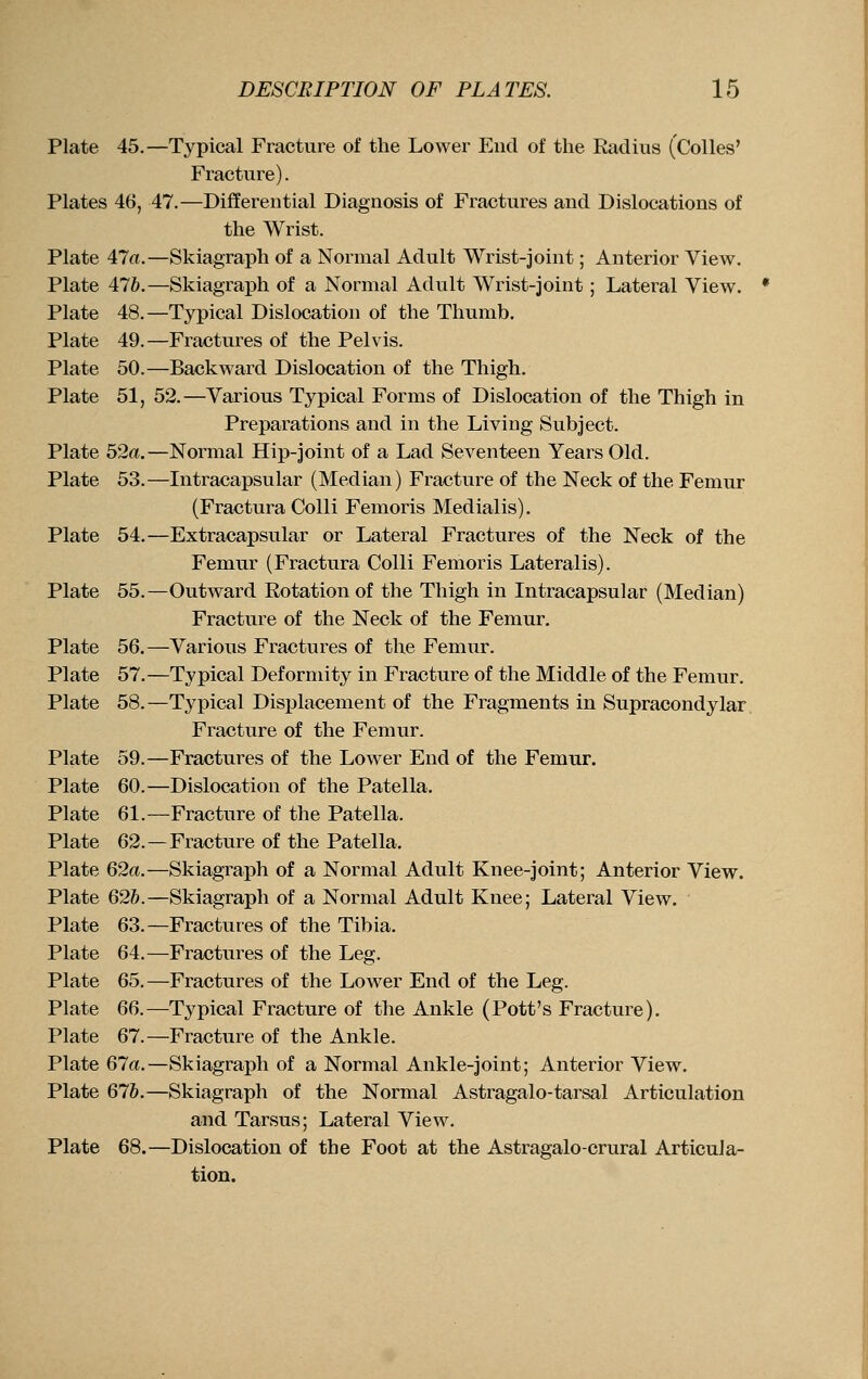 Plate 45.—Typical Fracture of the Lower End of the Radius (CoUes' Fracture). Plates 46, 47.—Differential Diagnosis of Fractures and Dislocations of the Wrist. Plate 47a.—Skiagraph of a Normal Adult Wrist-joint; Anterior View. Plate 476.—Skiagraph of a Normal Adult Wrist-joint; Lateral View. Plate 48.—Typical Dislocation of the Thumb. Plate 49.—Fractures of the Pelvis. Plate 50.—Backward Dislocation of the Thigh. Plate 51, 52.—Various Typical Forms of Dislocation of the Thigh in Preparations and in the Living Subject. Plate 52a.—Normal Hip-joint of a Lad Seventeen Years Old. Plate 53.—Intracapsular (Median) Fracture of the Neck of the Femur (Fractura Colli Femoris Medialis). Plate 54.—Extracapsular or Lateral Fractures of the Neck of the Femur (Fractura Colli Femoris Lateralis). Plate 55.—Outward Rotation of the Thigh in Intracapsular (Median) Fracture of the Neck of the Femur. Plate 56.—Various Fractures of the Femur. Plate 57.—Typical Deformity in Fracture of the Middle of the Femur. Plate 58.—Typical Displacement of the Fragments in Supracondylar Fracture of the Femur. Plate 59.—Fractures of the Lower End of the Femur. Plate 60.—Dislocation of the Patella. Plate 61.—Fracture of the Patella. Plate 62. —Fracture of the Patella. Plate 62a.—Skiagraph of a Normal Adult Knee-joint; Anterior View. Plate 626.—Skiagraph of a Normal Adult Knee; Lateral View. Plate 63.—Fractures of the Tibia. Plate 64.—Fractures of the Leg. Plate 65. —Fractures of the Lower End of the Leg. Plate 66.—Typical Fracture of the Ankle (Pott's Fracture). Plate 67.—Fracture of the Ankle. Plate 67a.—Skiagraph of a Normal Ankle-joint; Anterior View. Plate 676.—Skiagraph of the Normal Astragalo-tarsal Articulation and Tarsus; Lateral View. Plate 68.—Dislocation of the Foot at the Astragalo-crural Articula- tion.