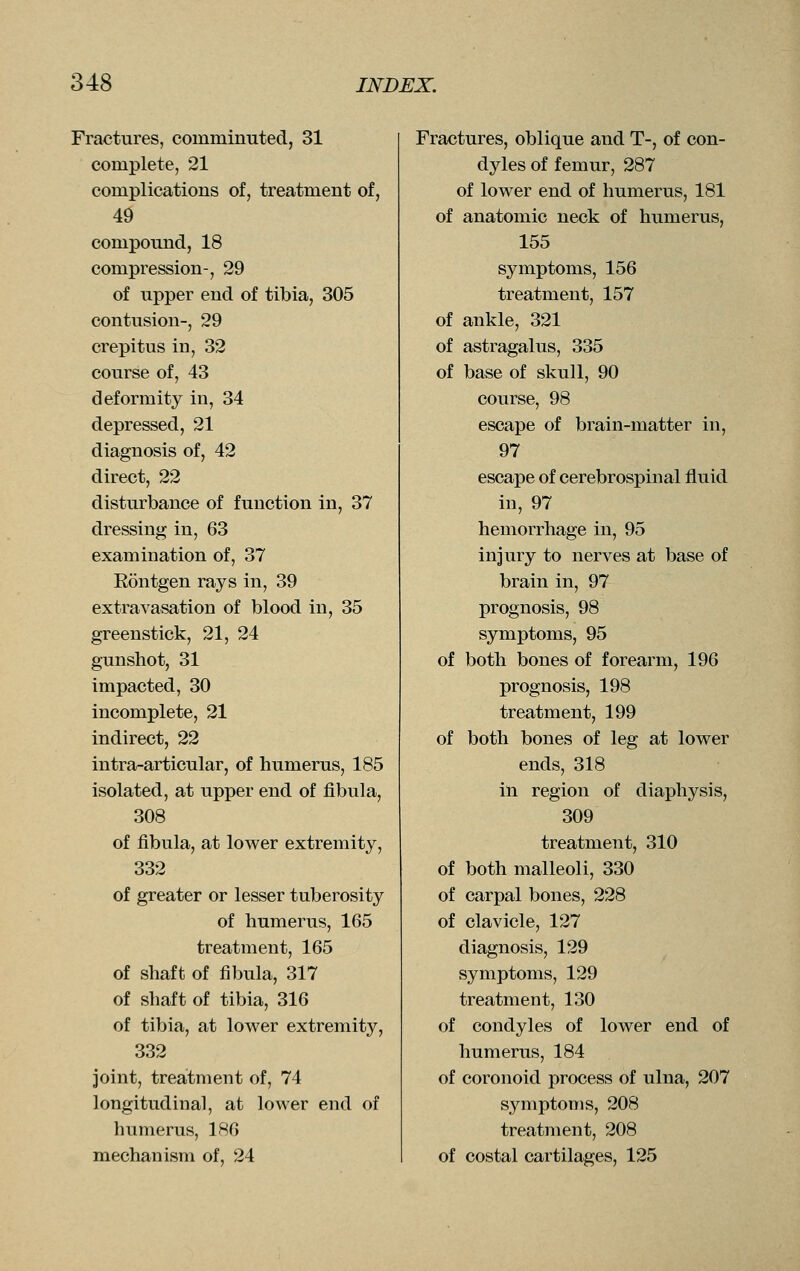 Fractures, comminuted, 31 complete, 21 complications of, treatment of, 49 compound, 18 compression-, 29 of upper end of tibia, 305 contusion-, 29 crepitus in, 32 course of, 43 deformity in, 34 depressed, 21 diagnosis of, 42 direct, 22 disturbance of function in, 37 dressing in, 63 examination of, 37 Rontgen rays in, 39 extravasation of blood in, 35 greenstick, 21, 24 gunshot, 31 impacted, 30 incomplete, 21 indirect, 22 intra-articular, of humerus, 185 isolated, at upper end of fibula, 308 of fibula, at lower extremity, 332 of greater or lesser tuberosity of humerus, 165 treatment, 165 of shaft of fibula, 317 of shaft of tibia, 316 of tibia, at lower extremity, 332 joint, treatment of, 74 longitudinal, at lower end of humerus, 186 mechanism of, 24 Fractures, oblique and T-, of con- dyles of femur, 287 of lower end of humerus, 181 of anatomic neck of humerus, 155 symptoms, 156 treatment, 157 of ankle, 321 of astragalus, 335 of base of skull, 90 course, 98 escape of brain-matter in, 97 escape of cerebrospinal fluid in, 97 hemorrhage in, 95 injury to nerves at base of brain in, 97 prognosis, 98 symptoms, 95 of both bones of forearm, 196 prognosis, 198 treatment, 199 of both bones of leg at lower ends, 318 in region of diaphysis, 309 treatment, 310 of both malleoli, 330 of carpal bones, 228 of clavicle, 127 diagnosis, 129 symptoms, 129 treatment, 130 of condyles of lower end of humerus, 184 of coronoid process of ulna, 207 symptoms, 208 treatment, 208 of costal cartilages, 125