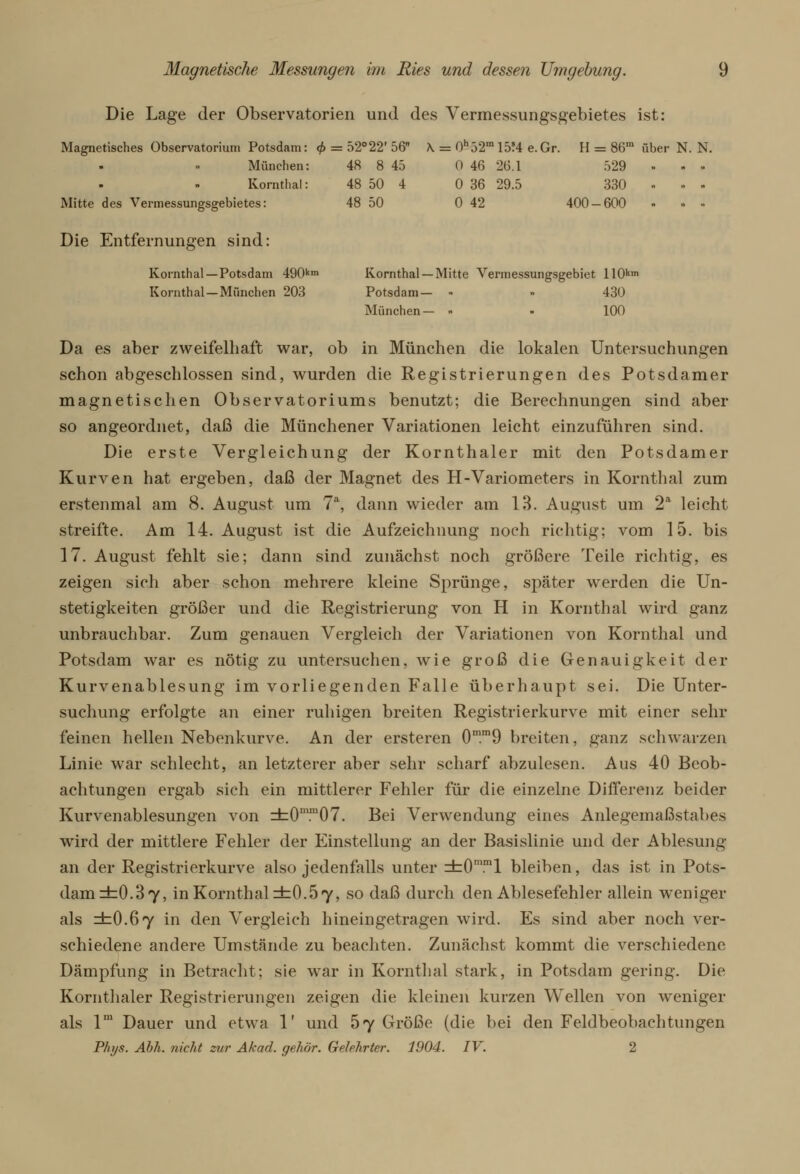 Die Lage der Observatorien und des Vermessungsgebietes ist: Magnetisches Observatorium Potsdam: <£ = 52°22' 56 \ = 0h52m15?4 e.Gr. H = 86m über N. N. München: 48 8 45 0 46 26.1 529 » » Kornthal: 48 50 4 0 36 29.5 330 Mitte des Vermessungsgebietes: 48 50 0 42 400-600 Die Entfernungen sind: Kornthal—Potsdam 490km Kornthal —Mitte Vermessungsgebiet 110k,n Kornthal—München 203 Potsdam— - . 430 München— - - 100 Da es aber zweifelhaft war, ob in München die lokalen Untersuchungen schon abgeschlossen sind, wurden die Registrierungen des Potsdamer magnetischen Observatoriums benutzt; die Berechnungen sind aber so angeordnet, daß die Münchener Variationen leicht einzuführen sind. Die erste Vergleichung der Kornthaler mit den Potsdamer Kurven hat ergeben, daß der Magnet des H-Variometers in Kornthal zum erstenmal am 8. August um 7a, dann wieder am 13. August um 2a leicht streifte. Am 14. August ist die Aufzeichnung noch richtig; vom 15. bis 17. August fehlt sie; dann sind zunächst noch größere Teile richtig, es zeigen sich aber schon mehrere kleine Sprünge, später werden die Un- stetigkeiten größer und die Registrierung von H in Kornthal wird ganz unbrauchbar. Zum genauen Vergleich der Variationen von Kornthal und Potsdam war es nötig zu untersuchen, wie groß die Genauigkeit der Kurvenablesung im vorliegenden Falle überhaupt sei. Die Unter- suchung erfolgte an einer ruhigen breiten Registrierkurve mit einer sehr feinen hellen Nebenkurve. An der ersteren 0mm9 breiten, ganz schwarzen Linie war schlecht, an letzterer aber sehr scharf abzulesen. Aus 40 Beob- achtungen ergab sich ein mittlerer Fehler für die einzelne Differenz beider Kurvenablesungen von d=0mm07. Bei Verwendung eines Anlegemaßstabes wird der mittlere Fehler der Einstellung an der Basislinie und der Ablesung an der Registrierkurve also jedenfalls unter =bOmml bleiben, das ist in Pots- dam ±0.3 7, in Kornthal ±0.57, so daß durch den Ablesefehler allein weniger als ±0.67 in den Vergleich hineingetragen wird. Es sind aber noch ver- schiedene andere Umstände zu beachten. Zunächst kommt die verschiedene Dämpfung in Betracht; sie war in Kornthal stark, in Potsdam gering. Die Kornthaler Registrierungen zeigen die kleinen kurzen Wellen von weniger als l™ Dauer und etwa 1' und 57 Größe (die bei den Feldbeobachtungen Phys. Abh. nicht zur Akad. gehör. Gelehrter. 1904. IV. 2