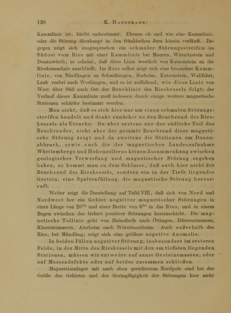 Kammlinie ist, bleibt unbestimmt. Ebenso ob und wie eine Kammlinie, oder die Störung überhaupt in den fränkischen Jura hinein verläuft. Da- gegen zeigt sich ausgesprochen ein schmaler Störungsstreifen im Südost vom Ries mit einer Kammlinic bei Mauren, Wörnitzstein und Donauwörth; es scheint, daß diese Linie westlich von Katzenstein an die Rieskammlinie anschließt. Im Ries selbst zeigt sich eine besondere Kamm- linie, von Nördlingen an Schmähingen, Sorheim. Katzenstein, Wallfahrt, Laub vorbei nach Wechingen, und es ist auffallend, wie diese Linie von West über Süd nach Ost der Bruchlinie des Rieskessels folgt; der Verlauf dieser Kammlinie muß indessen durch einige weitere magnetische Stationen schärfer bestimmt werden. Man sieht, daß es sich hier nur um einen schmalen Störungs- streifen handelt und denkt zunächst an den Bruchrand des Ries- kessels als Ursache. Da aber erstens nur der südliche Teil des Bruchrandes, nicht aber der gesamte Bruchrand diese magneti- sche Störung zeigt und da zweitens die Stationen am Donau- abbruch, sowie auch die der magnetischen Landesaufnahme Württembergs und Hohenzollerns keinen Zusammenhang zwischen geologischer Verwerfung und magnetischer Störung ergeben haben, so kommt man zu dem Schlüsse, daß auch hier nicht der Bruch rand des Rieskessels, sondern ein in der Tiefe liegendes Gestein, eine Spaltenfüllung, die magnetische Störung hervor- ruft. Weiter zeigt die Darstellung auf Tafel VIII, daß sich von Nord und Nordwest her ein Gebiet negativer magnetischer Störungen in einer Länge von 20k,n und einer Breite von 6km in das Ries, und in einem Bogen zwischen das Gebiet positiver Störungen hereinschiebt. Die mag- netische Tallinie geht von Hainsfarth nach Öttingen, Dürrenzimmern, Klosterzimmern, Alerheim nach Wörnitzostheim. Auch außerhalb des Ries, bei Mündling, zeigt sich eine größere negative Anomalie. In beidenFällen negativer Störung, insbesondere imersteren Felde, in der Mitte des Rieskessels mit den am tiefsten liegenden Stationen, müssen wir entweder auf saure Gesteinsmassen, oder auf Massendefekte oder auf beides zusammen schließen. Magneteisenlager mit nach oben gerichtetem Nordpole sind bei der Größe des Gebietes und der Geringfügigkeit der Störungen hier nicht