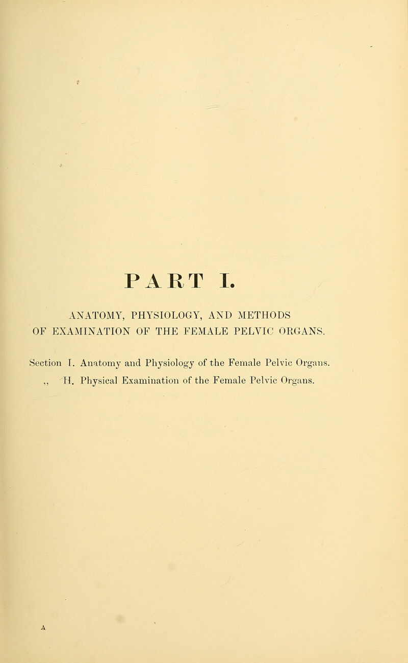 ANATOMY, PHYSIOLOGY, AND METHODS OF EXAMINATION OF THE FEMALE PELVIC ORGANS. Section I. Anatomy and Physiology of the Female Pelvic Organs. ,, II. Physical Examination of the Female Pelvic Organs.