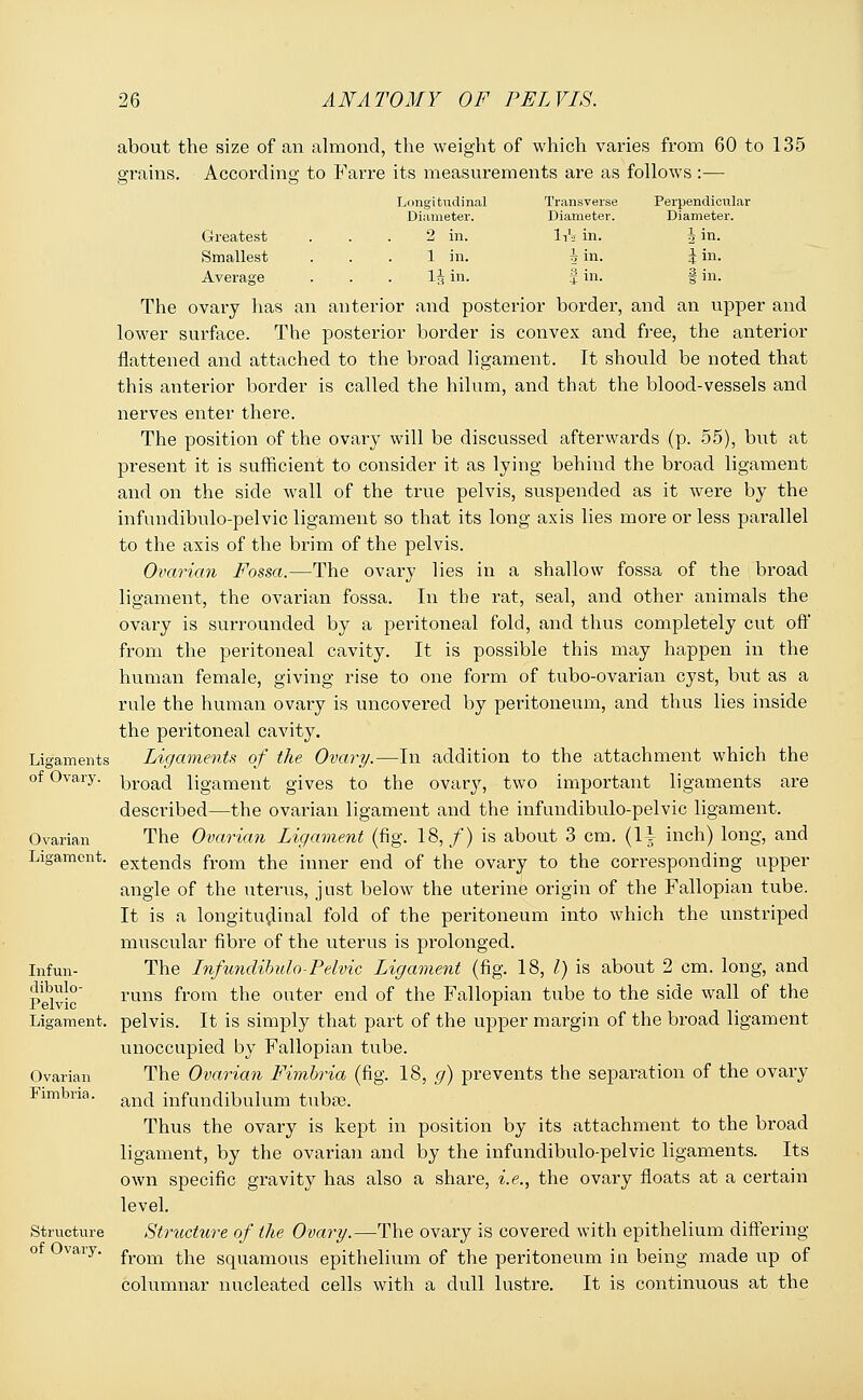 about the size of an almond, the weight of which varies from 60 to 135 trains. According; to Farre its measurements are as follows:— Longitudinal Diameter. Transverse Diameter. Perpendicular Diameter. Greatest 2 in. h\ in. Jin. Smallest 1 in. Hn. iin. Average 1& in. | in. fin. The ovary has an anterior and posterior border, and an upper and lower surface. The posterior border is convex and free, the anterior flattened and attached to the broad ligament. It should be noted that this anterior border is called the hilum, and that the blood-vessels and nerves enter there. The position of the ovary will be discussed afterwards (p. 55), but at present it is sufficient to consider it as lying behind the broad ligament and on the side wall of the true pelvis, suspended as it were by the infundibulo-pelvic ligament so that its long axis lies more or less parallel to the axis of the brim of the pelvis. Ovarian Fossa.—The ovary lies in a shallow fossa of the broad ligament, the ovarian fossa. In the rat, seal, and other animals the ovary is surrounded by a peritoneal fold, and thus completely cut off from the peritoneal cavity. It is possible this may happen in the human female, giving rise to one form of tubo-ovarian cyst, but as a rule the human ovary is uncovered by peritoneum, and thus lies inside the peritoneal cavity. Ligaments Ligaments of the Ovary.—In addition to the attachment which the of Ovary. ^roa(j ligament gives to the ovary, two important ligaments are described—the ovarian ligament and the infundibulo-pelvic ligament. Ovarian The Ovarian Ligament (fig. 18,/) is about 3 cm. (li inch) long, and Ligament. extends from the inner end of the ovary to the corresponding upper angle of the uterus, just below the uterine origin of the Fallopian tube. It is a longitudinal fold of the peritoneum into which the unstriped muscular fibre of the uterus is prolonged. Infun- The Infundibulo-Pelvic Ligament (fig. 18, I) is about 2 cm. long, and Pelvic runs from tne outer enc* of tne Fallopian tube to the side wall of the Ligament, pelvis. It is simply that part of the upper margin of the broad ligament unoccupied by Fallopian tube. Ovarian The Ovarian Fimbria (fig. 18, g) prevents the separation of the ovary Fimbria. an(j mfUndrbulum tubse. Thus the ovary is kept in position by its attachment to the broad ligament, by the ovarian and by the infundibulo-pelvic ligaments. Its own specific gravity has also a share, i.e., the ovary floats at a certain level. Structure Structure of the Ovary.—The ovary is covered with epithelium differing 0 vaiy from the squamous epithelium of the peritoneum in being made up of columnar nucleated cells with a dull lustre. It is continuous at the