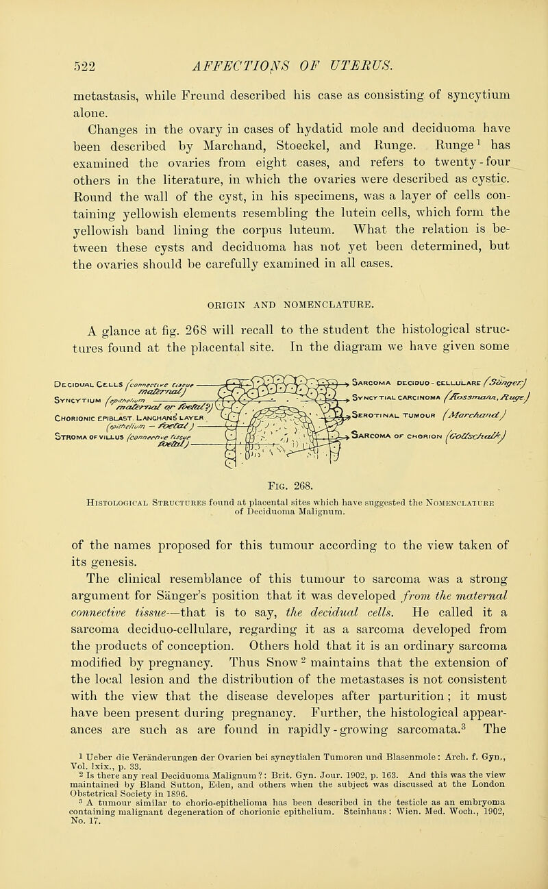 metastasis, while Freund described his case as consisting of syncytium alone. Changes in the ovary in cases of hydatid mole and deciduoma have been described by Marchand, Stoeckel, and Runge. Rungel has examined the ovaries from eight cases, and refers to twenty-four others in the literature, in which the ovaries were described as cystic. Round the wall of the cyst, in his specimens, was a layer of cells con- taining yellowish elements resembling the lutein cells, which form the yellowish band lining the corpus luteum. What the relation is be- tween these cysts and deciduoma has not yet been determined, but the ovaries should be carefully examined in all cases. ORIGIN AND NOMENCLATURE. A glance at fig. 268 will recall to the student the histological struc- tures found at the placental site. In the diagram we have given some Decidual Cells tconnertfe cusur 1 maZlrna/J Syncytium fepdfie/t Chorionic epiblast. Lanchans' layer {rpirf>e/iv/n — /iieta/J Stroma of villus /connerft^e tissue ^ Sarcoma deciduo- cellulare (Sanger! ^ Syncytial carcinoma /jTossmcvm,Slug'eJ Serotinal tumour {AfarcAart&J Sarcoma of chorion (Goitsc/ia&cJ Fig. 268. Histological Structures found at placental sites which have suggested the Nomenclature of Deciduoma Malignum. of the names proposed for this tumour according to the view taken of its genesis. The clinical resemblance of this tumour to sarcoma was a strong argument for Sanger's position that it was developed from the maternal connective tissue—that is to say, the decidual cells. He called it a sarcoma deciduo-cellulare, regarding it as a sarcoma developed from the products of conception. Others hold that it is an ordinary sarcoma modified by pregnancy. Thus Snow 2 maintains that the extension of the local lesion and the distribution of the metastases is not consistent with the view that the disease developes after parturition; it must have been present during pregnancy. Further, the histological appear- ances are such as are found in rapidly - growing sarcomata.3 The 1 Ueber die Veranderungen der Ovarien bei syncytialen Tumoren und Blasenmole: Arch. f. Gyn., Vol. lxix., p. 33. 2 Is there any real Deciduoma Malignum ?: Brit. Gyn. Jour. 1902, p. 163. And this was the view maintained by Bland Sutton, Eden, and others when the subject was discussed at the London Obstetrical Society in 1896. 3 A tumour similar to chorio-epithelioma has been described in the testicle as an embryorna containing malignant degeneration of chorionic epithelium. Steinhaus : Wien. Med. Woch., 1902, No. 17.