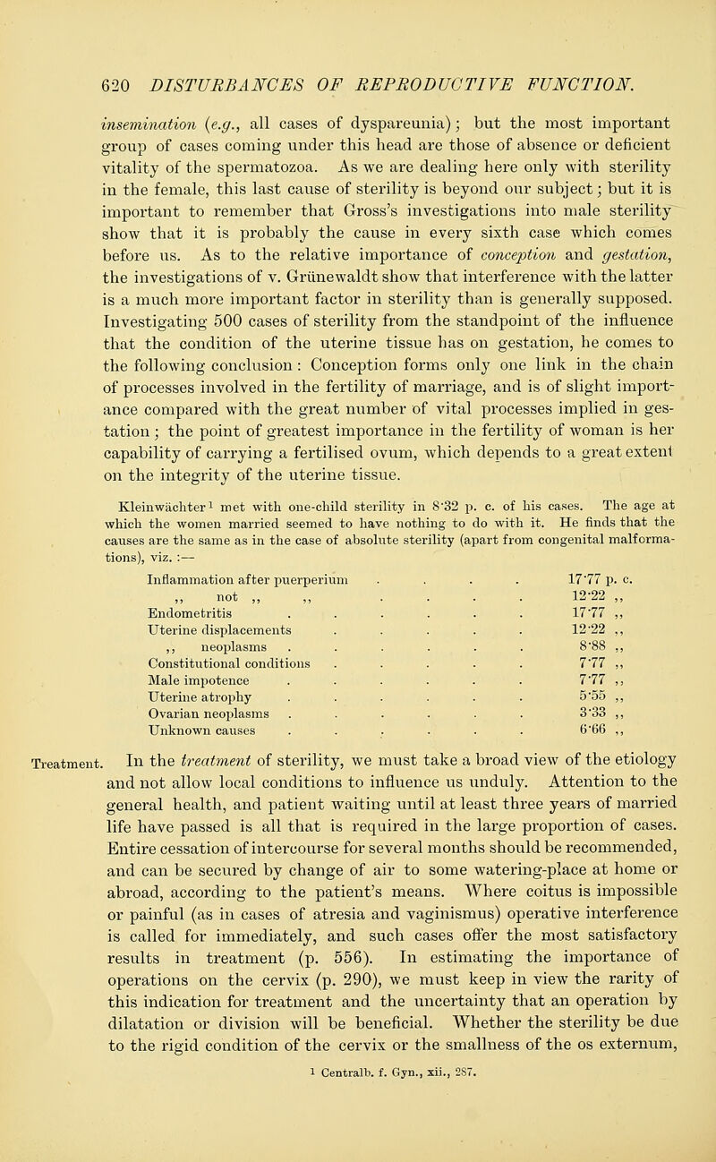 insemination (e.g., all cases of dyspareunia)• but the most important group of cases coming under this head are those of absence or deficient vitality of the spermatozoa. As we are dealing here only with sterility in the female, this last cause of sterility is beyond our subject; but it is important to remember that Gross's investigations into male sterility show that it is probably the cause in every sixth case which comes before us. As to the relative importance of conception and gestation, the investigations of v. Griinewaldt show that interference with the latter is a much more important factor in sterility than is generally supposed. Investigating 500 cases of sterility from the standpoint of the influence that the condition of the uterine tissue has on gestation, he comes to the following conclusion: Conception forms only one link in the chain of processes involved in the fertility of marriage, and is of slight import- ance compared with the great number of vital processes implied in ges- tation ; the point of greatest importance in the fertility of woman is her capability of carrying a fertilised ovum, which depends to a great extent on the integrity of the uterine tissue. Kleinwachter1 met with one-child sterility in 832 p. c. of his cases. The age at which the women married seemed to have nothing to do with it. He finds that the causes are the same as in the case of absolute sterility (apart from congenital malforma- tions), viz. :— Inflammation after puerperium .... 17*77 p. c. 12-22 ,, ,, IIUU ,, ,, Endometritis 1777 Uterine displacements 12-22 ,, neoplasms 8-88 Constitutional conditions 777 Male impotence 7-77 Uterine atrophy 5-55 Ovarian neoplasms 3-33 Unknown causes 6-66 Treatment. In the treatment of sterility, we must take a broad view of the etiology and not allow local conditions to influence us unduly. Attention to the general health, and patient waiting until at least three years of married life have passed is all that is required in the large proportion of cases. Entire cessation of intercourse for several months should be recommended, and can be secured by change of air to some watering-place at home or abroad, according to the patient's means. Where coitus is impossible or painful (as in cases of atresia and vaginismus) operative interference is called for immediately, and such cases offer the most satisfactory results in treatment (p. 556). In estimating the importance of operations on the cervix (p. 290), we must keep in view the rarity of this indication for treatment and the uncertainty that an operation by dilatation or division will be beneficial. Whether the sterility be due to the rigid condition of the cervix or the smallness of the os externum, i Centralb. f. Gyn., xii., 2S7.