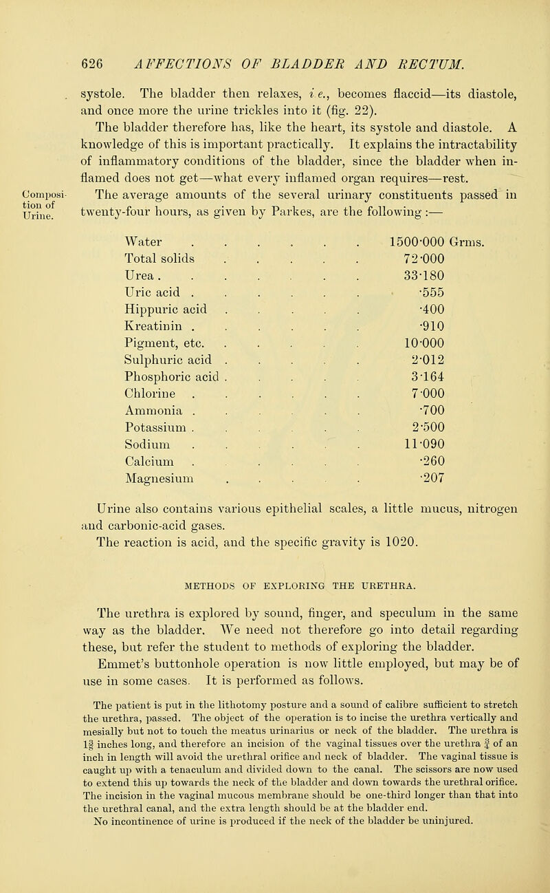 (Jomposi tion of Urine. systole. The bladder then relaxes, i.e., becomes flaccid—its diastole, and once more the urine trickles into it (fig. 22). The bladder therefore has, like the heart, its systole and diastole. A knowledge of this is important practically. It explains the intractability of inflammatory conditions of the bladder, since the bladder when in- flamed does not get—what every inflamed organ requires—rest. The average amounts of the several urinary constituents passed in twenty-four hours, as given by Parkes, are the following :— Water Total solids Urea . Uric acid . Hippuric acid Kreatinin . Pigment, etc. Sulphuric acid Phosphoric acid Chlorine Ammonia Potassium Sodium Calcium Magnesium 1500-000 Gnus. 72-000 33-180 •555 •400 •910 10-000 2-012 3-164 7-000 •700 2-500 11-090 •260 •207 Urine also contains various epithelial scales, a little mucus, nitrogen and carbonic-acid gases. The reaction is acid, and the specific gravity is 1020. METHODS OF EXPLORING THE URETHRA. The urethra is explored by sound, finger, and speculum in the same way as the bladder. We need not therefore go into detail regarding these, but refer the student to methods of exploring the bladder. Emmet's buttonhole operation is now little employed, but may be of use in some cases. It is performed as follows. The patient is put in the lithotomy posture and a sound of calibre sufficient to stretch the urethra, passed. The object of the operation is to incise the urethra vertically and mesially but not to touch the meatus urinarius or neck of the bladder. The urethra is 1§ inches long, and therefore an incision of the vaginal tissues over the urethra f of an inch in length will avoid the urethral orifice and neck of bladder. The vaginal tissue is caught up with a tenaculum and divided down to the canal. The scissors are now used to extend this up towards the neck of the bladder and down towards the urethral orifice. The incision in the vaginal mucous membrane should be one-third longer than that into the urethral canal, and the extra length should be at the bladder end. No incontinence of urine is produced if the neck of the bladder be uninjured.