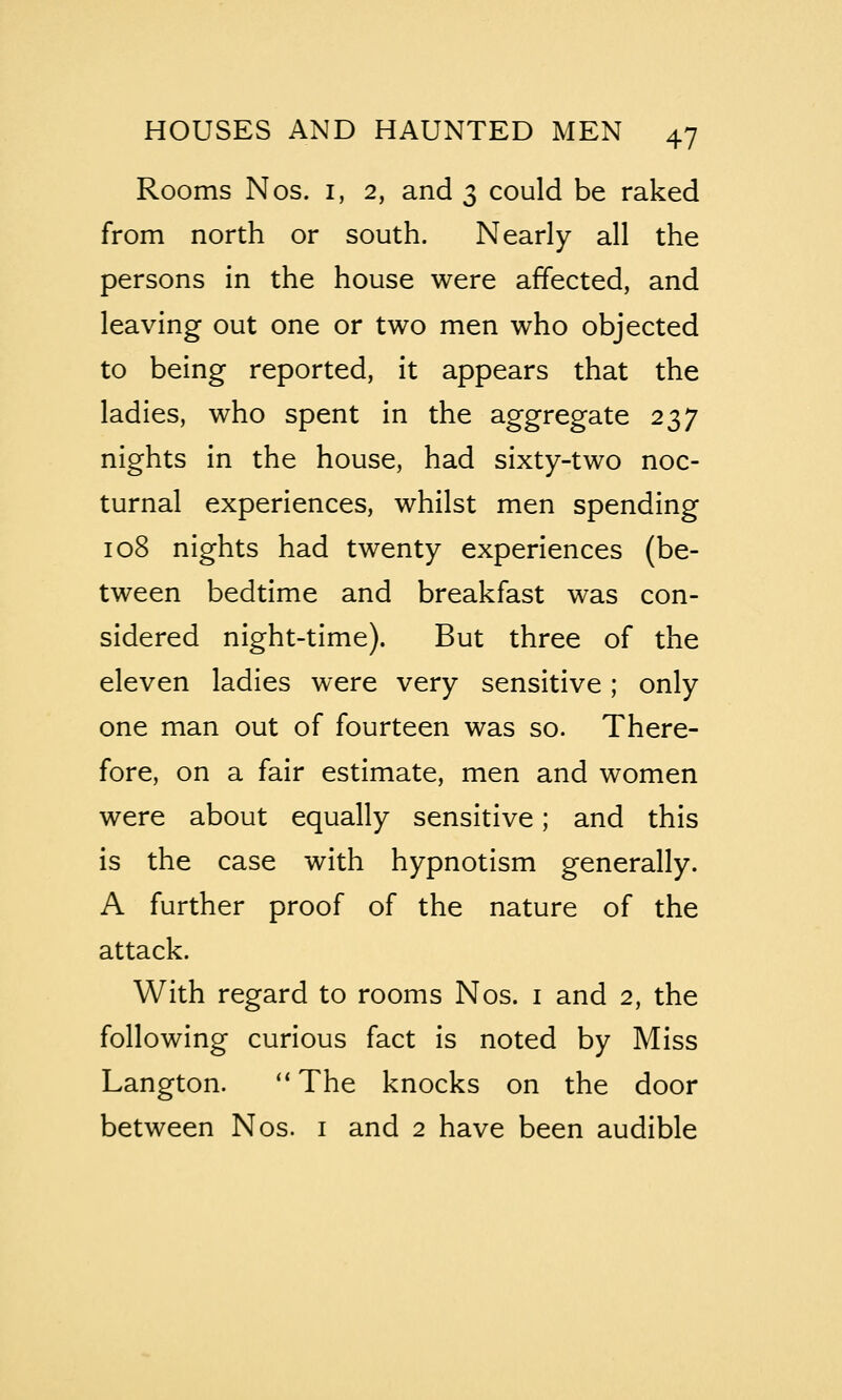 Rooms Nos. i, 2, and 3 could be raked from north or south. Nearly all the persons in the house were affected, and leaving out one or two men who objected to being reported, it appears that the ladies, who spent in the aggregate 237 nights in the house, had sixty-two noc- turnal experiences, whilst men spending 108 nights had twenty experiences (be- tween bedtime and breakfast was con- sidered night-time). But three of the eleven ladies were very sensitive; only one man out of fourteen was so. There- fore, on a fair estimate, men and women were about equally sensitive; and this is the case with hypnotism generally. A further proof of the nature of the attack. With regard to rooms Nos. i and 2, the following curious fact is noted by Miss Langton. '* The knocks on the door between Nos. i and 2 have been audible