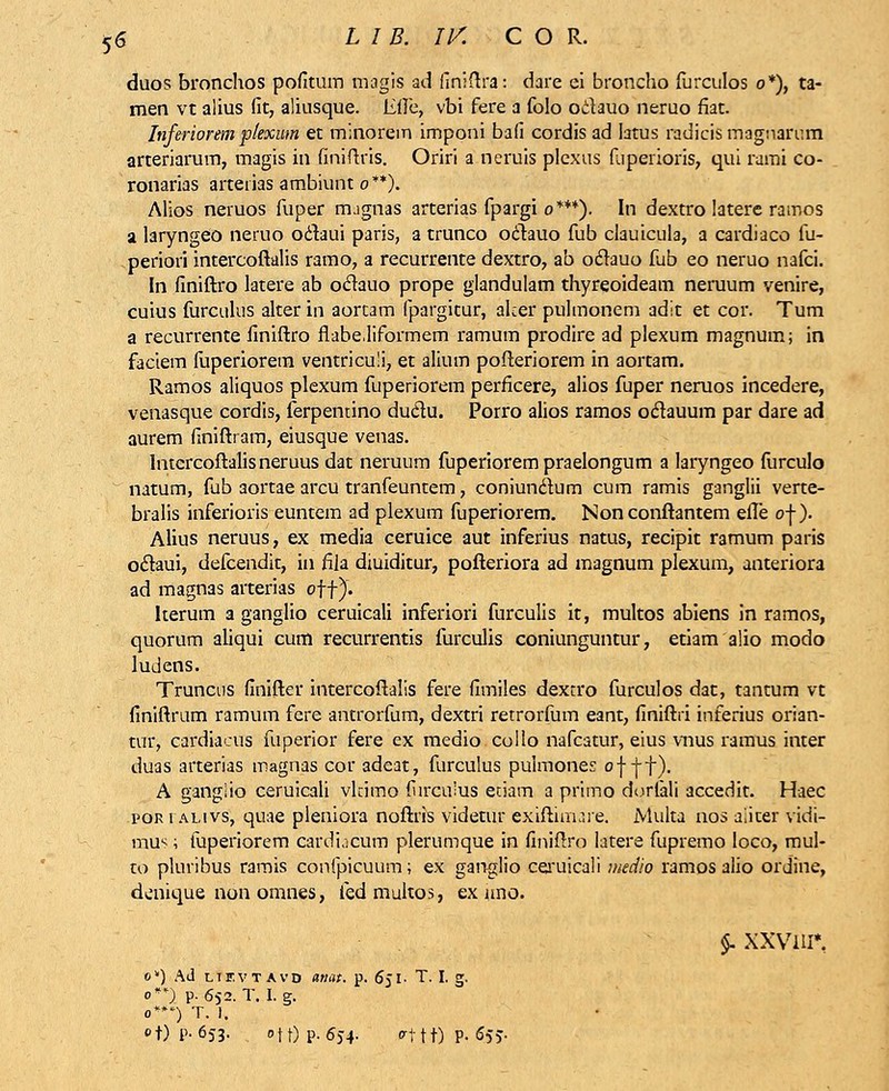 duos bronchos pofitum magis ad finiftra: dare ei broncho furculos o*), ta- men vt alius fit, aliusque. iitfe, vbi fere a folo octauo neruo flat. Inferiorem plexwn et minorem imponi bafi cordis ad Iatus radicis magnarnm arteriarum, magis in finiftris. Oriri a neruis plexus fupeiioris, qui rami co- ronarias arteiias ambiunt o**). Alios neruos fuper mjgnas arterias fpargi o***). In dextro Iatere ramos a laryngeo neruo o&aui paris, a trunco ocTauo fub clauicula, a cardiaco fu- periori intercoftalis ramo, a recurrente dextro, ab ocTauo fub eo neruo nafci. In finiftro latere ab ocTauo prope glandulam thyreoideam neruum venire, cuius furculus alter in aortam (pargitur, aker pulmonem adit et cor. Tum a recurrente llniftro flabe.liformem ramum prodire ad plexum magnum; in faciem fuperiorem ventriculi, et alium pofteriorem in aortam. Ramos aliquos plexum fuperiorem perficere, alios fuper neruos incedere, venasque cordis, ferpentino ducTu. Porro alios ramos ocTauum par dare ad aurem finiftram, eiusque venas. lntcrcoftalisneruus dat neruum fuperiorem praelongum a Iaryngeo furculo natum, fub aortae arcu tranfeuntem, coniuncwm cum ramis ganglii verte- bralis inferioris euntem ad plexum fuperiorem. Nonconftantem efle o|). Alius neruus, ex media ceruice aut inferius natus, recipit ramum paris ocTaui, defcendit, in nTa diuiditur, pofteriora ad magnum plexum, anteriora ad magnas arterias off). Iterum a ganglio ceruicali inferiori furculis it, multos abiens in ramos, quorum ahqui cum recurrentis furculis coniunguntur, etiam alio modo ludens. Truncus finifter intercoftalis fere fimiles dexrro furculos dat, tantum vt finiftrum ramum fere antrorfum, dextri retrorfum eant, finiftri inferius orian- tur, cardiacus fuperior fere ex medio collo nafcatur, eius vnus ramus inter duas arterias magnas cor adeat, furculus pulmones of-f-f). A ganglio ceruicali vhimo furcuius etiam a primo dorfeli accedit. Haec pori alivs, quae pleniora noftris videtur exiftimare. xMulta nos aiiter vidi- mus; fuperiorem cardiacum plerumque in finiftro latere fupremo loco, mul- to pluribus ramis confpicuum; ex ganglio ceiuicali medio ramos alio ordine, dcnique non omnes, iedmultos, ex nno. $. xxvnr. ov) Ad lievtavd anat. p. 651. T. I. g. o*) p. 652. T. I. g. 0**-) T. 1.