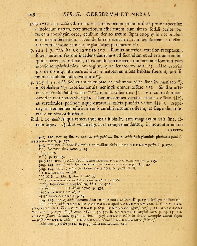 pag. 121.1.14. adde CI. lobstein eius ramumprimum dicit pone proceflum clinoideum natum, rete arteriofum efficientem cum altero fodali pariter po- ne eam apophyfin orto, etalium denuo arcum fupra apophylin cccipitalem anteriorem facientem. Deinde furculi eunt in duram membranam, in feilaoi turcicam et pone eam;inqueglandulam pituitariam k*). p. 122.I.7. adde Ita lobsteinivs. Ramus anterior exterior receptaculi, fuper neruum fexcum incedens datramos ad fecundum et ad tertium ramum quinti paris; ad orbitam, eiusque duram matrem, qui facit anaftomofin cum arteriolae ophthalmicae propagine, quae leuatorem adit n*). Hae arteriae pro neruis a quinto pare ad duram uutrem euntibus habitae fuerunt, potiiTi- mum furculi laterales externi n**). p. 125.1. 11. adde Sed etiam calculofae et induratae vifae funt in maniaco *), in cephalaca **); arteriae tenuis meningis omnes ofleae ***). Siniftra arte-1 ria vertebralis fubdura alba ****), et alias oflea tota f). Vir cum obliterata carotide tres annos vixit ff). Demum omnes cerebri arteriae ofleae ttt)> et vertebraJes perinde atque carotides ofleis punclis variae tftt)- Appa- ret, et frequentem efle in arteriis cerebri naturam ofleam, et faepe diu tole- rari cum vita orthoftadia. ibid. I. 20. adde Aliqua tamen inde mala fubinde, tam magnacum vafa fint, fe- cuta legas. Quibus venae iugulares comprehenduntur, ii linquuntur animo ARISTO- pag. 120. not. z) lin. j. adde de vfu pulf — lin, 2. adde Sub glandula pituitaria poni C. stephanvs, p. 252. pag 121. not. b) adde Ex multis animalibus defcribit d u v E r N E y poftk. I. p. 574. k*) De neru. dur. matr. p. 14. '«*) p. 15. b**) p- 17. 19- pag. 122. not. iij addc Per fiffuram Iaceram monro bones nerues, p. 119. pag. 123. not. c) adde Orbitaria externa d uverney pofik. I. p. 20. pag. 124. not. r) adde Sat bene santorin. pofih. T.II. *) harmers in difl*. ** ) E. N. C. Dec. I. Ann. I. obf 27. ***) MORGAGKI defed. et canf. morb. I. p. 295. *.***) Equidem in apoplectico, Id. II. p. 402. |) ld. ibid. ft) Mhn. 1765. p. 484. ttt) bvchwald obf.%. tttt) morgagni I. p.28. pag. 125. not. c) adde Breuem duarum horarum emett II. p. 331. fed ego nullum vidi. ibid. nor. e) adde galen l.c. colvmbvs apud valverdam anat. L VI C. 2. s a n- ctorivs in I. Fen avi cennae p. 629. fon tan vs rcfponf conf.' p. 11. imorgagni Sed. cauf I. p. igo. Epift. anat. XIV. n. 30. 33. B. langrish mufcuL mot. p. 14. t^. pa- risot Journ. de med. 1756. Ianvier. — pojl emett adde In altero exerirplo tamen fopor _ poft s w 1 £ t e n adde drei. inco u BT Canicid. s t 0 l t E tnort. fubmt rf ibid. not. g) dele willis p. 58- Eani anaftomofin cet.
