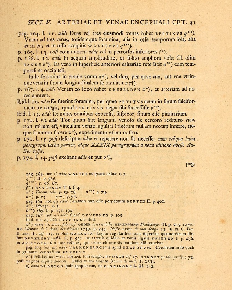 pag. 164. 1. n. adde Duas vel tres eiusmodi venas habet bertinvs q**). Vnam ad tres venas, totidemque foramina, alia in ofle temporum fola, alia et in eo, et in offe occipitis waltervs q***). p. 165.1. 13. pojl communicat adde vel in petrorfos inferiores/*). p. 166.I. 12. adde In aequali amplitudine, et folito ampliora vidit Cl. olim ianke n*). En vena in fuperficie anteriori caluariae retefacit n**) cum tem- porali et occipitali. Inde foramina in cranio vnum wf). vel duo, per qnae vna, aut vna vtrin- quevenain finum longitudinalem fe immittit nf-f). p. 167.1. 4. adde Venam eo loco habet cheselden x*)7 et arteriam ad na- res euntem. ibid. 1.1 o. addeEa fuerintforamina, per quae petitvs acum in finumfalcifor- mem ire coegit, quod bertinvs negat fibi fucceflitle b**). ibid. I. 13. adde Et nunc, omnibus expenfis, fufpicor, finum efle pituitarium. p. 170.1. vlt. adde Tot quum fint fanguini venofo de cerebro redituro viae, non mirum eft, vinculum venae iugulari inieclum nullam noxam inferre, ne- que fomnum facere z*)7 experimento etiam noftro. p, 171.1. 15.pojl defcriptus adde vt repetere non fit necefle; nam reliqua huius paragraphi verba pariter, atque XXXIX paragraphum a noua editione abejje Au- ffior iujfit. p. 174.1+14- poji excitant adde et pus 0 *), pag. pag. 164. not. i) adde walter exiguam habet t. 2. ?**-) II. p. 366. #***) p. 66. 67. _/*) DVV F.RN E Y T. I. f. 4. n*) Foratn. calit. p. 58. j6. »**) p. 74. »j) P-73- Ktt) P-75- pag. 166 not. q) adde Foramen non effe perpetuum bertin II. p. 400. x*) Ofteogr. c. 1. b**) Obf II. p. 131. 132. pag. 167. not. d) adde Conf. dwerney p. ioy. ibid. not. e) adde dvvebney ibid. z*) STOI.TE mort. fnbmerf. oeder deirritabilit. wevehmann Phifiologie, III. p. 215. LAMV- re Memoir. de.1' AcM. des fciences 1749. p. 544. Noftr. exper. de mot.fangu. 13. E. N. C. Dec. II. ann. III. obf. 115. et olim galekvs. Ligatis iugularibus canis fuperfuit quatuordecim die- bus dvvkrstey fofth. II. p. 531. ne arteriis qnidem et venis ligatis swieten I. p. 2g6. et aris t ote le m huc referas, qui venas ab arteriis nondiim diftinguebat. pag. 174 not. m) adde valkenbvrgivs apud neandrvm. Cerebrum inde quafi in grumum centractum BVRRHVS. 0 *) Poft lapfum willis abd. tum monftr. rvmler obf 17. bommet prodr. praCt. c. 72. poft magnos capitis dolores. Felici etiani euentu Jovrn. de med. T. XVII. p) adde wharton poft apoplexiam, fic binnin Ger L. III. c 2.