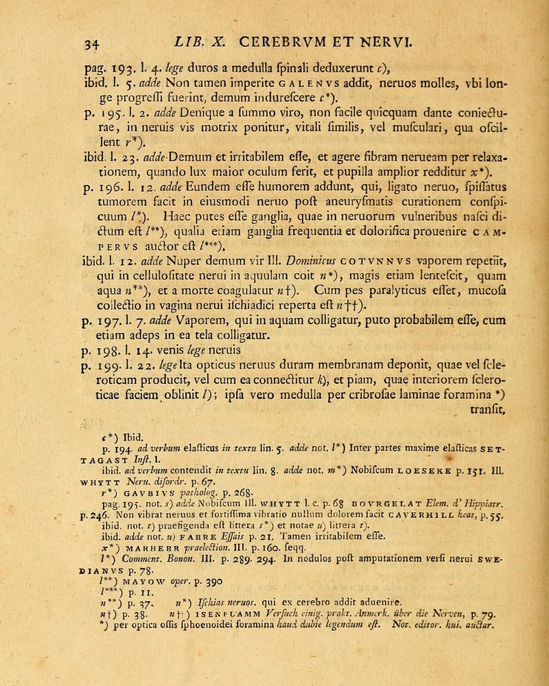 pag. 193,1. 4. tege duros a medulla fpinali deduxerunt c), ibid. !. 5. adde Non tamen imperite galenvs addit, neruos molles, vbi lon- ge progreffi fuerint, demum indurefcere c*). p. 1 95.1. 2. adde Denique a fummo viro, non facile quicquam dante coniectu- rae, in neruis vis motrix ponitur, vitali fimilis, vel mufculari, qua ofcii- lent r*). ibid. 1. 23. adde-T>tmmr\ et irritabilem efle, et agere fibram nerueam per relaxa- tionem, quando lux maior oculum ferit, et pupilla amplior redditur x*). p. 196.1. 12. adde Eundem effe humorem addunt, qui, ligato neruo, fpiflatus tumorem facit in eiusmodi neruo poft aneuryfmatis curationem confpi- cuum /*). Haec putes effe ganglia, quae in neruorum vulneribus nafci di- clum eft /**), qualia edam ganglia frequentia et dolorifka prouenire c a m- p e r v s au&or eft /***); ibid. 1. 12. adde Nuper demum vir II!. Dominuus cotvnnvs vaporem repetiit, qui in cellulofitate nerui in aquulam coit «*), magis eriam lentefcit, quam aqua k**), et a morte coagulatur n\). Cum pes paralyticus effet, mucofa coileclio in vagina nerui ifchiadici reperta eft raff). p. 197.1. 7. adde Vaporem, qui in aquam colligatur, puto probabilem effe, cum etiam adeps in ea tela colligatur. p. 198.1. 14- venis lege neruis p. 199.1. 22. tegeka opticus neruus duram membranam deponit, quae vel fcle- roticam producit, vel cum ea connectitur k), et piam, quae interiorem fclero- tieae faciem oblinit l); ipfa vero medulla per cribrofae laminae foramina *) tranfit, **) Ibid. p. 194. ad verbum elafticus in textu lin. 5. adde not. I*) Inter partes maxime elafticas skt- T A G A S T Inft. I. ibid. adverbum contendit in textu lin. 8- adde not. m*) Nobifcum loeseke p. 151. 111. whytt Neru. difordr. p-67. r*) gavbivs pathohg. p. 268- pag. 195. not. s) adde Nobifcum t II- whytt 1. c. p. 6g dovrgelat Elem. d'Hipviatr. p. 246. Non vibrat neruus et fortiffima vibratio riullum doloremfacit c A verhi ll hcat, p.55. ibid. not. r) praefigenda efl littera s*) et notae u) litrera t). ibid. adde not. u) fabre EJfais p. 21. Tamen irritabilem effe. x*) marherr praekclion. III. p. 160. feqq. /*) Commcnt. Bonon. III. p. 289- 294. Ih nodulos poft amputationem verfi nerui swe- dianvs p. 78- /**) mayow oper. p. 390 /***) p. II. »**) p. 37» «*) Ifchias neruos. qui es cerebro addit aduenire. «f) p. 38- Btl) isenflamm Verftch cinig. praht. Annurk. tiber die Ncrvetl, p. 79. *) per optica offis fphoenoidei foramina haud dabie kgcndum eft. Not. editor. hui. audar.