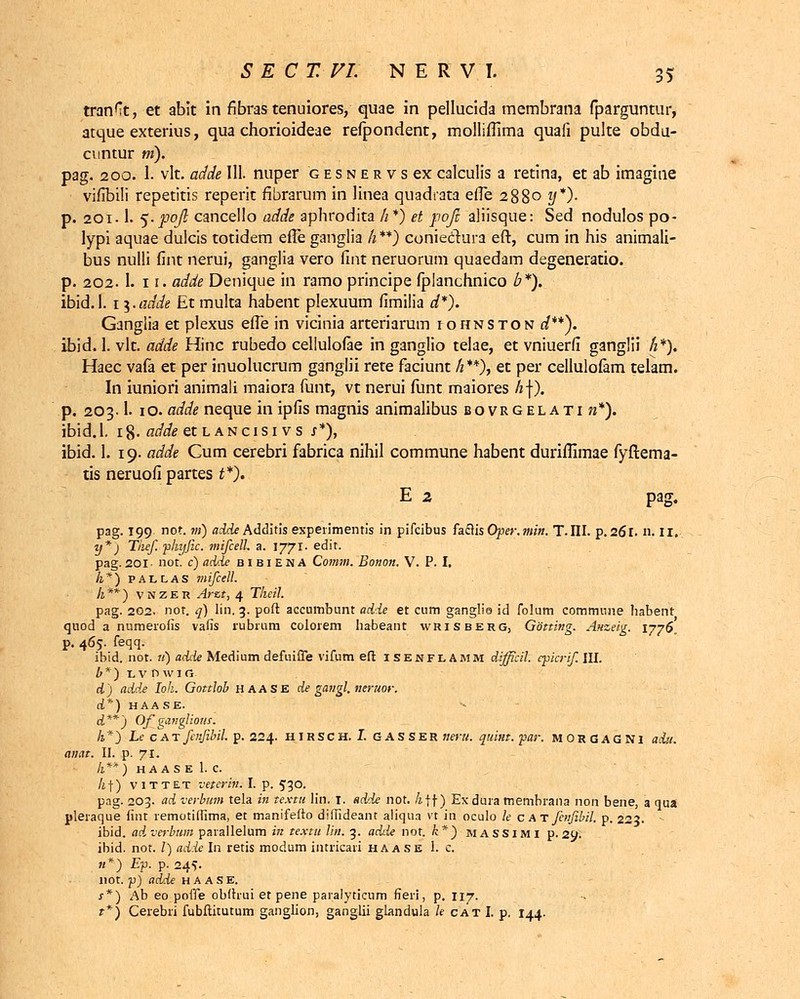 tranft, et abit in fibrastenuiores, quae in pellucida membrana fparguntur, atque exterius, qua chorioideae refpondent, molliflima quafi pulte obda- cuntur m). pag. 200. 1. vlt. adde III. nuper gesnervscx calculis a retina, et ab imagine vifibili repetitis reperit fibrarum in linea quadrata efie 2880 y*). p. 201 • 1. %-foji cancello adde aphrodita h*) et poji aliisque: Sed nodulos po- lypi aquae dulcis totidem efle ganglia h **) coniedtura eft, cum in his animali- bus nulli fint nerui, ganglia vero fint neruorum quaedam degeneratio. p. 202. 1. 11. adde Denique in ramo principe fplanchnico b*). ibid.l. 1 i-adde Et multa habent plexuum fimilia d*). Ganglia et plexus etTe in vicinia arteriarum iohnston d**). ibid. 1. vlt. adde Hinc rubedo cellulofae in ganglio telae, et vniuerfi ganglii h*). Haec vafa et per inuolucrum ganglii rete faciunt /2**), et per cellulofam telam. In iuniori animali maiora funt, vt nerui funt maiores h\). p. 203.1. 1 o. adde neque in ipfis magnis animalibus bovrgelati n*). ibid.I. i§. adde etLANcisivs s*), ibid. 1. 19. adde Cum cerebri fabrica nihil commune habent duriffimae fyftema- tis neruofipartes t*). E 2 pag. pag. 199 nof. m) adde Additis expeiimentis in pifcibus fa.8isQper.min. T.M. p.261. n. 11. y*j Thef. •phyfic. mifcell. a. 1771. edit. pag. 201 • not. c) adde bibiena Comm. Bonon. V. P. I. h*) pallas mifcell. h**) VNZER Arct, 4 Theil. pag. 202. not. q) lin. 3. poft accumbunt adde et cum ganglie id folum commune liabent quod a numeiofis vafis rubrum colorem habeant wrisberg, Gotting. Anzeig. 1776. p. 465. feqq. ibid. not. u) adde Medium defuifle vifum efl isenflamm difficil. cpicrif. III. b*) Lvnwifi. d) adde Ioh. Gottloh haase de gangl. neruor. d*) HAASE. ^**) Of gangliow. h*) Iccatfcnjibil. p. 224. HIRSCH. I. GASSER neru. quint. far. MOSGAGNI aiu. anat. II. p. 71. h**) haas e 1. c. /tf) vittet vetcrin. I. p. 530. pag. 203. ad verbum tela in textu lin. I. adde not. /zff) Exdura membrana non bene, a qua pleraque fint remotiffima, et manifefto ditfideant aliqua vt in oculo le c A T fcnfibil. p. 223. - ibid. aiverbum parallelum in te.xtu lin. 3. adde not. k*') massimi p. 2Q1 ibid. not. /) adde In retis modum intricari haase 1. c. n*) Ep. p. 245. not. p) adde haase. s*) Ab eo poife obfirui et pene paralyticum fTerj, p. 117. t*) Cerebri fubflitutum ganglion, ganglii glandula le cat I. p. 144.