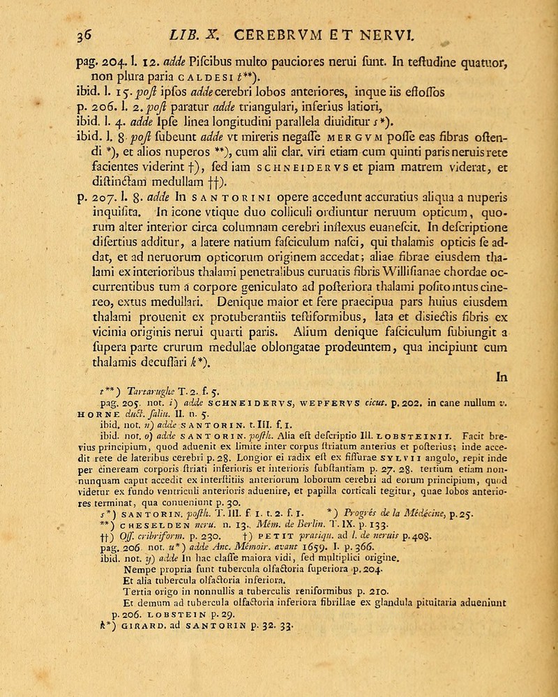 pag. 204.1. 12. adde Pifcibus multo pauciores nerui funt. In teftudine quatuor, non plura paria c aldesi t**). ibid. 1. i^.pojl ipfos addecevsbn lobos anteriores, inque iis efloflbs p. 206.1. 2.poJl paratur adde triangulari, inferiqs latiori, ibid. 1. 4. adde Ipfe linea longitudini parallela diuiditur s*). ibid. 1. 8-pojl fubeunt adde vt mireris negafle mergvji pofTe eas fibras often- di *), et alios nuperos **), cum alii clar. viri etiam cum quinti paris neruis rete facientes viderint f), fed iam scHNEiDERVset piam matrem viderat, et diftin&am medullam ff). p. 207.1. 8- &dde In santokini opere accedunt accuratius aliqua a nuperis inquifita. In icone vtique duo colliculi ordiuntur neruum opticum, quo- rum alter interior circa columnam cerebri inflexus euanefcit. In defcriptione difertius additur, a latere natium fafciculum nafci, qui thalamis opticis fe ad- dat, et ad neruorum opticorum originem accedat; aliae fibrae eiusdem tha- lami ex interioribus thalami penetralibus curuacis iibrisWillifianae chordae oc- currentibus tum a corpore geniculato ad pofteriora thalami pofitointuscine- reo, extus medullari. Denique maior et fere praecipua pars huius eiusdem thalami prouenit ex protubcrantiis teftiformibus, lata et disieclis fibris ex vicinia originis nerui quarti paris. Alium denique fafciculum fubiungit a fupera parte crurum medullae oblongatae prodeuntem, qua incipiunt cum thalamis decuflari k *). In t**) Tartarugke T. 2. f. 5. pag. 205. not. z) adde schneidervS, wepfervs cicut. p.202. in cane nullum v. H o R N z ducl. faliu. II. n. 5. ibid. not. ?i) adde santohin. t. III. f. 1. ibid. not. 0) adde santorin. ■pofik. Alia eft defcriptio 111. lobsteinit. Facit bre- vins principium, quod aduenit ex limite inter corpus itriatum anterius et pofterius; inde acce- dit rete de lateribus cerebri p. 28. Longior ei radix eft ex fiffurae syivii angulo, repit inde per cineream corporis ftriati inferioris et interioris fubftantiam p. 27. 28- tertium etiam non- nunquam capnt accedit ex interftitiis anteriorum loborum cerebri ad eorum principium, quod videtur ex fundo ventriculi anterioris aduenire, et papilla corticali tegitur, quae lobos anterio- res terminat, qua conueninnt p. 30. s*) SANTORIN. ■pofih. T. 111. f I. t. 2. f. I. *) Progres de la Medecine, p.2J. **) cheselden neru. n. 13.. Mem. de Berlhi. T. IX. p. 133. ff) Off. cribriform. p. 230. t) petit pratiqu. ad /. de neruis p-408- pag. 206 not. tt*) adde Anc. Memoir. avant 1659. I. p. 366. ibid. not. y) adde In hac claffe maiora vidi, fed multiplici origine. Nempe propria funt tubercula olfaftoria fuperiora p.204- Et alia tubercula olfatloria inferiora. Tertia origo in nonnullis a tuberculis reniformibus p. 210. Et demum ad tubercula olfactoria inferiora fibrillae ex glandula pituitaria adueniunt p. 206. lobstein p. 29. k*) GIRARD. ad SANTORIN p. 32. 33.
